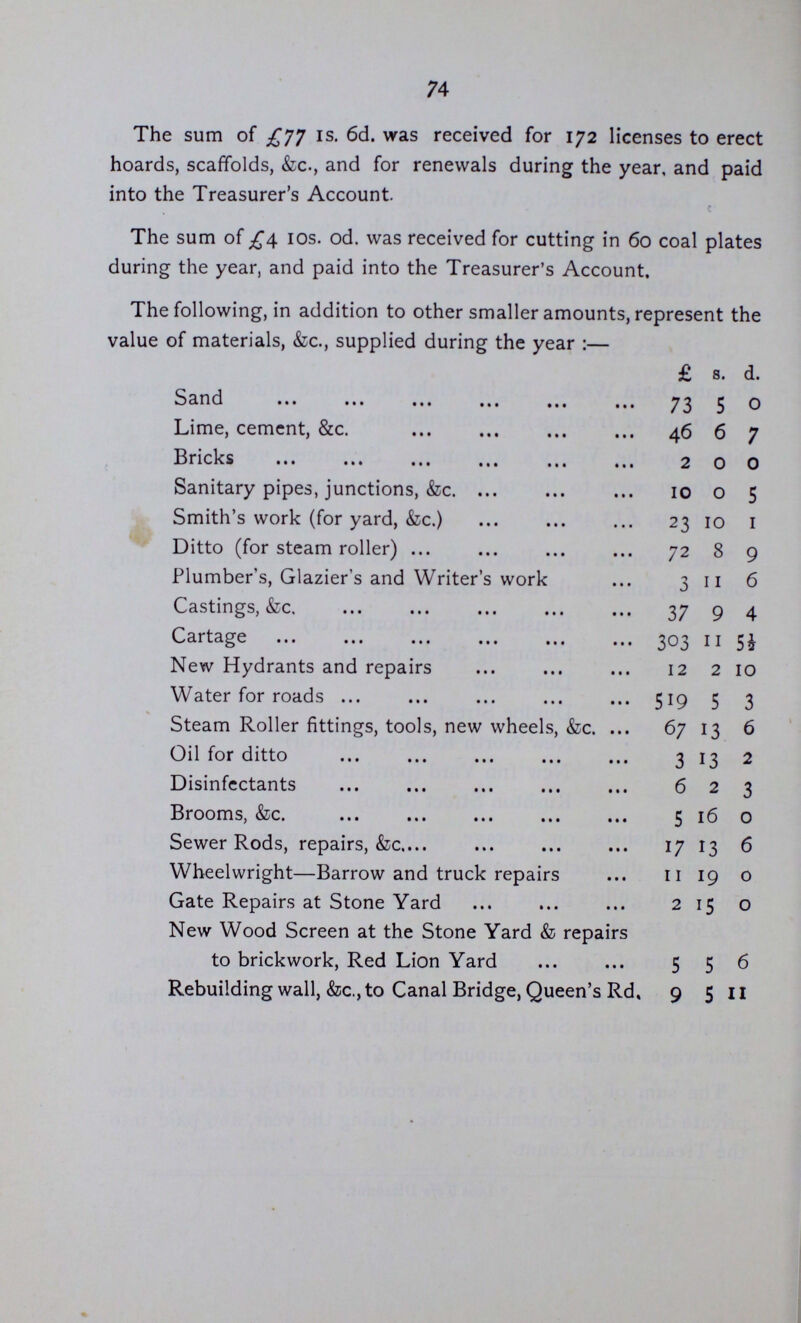 73 At Opposite 119, Goldsmith Row *0 15 6 „ Huntingdon Street, by 105, Kingsland Road *6 3 9 „ Pearson Street, by Weymouth Terrace *12 9 6 „ Opposite Almshouses, Goldsmith Row *1 16 6 „ Turner's Place *3 *4 6 „ Goldsmith Square *27 3 9 „ Opposite 257, Old Street *2 9 7 „ Essex Street *14 14 0 Private Drain Work, Eighty-eight new house drains (from sewer to line of frontage), reconstructions, &c., £209 6s. 3d. Ditto—by the Vestry's workmen. Seventeen re-constructions, (from sewer to line of frontage), and openings, &c., to unstop drains, £13 4s. od. The Sewers in the following localities are in a very unsatisfactory condition, and should be re-constructed :— Fanshaw Street (portion of) Flemming Street (ditto) Dove Row Dunloe Street New North Road (portion of) New Inn Yard (portion of) Rushton Street (ditto) Four flushers, on average, with laborers were employed in cleansing, disinfecting, reconstructing, repairing, &c., the sewers, drains and gullies in the parish; their wages for the year amounted to £503 2s. 7d. The sum of £47 15s. 6d. was also paid for watchmen's wages. Three men have been constantly employed cleansing the Parish urinals (including Sundays and holidays in the early morning;) their wages for the year amounted to £178 3s, od. The sum of £267 13s. 4d, was received for 130 cases of new private drains, re-constructions, &c., during the year, and paid into the Treasurer's Account. * Less 5 0/0 Discount.