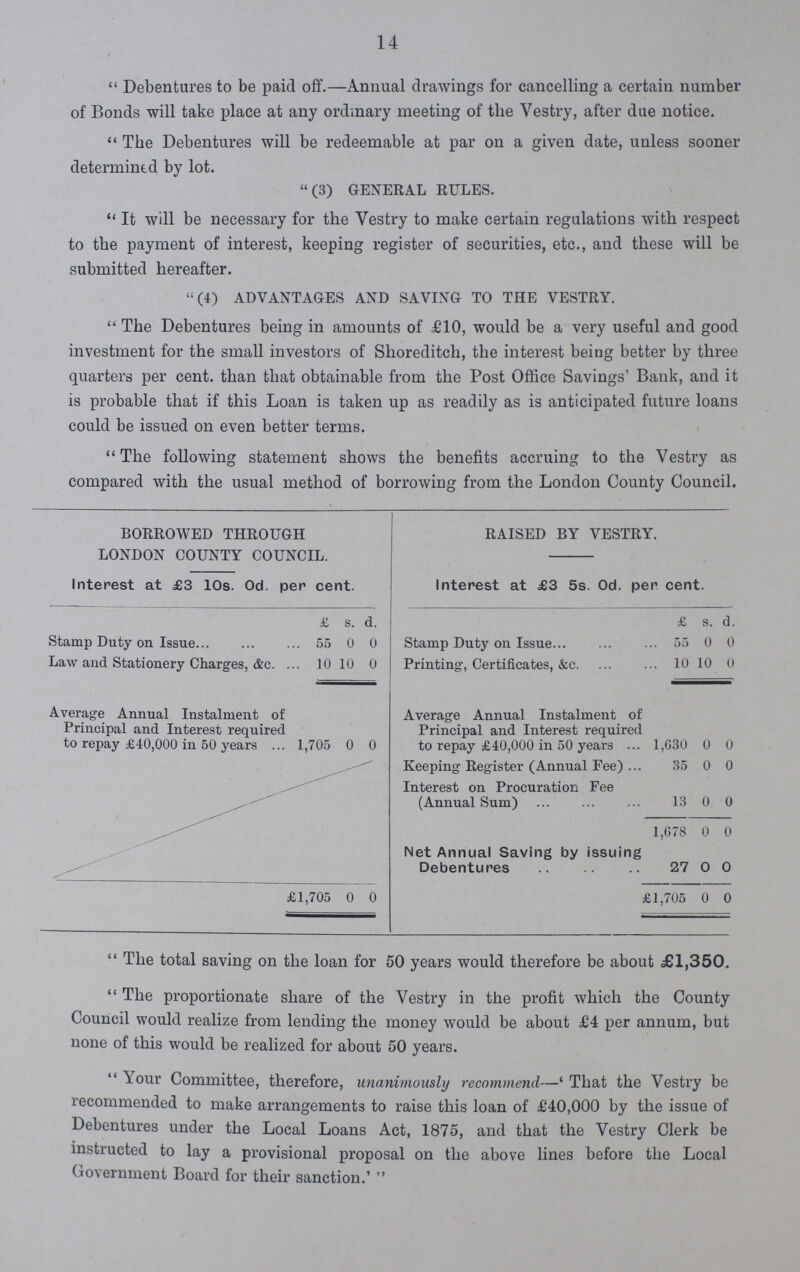 14 Debentures to be paid off.—Annual drawings for cancelling a certain number of Bonds will take place at any ordinary meeting of the Vestry, after due notice. The Debentures will be redeemable at par on a given date, unless sooner determined by lot.  (3) GENERAL RULES. It will be necessary for the Vestry to make certain regulations with respect to the payment of interest, keeping register of securities, etc., and these will be submitted hereafter. (4) ADVANTAGES AND SAVIXG TO THE VESTRY. The Debentures being in amounts of £10, would be a very useful and good investment for the small investors of Shoreditch, the interest being better by three quarters per cent, than that obtainable from the Post Office Savings' Bank, and it is probable that if this Loan is taken up as readily as is anticipated future loans could be issued on even better terms. The following statement shows the benefits accruing to the Vestry as compared with the usual method of borrowing from the London County Council. BORROWED THROUGH LONDON COUNTY COUNCIL. RAISED BY VESTRY. Interest at £3 10s. Od. pen cent. Interest at £3 5s. Od. per cent. £ s. d. £ s. d. Stamp Duty on Issue 55 0 0 Stamp Duty on Issue 55 0 0 Law and Stationery Charges, &c. 10 10 0 Printing, Certificates, &c. 10 10 0 Average Annual Instalment of Principal and Interest required to repay £40,000 in 50 years 1,705 0 0 Average Annual Instalment of Principal and Interest required to repay £40,000 in 50 years 1,630 0 0 Keeping Register (Annual Fee) 35 0 0 Interest on Procuration Fee (Annual Sum) 13 0 0 1,678 0 0 Net Annual Saving by issuing Debentures 27 0 0 £1,705 0 0 £1,705 0 0  The total saving on the loan for 50 years would therefore be about £1,350.  The proportionate share of the Vestry in the profit which the County Council would realize from lending the money would be about £4 per annum, but none of this would be realized for about 50 years.  \our Committee, therefore, unanimously recommend—' That the Vestry be recommended to make arrangements to raise this loan of £40,000 by the issue of Debentures under the Local Loans Act, 1875, and that the Vestry Clerk be instructed to lay a provisional proposal on the above lines before the Local (lovernment Board for their sanction.' 