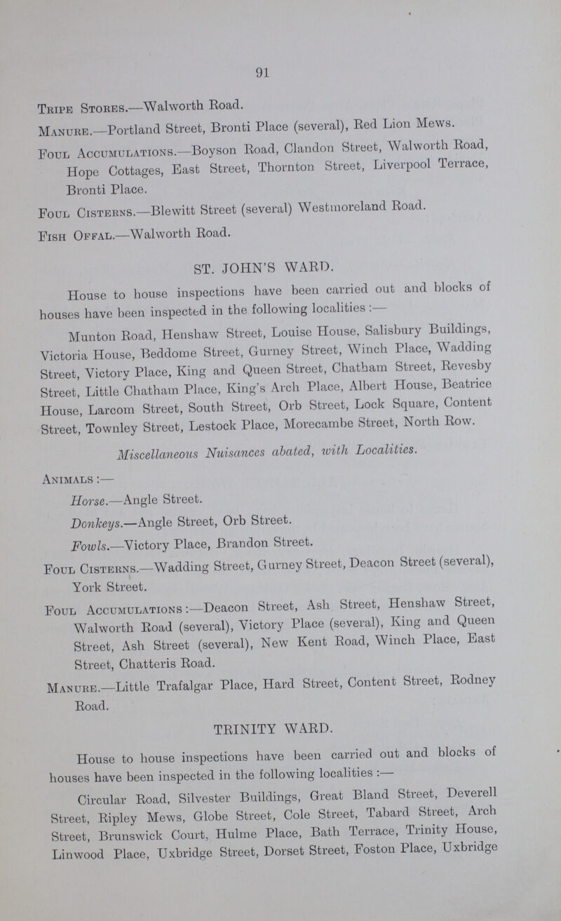 91 Tripe Stores.—Walworth Road. Manure.—Portland Street, Bronti Place (several), Red Lion Mews. Foul Accumulations.—Boyson Road, Clandon Street, Walworth Road, Hope Cottages, East Street, Thornton Street, Liverpool Terrace, Bronti Place. Foul Cisterns.—Blewitt Street (several) Westmoreland Road. Fish Offal.—Walworth Road. ST. JOHN'S WARD. House to house inspections have been carried out and blocks of houses have been inspected in the following localities:— Munton Road, Henshaw Street, Louise House, Salisbury Buildings, Victoria House, Beddome Street, Gurney Street, Winch Place, Wadding Street, Victory Place, King and Queen Street, Chatham Street, Revesby Street, Little Chatham Place, King's Arch Place, Albert House, Beatrice House, Larcom Street, South Street, Orb Street, Lock Square, Content Street, Townley Street, Lestock Place, Morecambe Street, North Row. Miscellaneous Nuisances abated, with Localities. Animals:— Horse.—Angle Street. Donkeys.—Angle Street, Orb Street. Fowls.—Victory Place, Brandon Street. Foul Cisterns.—Wadding Street, Gurney Street, Deacon Street (several), York Street. Foul Accumulations:—Deacon Street, Ash Street, Henshaw Street, Walworth Road (several), Victory Place (several), King and Queen Street, Ash Street (several), New Kent Road, Winch Place, East Street, Chatteris Road. Manure.—Little Trafalgar Place, Hard Street, Content Street, Rodney Road. TRINITY WARD. House to house inspections have been carried out and blocks of houses have been inspected in the following localities:— Circular Road, Silvester Buildings, Great Bland Street, Deverell Street, Ripley Mews, Globe Street, Cole Street, Tabard Street, Arch Street, Brunswick Court, Hulme Place, Bath Terrace, Trinity House, Linwood Place, Uxbridge Street, Dorset Street, Foston Place, Uxbridge