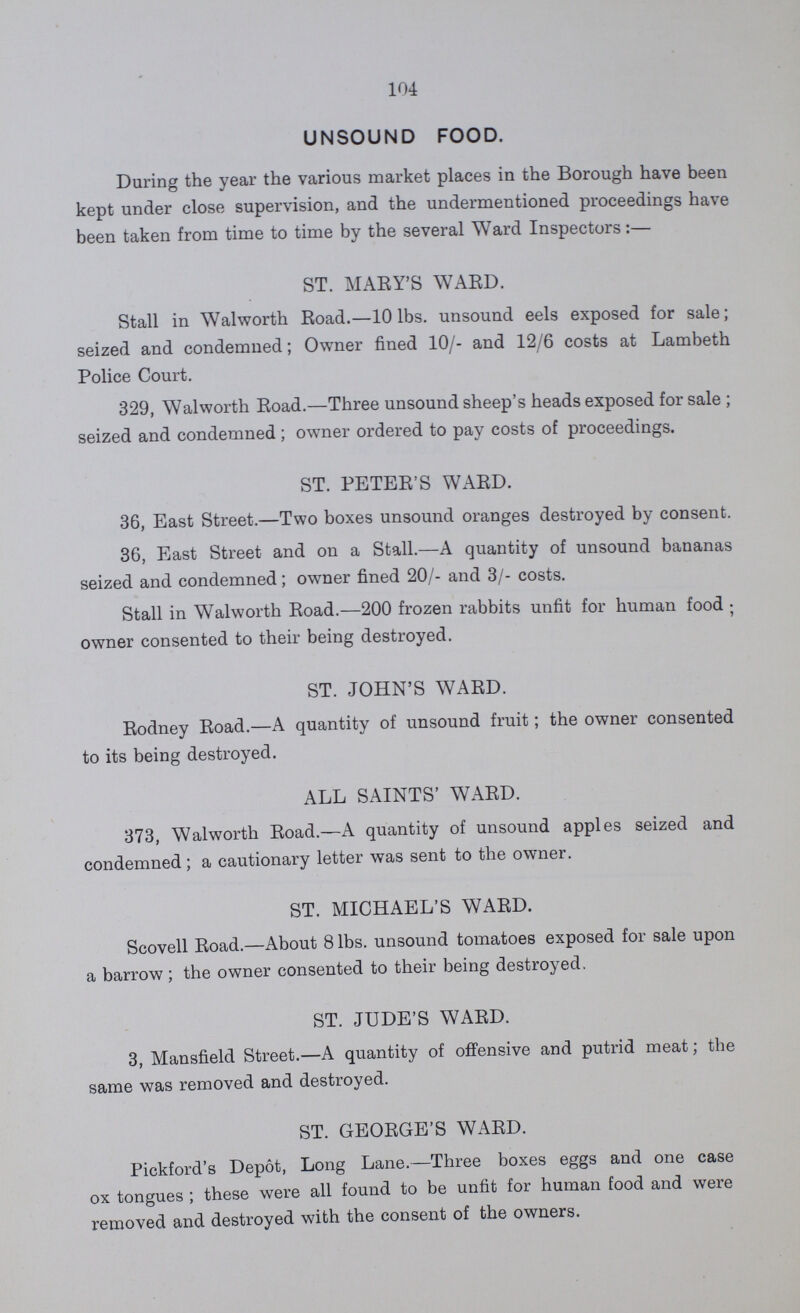 104 UNSOUND FOOD. During the year the various market places in the Borough have been kept under close supervision, and the undermentioned proceedings have been taken from time to time by the several Ward Inspectors:— ST. MARY'S WARD. Stall in Walworth Road.—10 lbs. unsound eels exposed for sale; seized and condemned; Owner fined 10/- and 12/6 costs at Lambeth Police Court. 329, Walworth Road.—Three unsound sheep's heads exposed for sale ; seized and condemned ; owner ordered to pay costs of proceedings. ST. PETER'S WARD. 36, East Street.—Two boxes unsound oranges destroyed by consent. 36, East Street and on a Stall.—A quantity of unsound bananas seized and condemned; owner fined 20/- and 3/- costs. Stall in Walworth Road.—200 frozen rabbits unfit for human food • owner consented to their being destroyed. ST. JOHN'S WARD. Rodney Road.—A quantity of unsound fruit; the owner consented to its being destroyed. ALL SAINTS' WARD. 373, Walworth Road.—A quantity of unsound apples seized and condemned; a cautionary letter was sent to the owner. ST. MICHAEL'S WARD. Scovell Road.—About 8 lbs. unsound tomatoes exposed for sale upon a barrow; the owner consented to their being destroyed. ST. JUDE'S WARD. 3, Mansfield Street.—A quantity of offensive and putrid meat; the same was removed and destroyed. ST. GEORGE'S WARD. Pickford's Depot, Long Lane.—Three boxes eggs and one case ox tongues ; these were all found to be unfit for human food and were removed and destroyed with the consent of the owners.