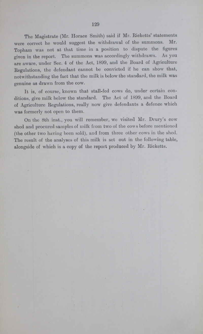 129 The Magistrate (Mr. Horace Smith) said if Mr. Ricketts' statements were correct he would suggest the withdrawal of the summons. Mr. Topham was not at that time in a position to dispute the figures given in the report. The summons was accordingly withdrawn. As you are aware, under Sec. 4 of the Act, 1899, and the Board of Agriculture Regulations, the defendant cannot be convicted if he can show that, notwithstanding the fact that the milk is below the standard, the milk was genuine as drawn from the cow. It is, of course, known that stall-fed cows do, under certain con ditions, give milk below the standard. The Act of 1899, and the Board of Agriculture Regulations, really now give defendants a defence which was formerly not open to them. On the 8th inst., you will remember, we visited Mr. Drury's cow shed and procured samples of mild from two of the cows before mentioned (the other two having been sold ), and from three other cows in the shed. The result of the analyses of this mild is set our in the following table, alongside of which is a copy of the report produced by Mr. Ricketts.