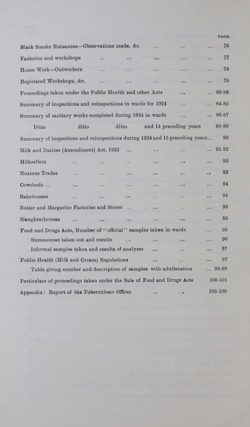 page. Black Smoke Nuisances—Observations made, Ac. 76 Factories and workshops 77 HomeWork—Outworkers 78 Registered Workshops, &c. 79 Proceedings taken under the Public Health and other Acts 80-83 Summary of inspections and reinspections in wards for 1924 84-85 Summary of sanitary works completed during 1924 in wards 86-87 Ditto ditto ditto and 14 preceding years 88-89 Summary of inspections and reinspections during 1924 and 15 preceding years 90 Milk and Dairies (Amendment) Act, 1922 91-92 Milksellers 93 Noxious Trades 93 Cowsheds 94 Bakehouses 94 Butter and Margarine Factories and Stores 95 Slaughterhouses 95 Food and Drugs Acts, Number of  official samples taken in wards 95 Summonses taken out and results 96 Informal samples taken and results of analyses 97 Public Health (Milk and Cream) Regulations 97 Table giving number and description of samples with adulteration 98-99 Particulars of proceedings taken under the Sale of Food and Drugs Acts 100-101 Appendix: Report of the Tuberculosis Officer 103-109