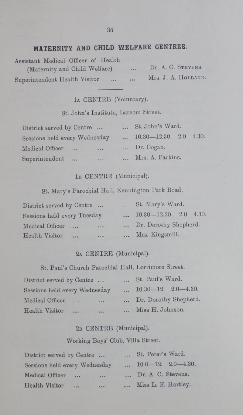 35 MATERNITY AND CHILD WELFARE CENTRES. Assistant Medical Officer of Health (Maternity and Child Welfare) Dr. A. C. Stevens. Superintendent Health Visitor Mrs. J. A. Holland. 1a CENTRE (Voluntary). St. John's Institute, Larcom Street. District served by Centre St. John's Ward. Sessions held every Wednesday 10.30—12.30. 2.0—4.30. Medical Officer Dr. Cogan. Superintendent Mrs. A. Parkins. 1b CENTRE (Municipal). St. Mary's Parochial Hall, Kennington Park Road. District served by Centre St. Mary's Ward. Sessions held every Tuesday 10.30—12.30. 2.0—4.30. Medical Officer Dr. Dorothy Shepherd. Health Visitor Mrs. Kingsmill. 2a CENTRE (Municipal). St. Paul's Church Parochial Hall, Lorrimore Street. District served by Centre St. Paul's Ward. Sessions held every Wednesday 10.30—12. 2.0—4.30. Medical Officer Dr. Dorothy Shepherd. Health Visitor Miss H. Johnson. 2b CENTRE (Municipal). Working Boys' Club, Villa Street. District served by Centre St. Peter's Ward. Sessions held every Wednesday 10.0 — 12. 2.0—4.30. Medical Officer Dr. A. C. Stevens. Health Visitor Miss L. F. Hartley.