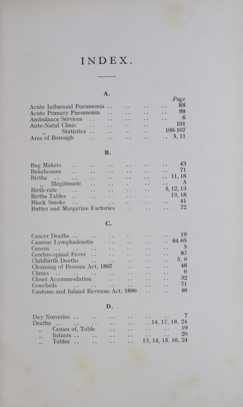 INDEX. A. Page Acute Influenzal Pneumonia 88 Acute Primary Pneumonia 88 Ambulance Services 6 Ante-Natal Clinic 101 „ Statistics 106-107 Area of Borough 5,11 Bag Makers 43 Bakehouses 71 Births 11, 18 ,, Illegitimate 5 Birth-rate 5,12,13 Births Tables 13, 18 Black Smoke 41 Butter and Margarine Factories 72 C. Cancer Deaths 19 Caseous Lymphadenitis 64-65 Census 5 Cerebro-spinal Fever 87 Childbirth Deaths 5, 9 Cleansing of Persons Act, 1897 48 Clinics 6 Closet Accommodation 32 Cowsheds 71 Customs and Inland Revenue Act, 1890 46 D. Day Nurseries 7 Deaths 14,17,18,24 „ Causes of, Table 19 „ Infants 20 Tables 13, 14, 15, 16, 24