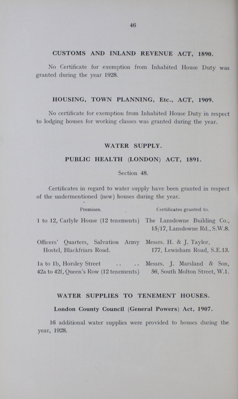 46 CUSTOMS AND INLAND REVENUE ACT, 1890. No Certificate for exemption from Inhabited House Duty was granted during the year 1928. HOUSING, TOWN PLANNING, Etc., ACT, 1909. No certificate for exemption from Inhabited House Duty in respect to lodging houses for working classes was granted during the year. WATER SUPPLY. PUBLIC HEALTH (LONDON) ACT, 1891. Section 48. Certificates in regard to water supply have been granted in respect of the undermentioned (new) houses during the year. Premises. Certificates granted to. 1 to 12, Carlyle House (12 tenements) The Lansdowne Building Co., 15/17, Lansdowne Rd., S.W.8. Officers' Quarters, Salvation Army Messrs. H. & j. Taylor, Hostel, Blackfriars Road. 177, Lewisham Road, S.E.13. la to lb, Horsley Street Messrs. J. Marsland & Son, 42a to 42f, Queen's Row (12 tenements) 56, South Molton Street, W.l. WATER SUPPLIES TO TENEMENT HOUSES. London County Council (General Powers) Act, 1907. 16 additional water supplies were provided to houses during the year, 1928.