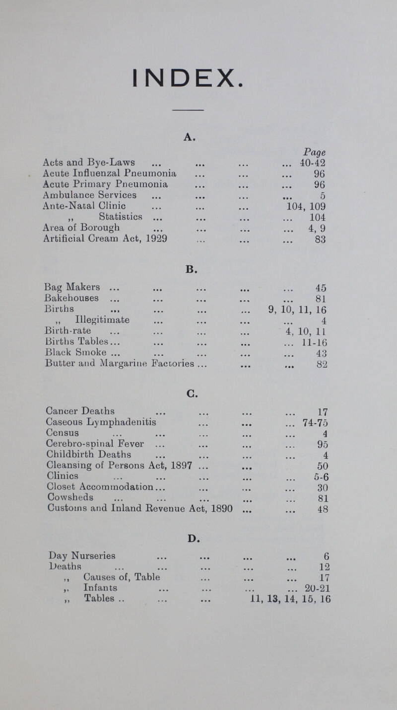 INDEX. A. Page Acts and Bye-Laws 40-42 Acute Influenzal Pneumonia 96 Acute Primary Pneumonia 96 Ambulance Services 5 Ante-Natal Clinic 104, 109 ,, Statistics 104 Area of Borough 4, 9 Artificial Cream Act, 1929 83 B. Bag Makers 45 Bakehouses 81 Births 9, 10, 11, 16 ,, Illegitimate 4 Birth-rate 4, 10, 11 Births Tables 11-16 Black Smoke 43 Butter and Margarine Factories 82 c. Cancer Deaths 17 Caseous Lymphadenitis 74-75 Census 4 Cerebro-spinal Fever 95 Childbirth Deaths 4 Cleansing of Persons Act, 1897 50 Clinics 5-6 Closet Accommodation 30 Cowsheds 81 Customs and Inland Revenue Act, 1890 48 D. Day Nurseries ... ... ... ... 6 Deaths ... ... ... ... ... 12 ,, Causes of, Table ... ... ... 17 ,, Infants ... ... ... ... 20-21 „ Tables .. ... ... 11, 13, 14, 15, 16