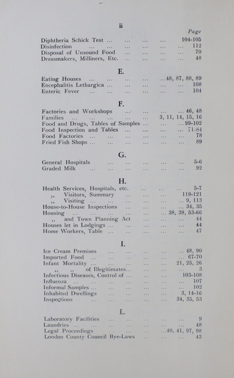 • • 11 Page Diphtheria Schick Test 104-105 Disinfection 112 Disposal of Unsound Food 70 Dressmakers, Milliners, Etc. 48 E. Eating Houses 48, 87, 88, 89 Encephalitis Lethargica 108 Enteric Fever 104 F. Factories and Workshops 46, 48 Families 3, 11, 14, 15, 16 Food and Drugs, Tables of Samples 99-102 Food Inspection and Tables 71-84 Food Factories 78 Fried Fish Shops 89 g. General Hospitals 5-6 Graded Milk 92 H. Health Services, Hospitals, etc. 5-7 ,, Visitors, Summary 119-121 ,, Visiting 9, 113 House-to-House Inspections 34, 35 Housing 38, 39, 53-66 ,, and Town Planning Act 44 Houses let in Lodgings 44 Home Workers, Table 47 I. Ice Cream Premises 48, 90 Imported Food 67-70 Infant Mortality 21, 25, 26 ,, ,, of Illegitimates 3 Infectious Diseases, Control of 103-108 Influenza 107 Informal Samples 102 Inhabited Dwellings 3, 14-16 Inspections 34, 35, 53 L. Laboratory Facilities 9 Laundries 48 Legal Proceedings 40, 41, 97, 98 London County Council Bye-Laws 43