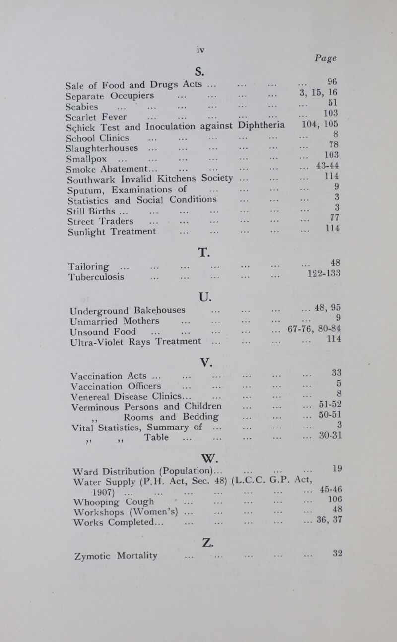 iv Page s. Sale of Food and Drugs Acts 96 Separate Occupiers 3, 15, 16 Scabies 51 Scarlet Fever 103 Schick Test and Inoculation against Diphtheria 104, 105 School Clinics 8 Slaughterhouses 78 Smallpox 103 Smoke Abatement 43-44 Southwark Invalid Kitchens Society 114 Sputum, Examinations of 9 Statistics and Social Conditions 3 Still Births 3 Street Traders 77 Sunlight Treatment 114 T. Tailoring 48 Tuberculosis 122-133 u. Underground Bakehouses 48, 95 Unmarried Mothers 9 Unsound Food 67-76, 80-84 Ultra-Violet Rays Treatment 114 v. Vaccination Acts 33 Vaccination Officers 5 Venereal Disease Clinics 8 Verminous Persons and Children 51-52 ,, Rooms and Bedding 50-51 Vital Statistics, Summary of 3 Table 30-31 w. Ward Distribution (Population) 19 Water Supply (P. H. Act, Sec. 48) (L.C.C. G.P. Act, 1907) 45-46 Whooping Cough 106 Workshops (Women's) 48 Works Completed 36, 37 z. Zymotic Mortality 32