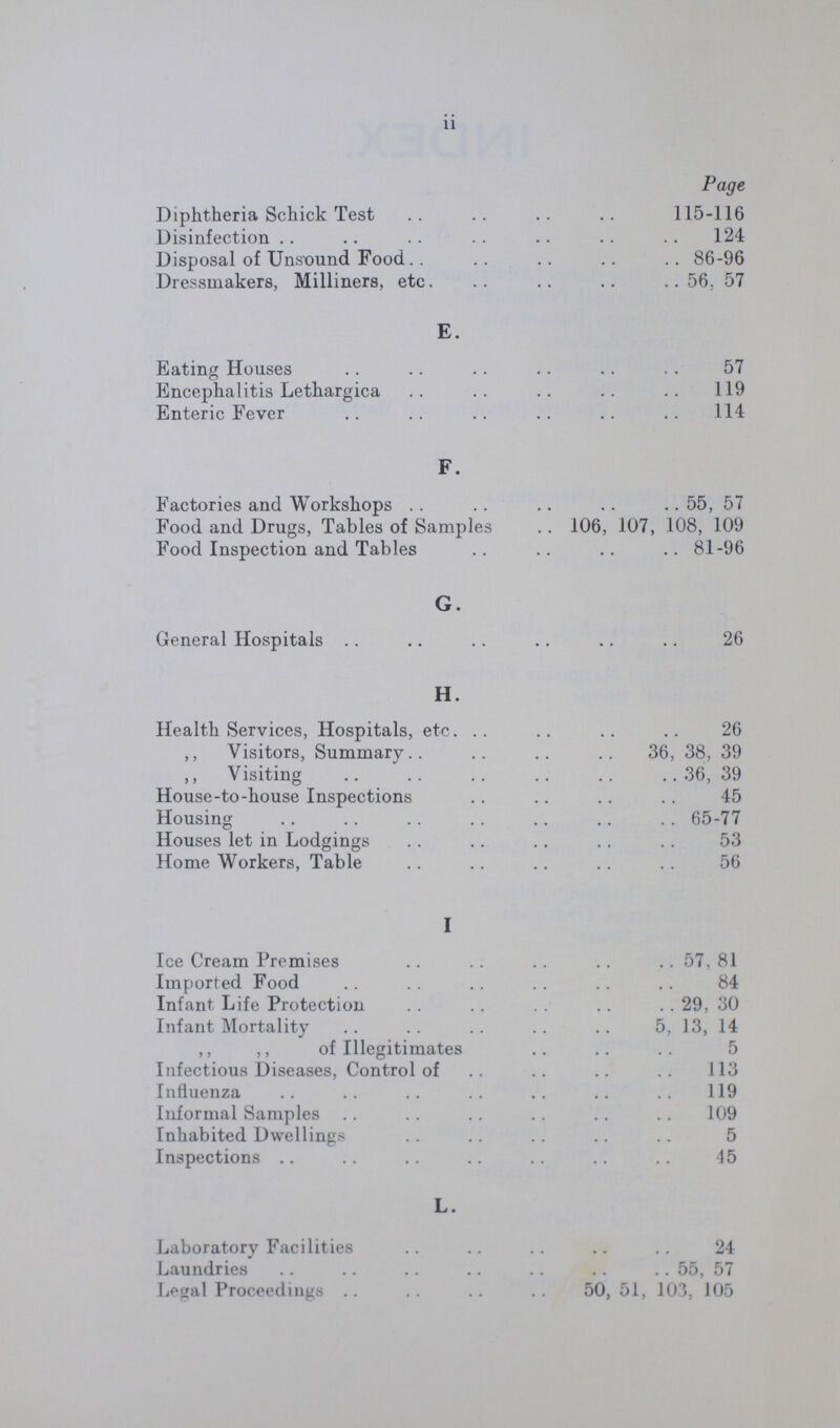 ii Page Diphtheria Schick Test 115-116 Disinfection 124 Disposal of Unsound Food 86-96 Dressmakers, Milliners, etc. 56. 57 E. Eating Houses . . 57 Encephalitis Lethargica 119 Enteric Fever . . 114 F. Factories and Workshops 55, 57 Food and Drugs, Tables of Samples 106, 107, 108, 109 Food Inspection and Tables 81-96 G. General Hospitals 26 H. Health Services, Hospitals, etc. 26 „ Visitors, Summary 36, 38, 39 „ Visiting 36,39 House-to-house Inspections 45 Housing 65-77 Houses let in Lodgings 53 Home Workers, Table 56 I Ice Cream Premises 57, 81 Imported Food 84 Infant Life Protection 29, 30 Infant Mortality 5, 13, 14 „ „ of Illegitimates 5 Infectious Diseases, Control of 113 Influenza 119 Informal Samples 109 Inhabited Dwellings 5 Inspections 45 L. Laboratory Facilities 24 Laundries 55, 57 Legal Proceedings 50, 51, 103, 105