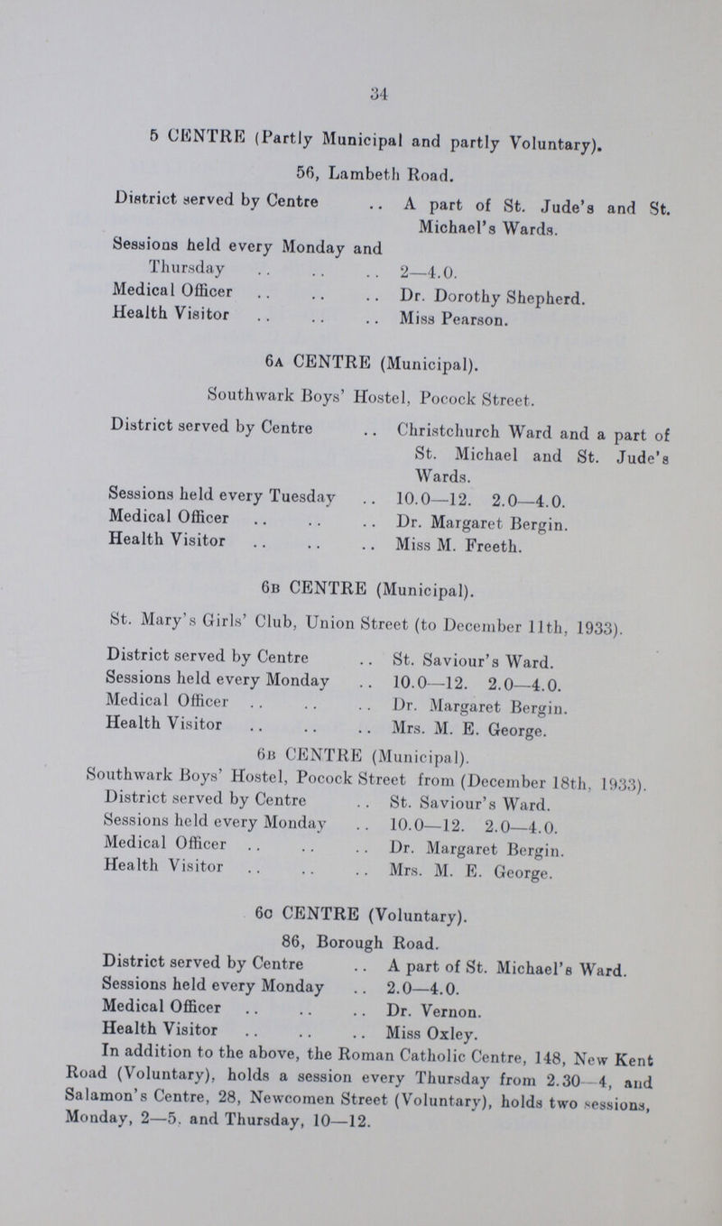 34 5 CENTRE (Partly Municipal and partly Voluntary). 56, Lambeth Road. District served by Centre A part of St. Jude's and St. Michael's Wards. Sessions held every Monday and Thursday 2—4.0. Medical Officer Dr. Dorothy Shepherd. Health Visitor Miss Pearson. 6a CENTRE (Municipal). Southwark Boys' Hostel, Pocock Street. District served by Centre Sessions held every Tuesday Medical Officer Health Visitor Christchurch Ward and a part of St. Michael and St. Jude's Wards. 10.0—12. 2.0—4.0. Dr. Margaret Bergin. Miss M. Freeth. 6b CENTRE (Municipal). St. Mary's Girls' Club, Union Street (to December 11th, 1933). District served by Centre St. Saviour's Ward. Sessions held every Monday 10.0—12. 2.0—-4.0. Medical Officer Dr. Margaret Bergin. Health Visitor Mrs. M. E. George. 6b CENTRE (Municipal). Southwark Boys' Hostel, Pocock Street from (December 18th, 1933). District served by Centre St. Saviour's Ward. Sessions held every Monday 10.0—12. 2.0—4.0. Medical Officer Dr. Margaret Bergin. Health Visitor Mrs. M. E. George. 6c CENTRE (Voluntary). 86, Borough Road. District served by Centre A part of St. Michael's Ward. Sessions held every Monday 2.0—4.0. Medical Officer Dr. Vernon. Health Visitor Miss Oxley. In addition to the above, the Roman Catholic Centre, 148, New Kent Road (Voluntary), holds a session every Thursday from 2.30 4, and Salamon's Centre, 28, Newcomen Street (Voluntary), holds two sessions, Monday, 2—5. and Thursday, 10—12.