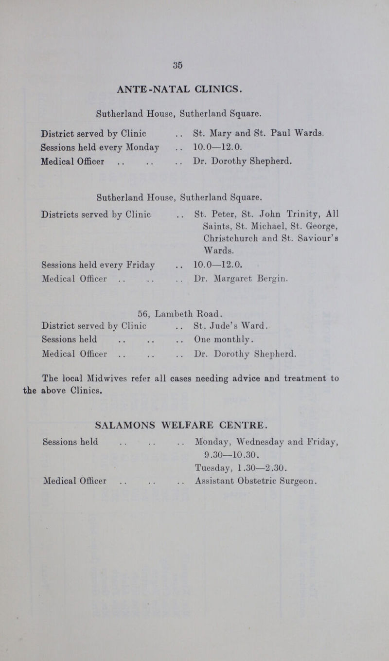 35 ANTE-NATAL CLINICS. Sutherland House, Sutherland Square. District served by Clinic St. Mary and St. Paul Wards. Sessions held every Monday 10.0—12.0. Medical Officer Dr. Dorothy Shepherd. Sutherland House, Sutherland Square. Districts served by Clinic St. Peter, St. John Trinity, All Saints, St. Michael, St. George, Christchurch and St. Saviour's Wards. Sessions held every Friday 10.0—12.0. Medical Officer Dr. Margaret Bergin. 56, Lambeth Road. District served by Clinic St. Jude's Ward. Sessions held One monthly. Medical Officer Dr. Dorothy Shepherd. The local Midwives refer all cases needing advice and treatment to the above Clinics. SALAMONS WELFARE CENTRE. Sessions held Monday, Wednesday and Friday, 9.30—10.30. Tuesday, 1.30—2.30. Medical Officer Assistant Obstetric Surgeon.