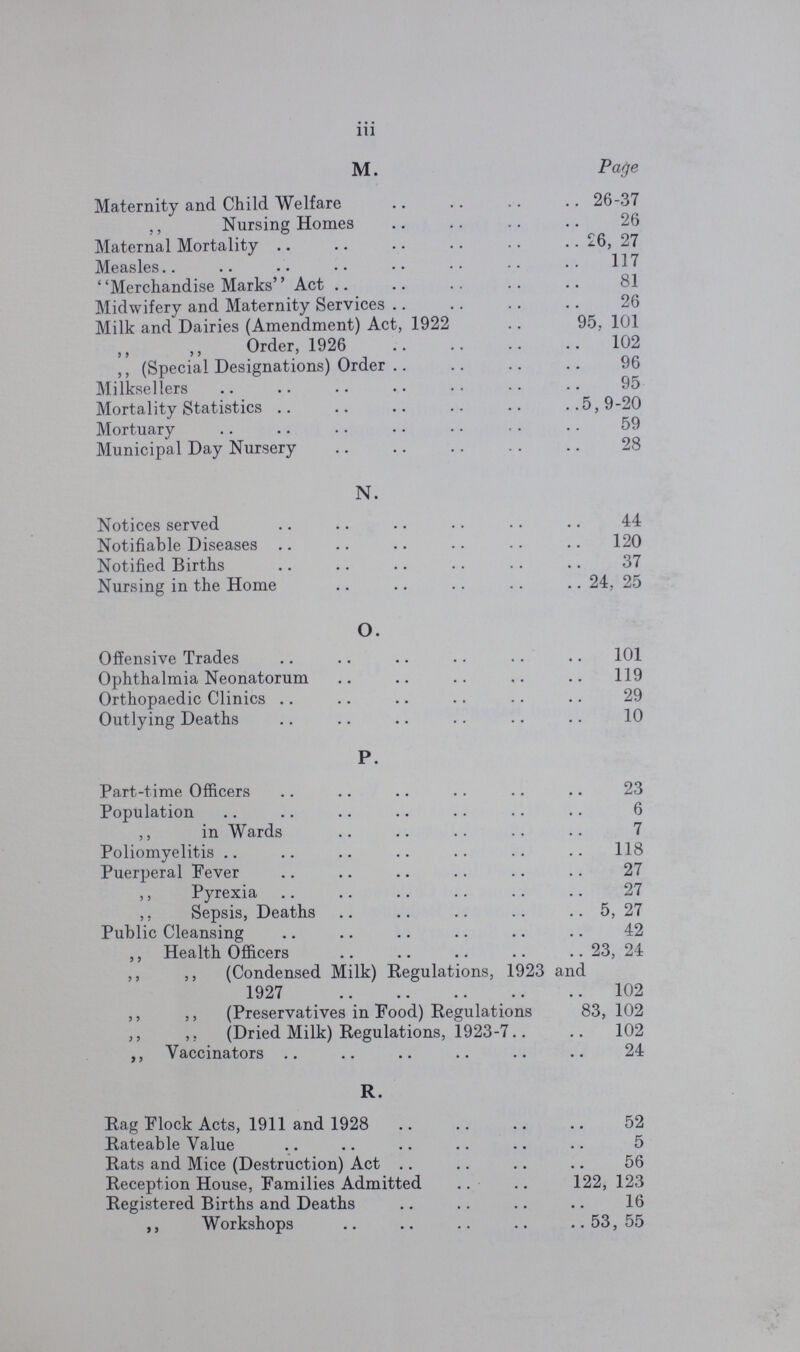 iii M. Page Maternity and Child Welfare 26-37 ,, Nursing Homes 26 Maternal Mortality 26, 27 Measles 117 ' 'Merchandise Marks'' Act 81 Midwifery and Maternity Services 26 Milk and Dairies (Amendment) Act, 1922 95. 101 Order, 1926 102 ,, (Special Designations) Order 96 Milksellers 95 Mortality Statistics 5,9-20 Mortuary 59 Municipal Day Nursery 28 N. Notices served 44 Notifiable Diseases 120 Notified Births 37 Nursing in the Home 24, 25 O. Offensive Trades 101 Ophthalmia Neonatorum 119 Orthopaedic Clinics 29 Outlying Deaths 10 P. Part-time Officers 23 Population 6 ,, in Wards 7 Poliomyelitis 118 Puerperal Fever 27 ,, Pyrexia 27 ,, Sepsis, Deaths 5, 27 Public Cleansing 42 ,, Health Officers 23, 24 ,, ,, (Condensed Milk) Regulations, 1923 and 1927 102 ,, ,, (Preservatives in Food) Regulations 83, 102 ,, ,, (Dried Milk) Regulations, 1923-7 102 ,, Vaccinators 24 R. Rag Flock Acts, 1911 and 1928 52 Rateable Value 5 Rats and Mice (Destruction) Act56 Reception House, Families Admitted 122, 123 Registered Births and Deaths 16 ,, Workshops 53,55