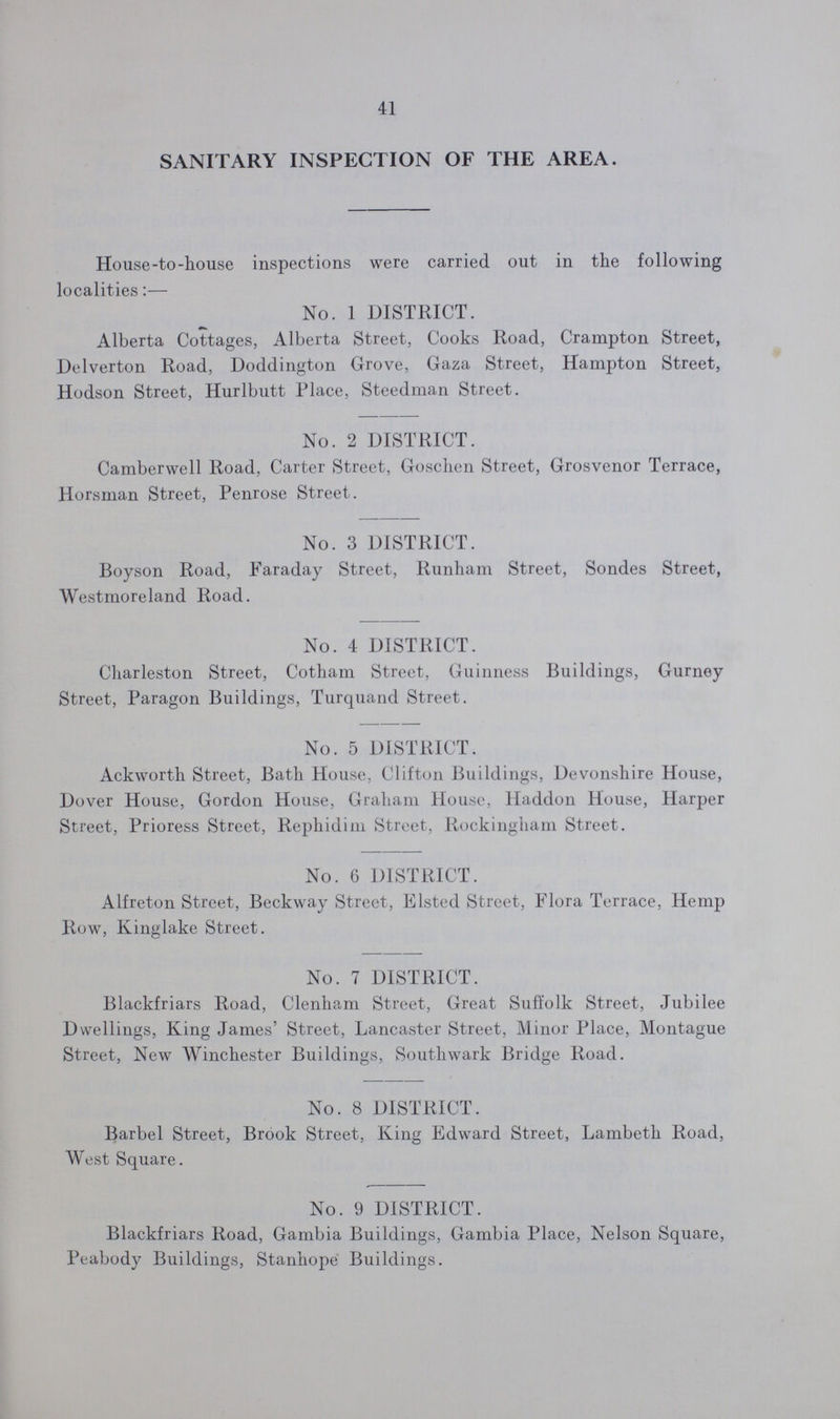41 SANITARY INSPECTION OF THE AREA. House-to-house inspections were carried out in the following localities:— No. 1 DISTRICT. Alberta Cottages, Alberta Street, Cooks Road, Crampton Street, Delverton Road, Doddington Grove, Gaza Street, Hampton Street, Hodson Street, Hurlbutt Place, Steedman Street. No. 2 DISTRICT. Camberwell Road, Carter Street, Goschen Street, Grosvenor Terrace, Horsman Street, Penrose Street. No. 3 DISTRICT. Boyson Road, Faraday Street, Runham Street, Sondes Street, Westmoreland Road. No. 4 DISTRICT. Charleston Street, Cotham Street, Guinness Buildings, Gurney Street, Paragon Buildings, Turquand Street. No. 5 DISTRICT. Ackworth Street, Bath House, Clifton Buildings, Devonshire House, Dover House, Gordon House, Graham House, Haddon House, Harper Street, Prioress Street, Rephidim Street, Rockingham Street. No. 6 DISTRICT. Alfreton Street, Beckway Street, Elsted Street, Flora Terrace, Hemp Row, Kinglake Street. No. 7 DISTRICT. Blackfriars Road, Clenham Street, Great Suffolk Street, Jubilee Dwellings, King James' Street, Lancaster Street, Minor Place, Montague Street, New Winchester Buildings, Southwark Bridge Road. No. 8 DISTRICT. Barbel Street, Brook Street, King Edward Street, Lambeth Road, West Square. No. 9 DISTRICT. Blackfriars Road, Gambia Buildings, Gambia Place, Nelson Square, Peabody Buildings, Stanhope Buildings.