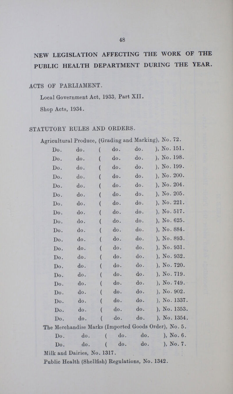 48 NEW LEGISLATION AFFECTING THE WORK OF THE PUBLIC HEALTH DEPARTMENT DURING THE YEAR. ACTS OF PARLIAMENT. Local Government Act, 1933, Part XII. Shop Acts, 1934. STATUTORY RULES AND ORDERS. Agricultural Produce, (Grading and Marking), No. 72. Do. do. ( do. do. ), No. 151. Do. do. ( do. do. ), No. 198. Do. do. ( do. do. ), No. 199. Do. do. ( do. do. ), No. 200. Do. do. ( do. do. ), No. 204. Do. do. ( do. do. ), No. 205. Do. do. ( do. do. ), No. 221. Do. do. ( do. do. ), No. 517. Do. do. ( do. do. ), No. 625. Do. do. ( do. do. ), No. 884. Do. do. ( do. do. ), No. 893. Do. do. ( do. do. ), No. 931. Do. do. ( do. do. ), No. 932. Do. do. ( do. do. ), No. 720. Do. do. ( do. do. ), No. 719. Do. do. ( do. do. ), No. 749. Do. do. ( do. do. ), No. 902. Do. do. ( do. do. ), No. 1337. Do. do. ( do. do. ), No. 1353. Do. do. ( do. do. ), No. 1354. The Merchandise Marks (Imported Goods Order), No. 5. Do. do. ( do. do. ), No. 6. Do. do. ( do. do. ), No. 7. Milk and Dairies, No. 1317. Public Health (Shellfish) Regulations, No. 1342.