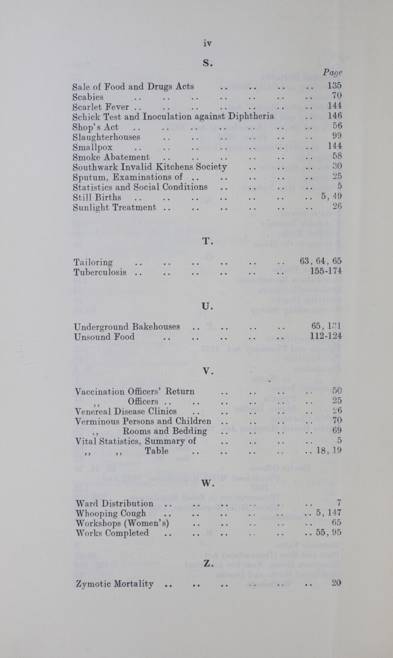 iv S. Page Sale of Food and Drugs Acts 135 Scabies 70 Scarlet Fever 144 Schick Test and Inoculation against Diphtheria 146 Shop's Act 56 Slaughterhouses 99 Smallpox 144 Smoke Abatement 58 Southwark Invalid Kitchens Society 30 Sputum, Examinations of 25 Statistics and Social Conditions 5 Still Births 5,49 Sunlight Treatment 26 T. Tailoring 63,64,65 Tuberculosis 155-174 U. Underground Bakehouses 65,131 Unsound Food 112-124 V. Vaccination Officers' Return 50 „ Officers 25 Venereal Disease Clinics 26 Verminous Persons and Children 70 „ Rooms and Bedding 69 Vital Statistics, Summary of 5 „ „ Table 18, 19 W. Ward Distribution 7 Whooping Cough 5,147 Workshops (Women's) 65 Works Completed 55,95 Z. Zymotic Mortality 20