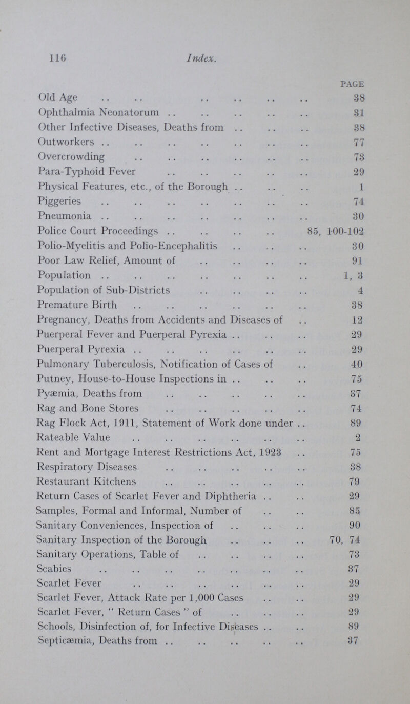 116 Index. PAGE Old Age 38 Ophthalmia Neonatorum 31 Other Infective Diseases, Deaths from 38 Outworkers 77 Overcrowding 73 Para-Typhoid Fever 29 Physical Features, etc., of the Borough 1 Piggeries 74 Pneumonia 30 Police Court Proceedings 85, 100-102 Polio-Myelitis and Polio-Encephalitis 30 Poor Law Relief, Amount of 91 Population 1, 3 Population of Sub-Districts 4 Premature Birth 38 Pregnancy, Deaths from Accidents and Diseases of 12 Puerperal Fever and Puerperal Pyrexia 29 Puerperal Pyrexia 29 Pulmonary Tuberculosis, Notification of Cases of 40 Putney, House-to-House Inspections in 75 Pyaemia, Deaths from 37 Rag and Bone Stores 74 Rag Flock Act, 1911, Statement of Work done under 89 Rateable Value 2 Rent and Mortgage Interest Restrictions Act, 1923 75 Respiratory Diseases 38 Restaurant Kitchens 79 Return Cases of Scarlet Fever and Diphtheria 29 Samples, Formal and Informal, Number of 85 Sanitary Conveniences, Inspection of 90 Sanitary Inspection of the Borough 70, 74 Sanitary Operations, Table of 73 Scabies 37 Scarlet Fever 29 Scarlet Fever, Attack Rate per 1,000 Cases 29 Scarlet Fever,  Return Cases of 29 Schools, Disinfection of, for Infective Diseases 89 Septicaemia, Deaths from 37