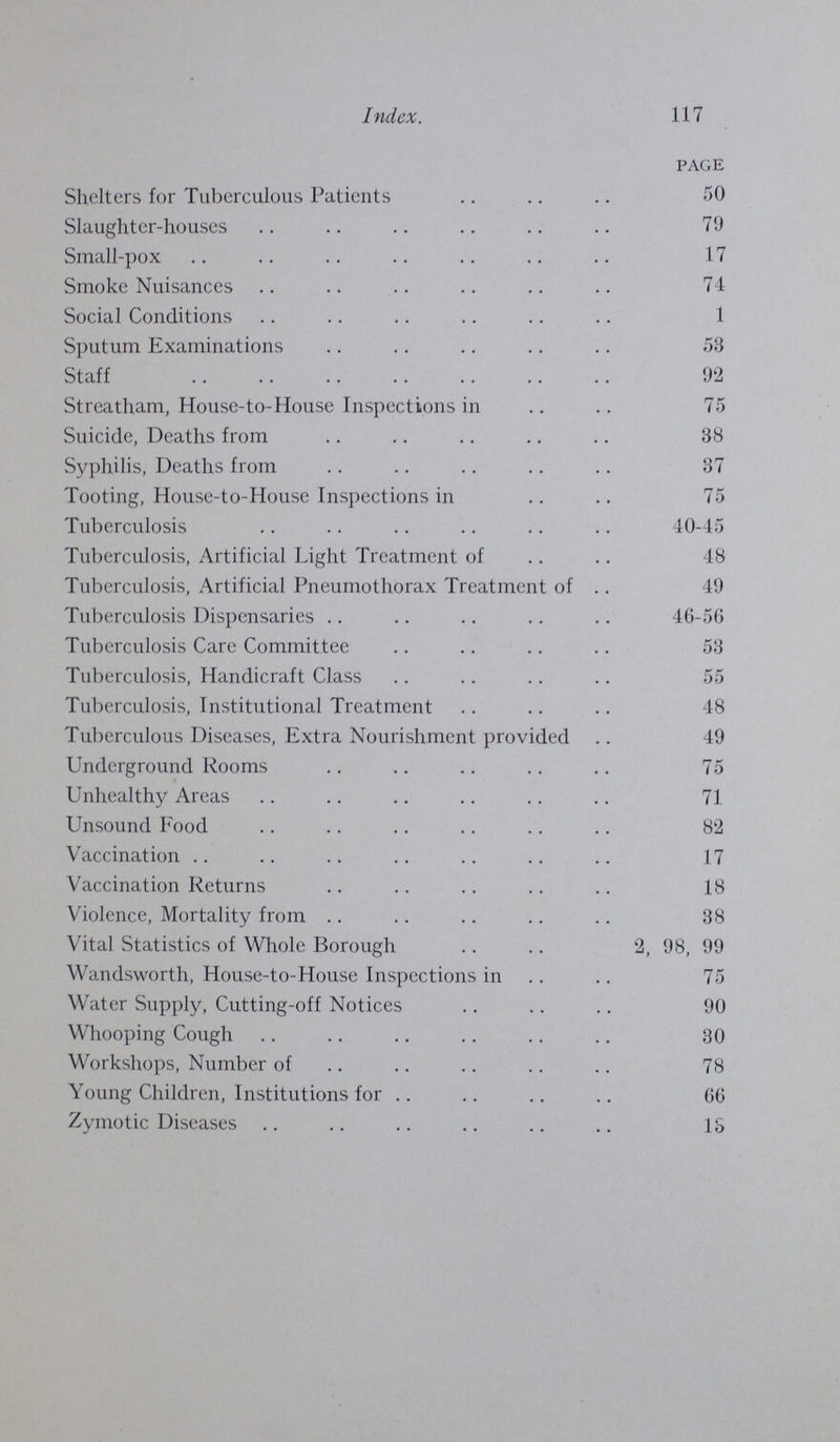 Index. 117 page Shelters for Tuberculous Patients 50 Slaughter-houses 79 Small-pox 17 Smoke Nuisances 74 Social Conditions 1 Sputum Examinations 53 Staff 92 Streatham, House-to-House Inspections in 75 Suicide, Deaths from 38 Syphilis, Deaths from 37 Tooting, House-to-House Inspections in 75 Tuberculosis 40-45 Tuberculosis, Artificial Light Treatment of 48 Tuberculosis, Artificial Pneumothorax Treatment of 49 Tuberculosis Dispensaries 46-56 Tuberculosis Care Committee 53 Tuberculosis, Handicraft Class 55 Tuberculosis, Institutional Treatment 48 Tuberculous Diseases, Extra Nourishment provided 49 Underground Rooms 75 Unhealthy Areas 71 Unsound Food 82 Vaccination 17 Vaccination Returns 18 Violence, Mortality from 38 Vital Statistics of Whole Borough 2, 98, 99 Wandsworth, House-to-House Inspections in 75 Water Supply, Cutting-off Notices 90 Whooping Cough 30 Workshops, Number of 78 Young Children, Institutions for 66 Zymotic Diseases 13