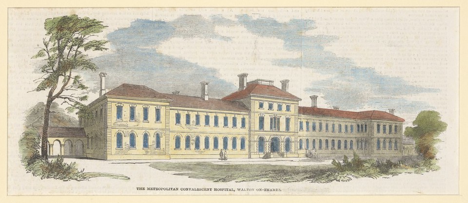 Metropolitan Convalescent Hospital, Walton-on-Thames. Coloured wood engraving, 1854, after J. Clarke.
