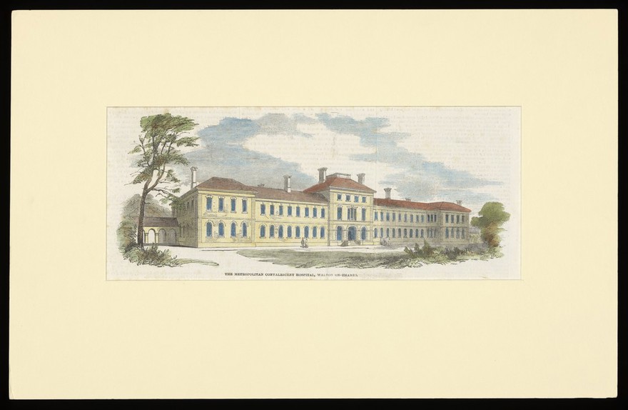 Metropolitan Convalescent Hospital, Walton-on-Thames. Coloured wood engraving, 1854, after J. Clarke.