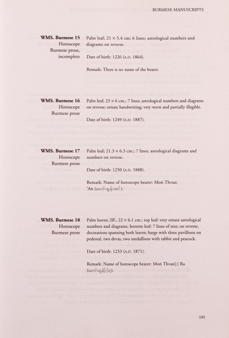 WMS. Burmese 15 Palm leaf; 21 x 5.4 cm; 6 lines; astrological numbers and Horoscope diagrams on reverse. Burmese prose, incomplete Date of birth: 1226 (A.D. 1864). Remark: There is no name of the bearer. WMS. Burmese 16 Palm leaf; 23 x 6 cm.; 7 lines; astrological numbers and diagrams Horoscope on reverse; ornate handwriting; very worn and partially illegible. Burmese prose Date of birth: 1249 ( a.D . 1887). WMS. Burmese 17 Palm leaf; 21.3 x 6.3 cm.; 7 lines; astrological diagrams and Horoscope numbers on reverse. Burmese prose Date of birth: 1250 ( a.D . 1888). Remark: Name of horoscope bearer: Mon Thvan: 'An (e«ocog|:33c). WMS. Burmese 18 Palm leaves; 2ff., 22 x 6.1 cm.; top leaf: very ornate astrological Horoscope numbers and diagrams, bottom leaf: 7 lines of text; on reverse, Burmese prose decorations spanning both leaves; barge with three pavillions on pedestal, two devas, two medallions with rabbit and peacock. Date of birth: 1233 ( a.D . 1871). Remark: Name of horoscope bearer: Moñ Thvan[:] Ra (GtíOCOg|[;]s\)-