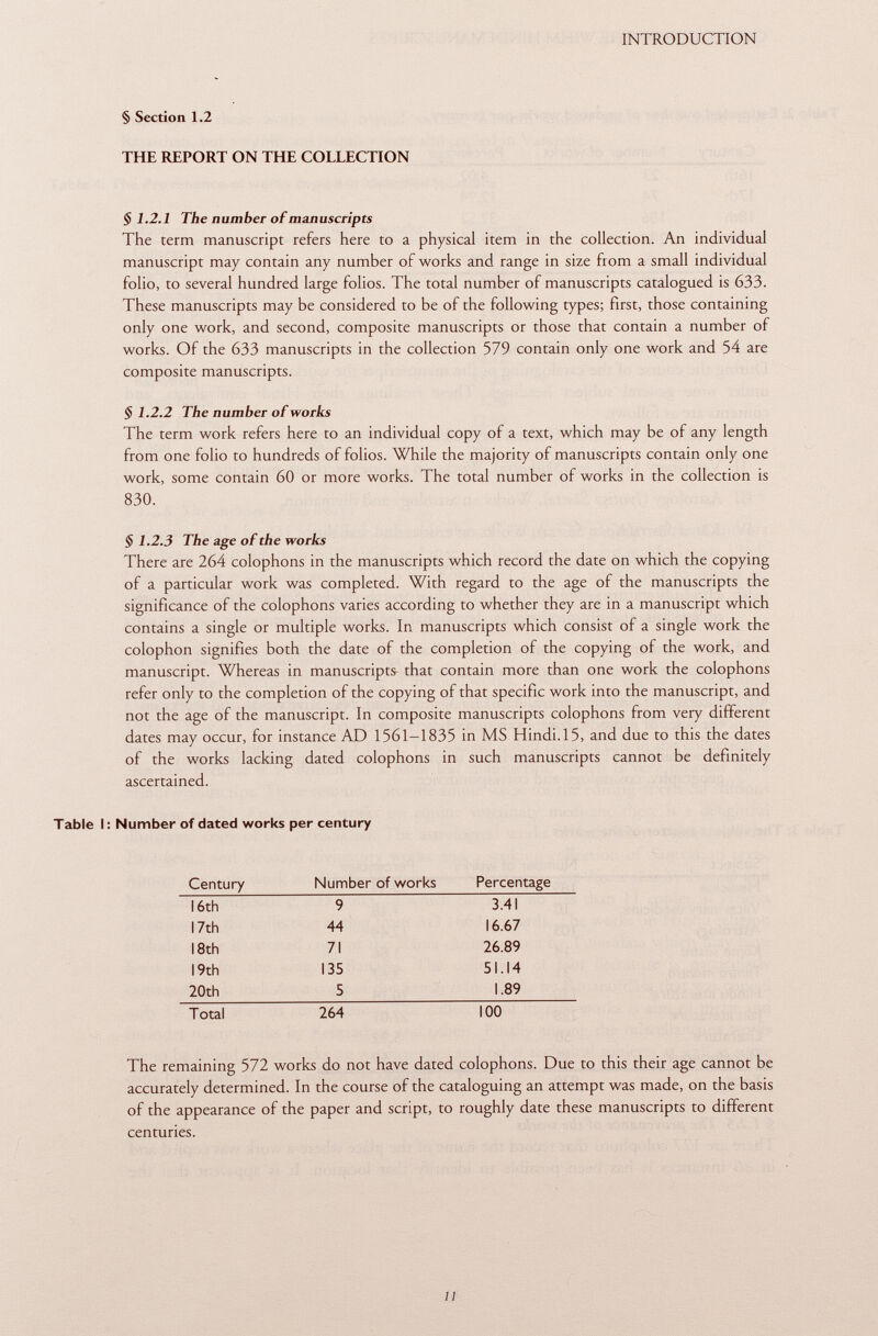 § Section 1.2 THE REPORT ON THE COLLECTION §1.2.1 The number of manuscripts The term manuscript refers here to a physical item in the collection. An individual manuscript may contain any number of works and range in size from a small individual folio, to several hundred large folios. The total number of manuscripts catalogued is 633. These manuscripts may be considered to be of the following types; first, those containing only one work, and second, composite manuscripts or those that contain a number of works. Of the 633 manuscripts in the collection 579 contain only one work and 54 are composite manuscripts. $ 1.2.2 The number of works The term work refers here to an individual copy of a text, which may be of any length from one folio to hundreds of folios. While the majority of manuscripts contain only one work, some contain 60 or more works. The total number of works in the collection is 830. § 1.2.3 The age of the works There are 264 colophons in the manuscripts which record the date on which the copying of a particular work was completed. With regard to the age of the manuscripts the significance of the colophons varies according to whether they are in a manuscript which contains a single or multiple works. In manuscripts which consist of a single work the colophon signifies both the date of the completion of the copying of the work, and manuscript. Whereas in manuscripts that contain more than one work the colophons refer only to the completion of the copying of that specific work into the manuscript, and not the age of the manuscript. In composite manuscripts colophons from very different dates may occur, for instance AD 1561-1835 in MS Hindi. 15, and due to this the dates of the works lacking dated colophons in such manuscripts cannot be definitely ascertained. Table I: Number of dated works per century Century Number of works Percentage 16th 9 3.41 17th 44 16.67 18th 71 26.89 19th 135 51.14 20th 5 1.89 Total 264 100 The remaining 572 works do not have dated colophons. Due to this their age cannot be accurately determined. In the course of the cataloguing an attempt was made, on the basis of the appearance of the paper and script, to roughly date these manuscripts to different centuries.