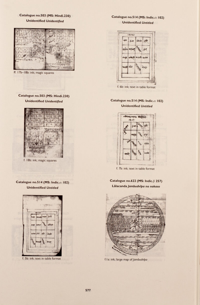 f. 18b: ink; magic squares ff. 17b-18b: ink; magic squares Catalogue no.503 (MS: Hindi.230) Unidentified Unidentified f. 6b: ink; text in table format Catalogue no.514 (MS: Indic .a 102) Unidentified Untitled f. 7b: ink; text in table format Catalogue no.514 (MS: Indic .a 102) Unidentified Untitled Catalogue no.622 (MS: Indic .ß 257) Lälacanda Jambudvîpa no nakaso