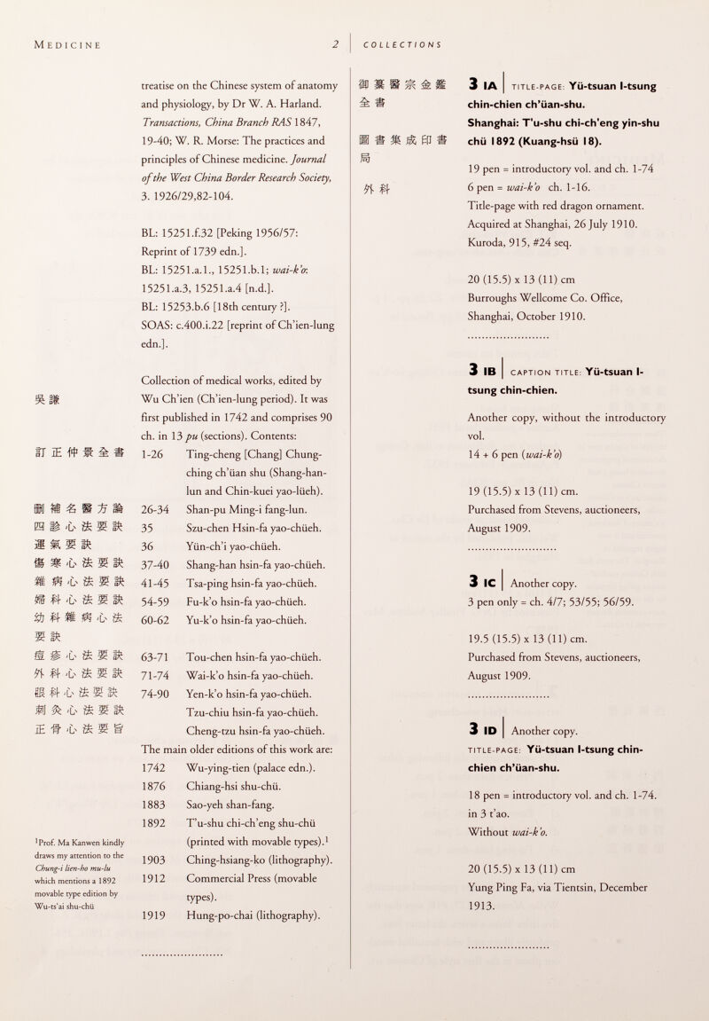 treatise on the Chinese system of anatomy and physiology, by Dr W. A. Harland. Transactions, China Branch RAS 1847, 19-40; W. R. Morse: The practices and principles of Chinese medicine. Journal of the West China Border Research Society, 3. 1926/29,82-104. an^Éi è * § f ^ â ffl f s H ft BL: 15251 -f.32 [Peking 1956/57: Reprint of 1739 edn.]. BL: 15251.a.l., 15251-b.l; wai-k'o: 15251.a.3, 15251.3.4 [n.d.]. BL: 15253.b.6 [18th century ?]. SOAS: c.400.i.22 [reprint of Ch'ien-lung edn.]. si Itt I i m m « s 15 a» m W- -fr s s R S i 1 ft M ß ä ü 'L n S ft m ft a ft 5? ft & m Ù & S ft n w a Sg ft 'L x 3 ® & 'ù & iE # 'L s & äK 5 ft 1 Prof. Ma Kanwen kindly draws my attention to the Chung-i lien-ho mu-lu which mentions a 1892 movable type edition by Wu-ts'ai shu-chii Collection of medical works, edited by Wu Ch'ien (Ch'ien-lung period). It was first published in 1742 and comprises 90 ch. in 13 pu (sections). Contents: 1-26 Ting-cheng [Chang] Chung- ching ch'iian shu (Shang-han- lun and Chin-kuei yao-liieh). 26-34 Shan-pu Ming-i fang-lun. 35 Szu-chen Hsin-fa yao-chiieh. 36 Yün-ch'i yao-chiieh. 37-40 Shang-han hsin-fa yao-chüeh. 41-45 Tsa-ping hsin-fa yao-chiieh. 54-59 Fu-k'o hsin-fa yao-chüeh. 60-62 Yu-k'o hsin-fa yao-chüeh. 63-71 Tou-chen hsin-fa yao-chüeh. 71-74 Wai-k'o hsin-fa yao-chüeh. 74-90 Yen-k'o hsin-fa yao-chüeh. Tzu-chiu hsin-fa yao-chüeh. Cheng-tzu hsin-fa yao-chüeh. The main older editions of this work are: 1742 Wu-ying-tien (palace edn.). 1876 Chiang-hsi shu-chü. 1883 Sao-yeh shan-fang. 1892 T'u-shu chi-ch'eng shu-chü (printed with movable types). 1 1903 Ching-hsiang-ko (lithography). 1912 Commercial Press (movable types). 1919 Hung-po-chai (lithography). 3 IA I title-page : Yü-tsuan l-tsung chin-chien ch'üan-shu. Shanghai: T'u-shu chi-ch'eng yin-shu chü 1892 (Kuang-hsü 18). 19 pen = introductory vol. and ch. 1-74 6 pen = u>ai-k'o ch. 1-16. Title-page with red dragon ornament. Acquired at Shanghai, 26 July 1910. Kuroda, 915, #24 seq. 20 (15.5) X 13 (11) cm Burroughs Wellcome Co. Office, Shanghai, October 1910. 3 IB I caption title: YÜ -tSUan I- tsung chin-chien. Another copy, without the introductory vol. 14 + 6 pen ( wai-k'o) 19 (15.5) X 13 (11) cm. Purchased from Stevens, auctioneers, August 1909. 3 IC I Another copy. 3 pen only = ch. 4/7; 53/55; 56/59. 19.5 (15.5) X 13 (11) cm. Purchased from Stevens, auctioneers, August 1909. 3 ID I Another copy. title-page : Yü-tsuan l-tsung chin- chien ch'üan-shu. 18 pen = introductory vol. and ch. 1-74. in 3 t'ao. Without wai-k'o. 20 (15.5) X 13 (11) cm Yung Ping Fa, via Tientsin, December 1913.