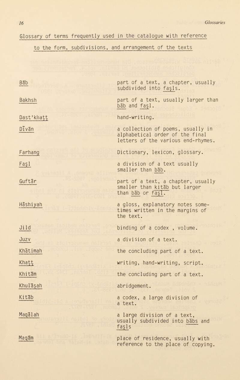 Glossary of terms frequently used in the catalogue with reference to the form, subdivisions, and arrangement of the texts Bab Bakhsh part of a text, a chapter, usually subdivided into fasl s. part of a text, usually larger than bäb and fasi. Past'khatt Divan Farhang Fasi Guftâr Hâshiyah Jild Juzv Khatimah Khatt Khitam Khulasah Kitäb Maqàlah Maqâm hand-writing. a collection of poems, usually in alphabetical order of the final letters of the various end-rhymes. Dictionary, lexicon, glossary. a division of a text usually smaller than bäb . part of a text, a chapter, usually smaller than k i tab but larger than bäb or fasi . a gloss, explanatory notes some times written in the margins of the text. binding of a codex , volume, a division of a text, the concluding part of a text, writing, hand-writing, script, the concluding part of a text, abridgement. a codex, a large division of a text. a large division of a text, usually subdivided into bibs and fasl s place of residence, usually with reference to the place of copying.