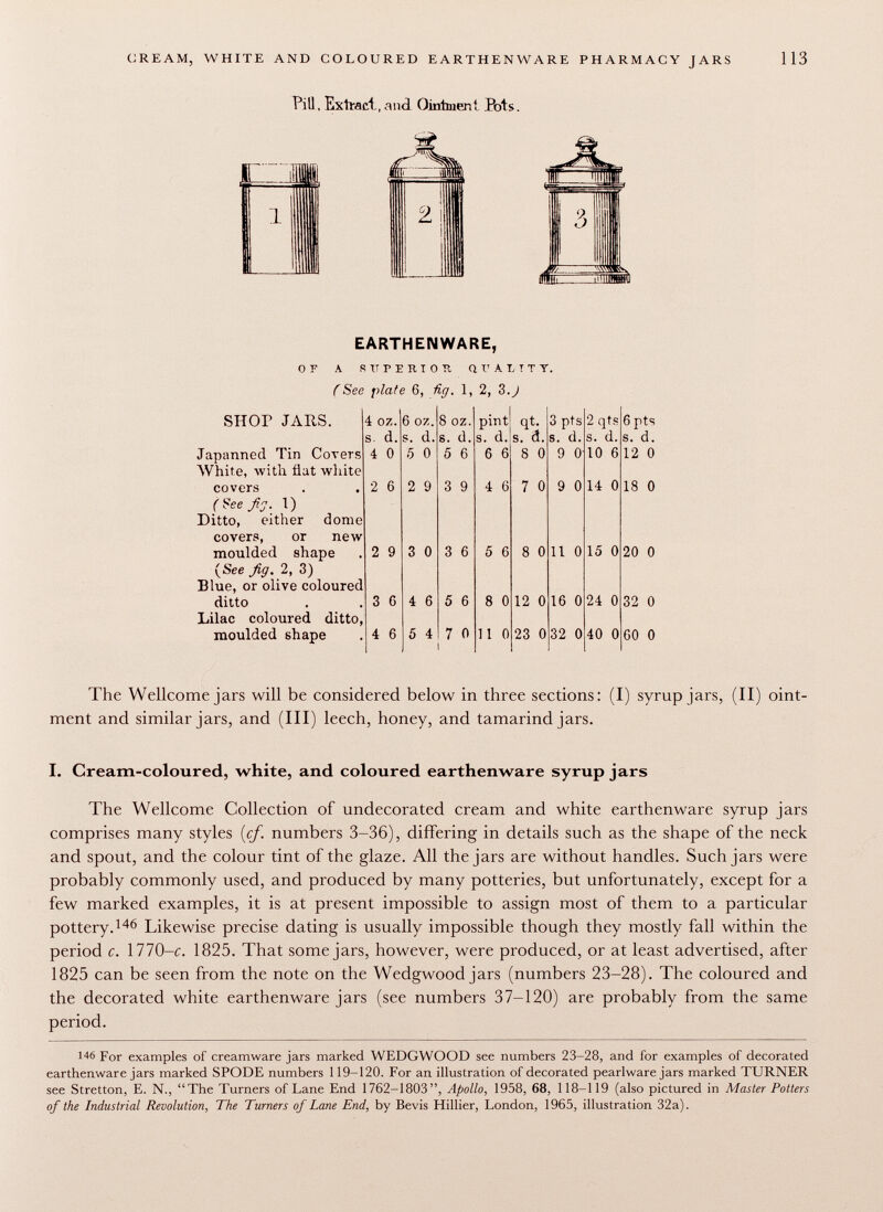 EARTHENWARE, OF A STirïRIOTl Q r AtTTT. (See piafe 6, fig. 1, 2, 3.) SHOF JARS. 4 oz. 6 OZ. 8 oz. pint qt. 3 pts 2 qts 6 pts s. d. s. d. s. d. s. d. s. 1 s. d. s. d. s. d. Japanned Tin Covers 4 0 5 0 5 6 6 6 8 0 9 0 10 6 12 0 White, with flat white covers 2 6 2 9 3 9 4 6 7 0 9 0 14 0 18 0 ( $ee fig. 1) Ditto, either dome covers, or new moulded shape 2 9 3 0 3 6 5 6 8 0 11 0 15 0 20 0 {See fig. 2, 3) Blue, or olive coloured ditto 3 6 4 6 5 6 8 0 12 0 16 0 24 0 32 0 Lilac coloured ditto, moulded shape 4 6 5 4 7 0 11 0 23 0 32 0 40 0 GO 0 The Wellcome jars will be considered below in three sections: (I) syrup jars, (II) oint ment and similar jars, and (III) leech, honey, and tamarind jars. I. Cream-coloured, white, and coloured earthenware syrup jars The Wellcome Collection of undecorated cream and white earthenware syrup jars comprises many styles [cf. numbers 3-36), differing in details such as the shape of the neck and spout, and the colour tint of the glaze. All the jars are without handles. Such jars were probably commonly used, and produced by many potteries, but unfortunately, except for a few marked examples, it is at present impossible to assign most of them to a particular pottery. 146 Likewise precise dating is usually impossible though they mostly fall within the period c. 1770-c. 1825. That some jars, however, were produced, or at least advertised, after 1825 can be seen from the note on the Wedgwood jars (numbers 23-28). The coloured and the decorated white earthenware jars (see numbers 37-120) are probably from the same period. 146 For examples of creamware jars marked WEDGWOOD see numbers 23-28, and for examples of decorated earthenware jars marked SPODE numbers 119-120. For an illustration of decorated pearlware jars marked TURNER see Stretton, E. N., The Turners of Lane End 1762-1803, Apollo, 1958, 68, 118-119 (also pictured in Master Potters of the Industrial Revolution, The Turners of Lane End, by Bevis Hillier, London, 1965, illustration 32a).