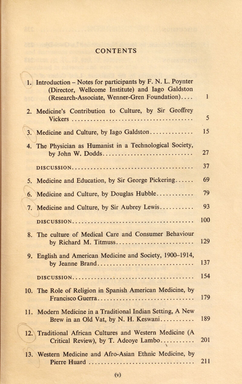 CONTENTS 1. Introduction - Notes for participants by F. N. L. Poynter (Director, Wellcome Institute) and Iago Galdston (Research-Associate, Wenner-Gren Foundation).... 1 2. Medicine's Contribution to Culture, by Sir Geoffrey Vickers 5 3. Medicine and Culture, by Iago Galdston 15 4. The Physician as Humanist in a Technological Society, by John W. Dodds 27 discussion 37 5. Medicine and Education, by Sir George Pickering 69 6. Medicine and Culture, by Douglas Hubble 79 7. Medicine and Culture, by Sir Aubrey Lewis 93 discussion 100 8. The culture of Medical Care and Consumer Behaviour by Richard M. Titmuss 129 9. English and American Medicine and Society, 1900-1914, by Jeanne Brand 137 discussion 154 10. The Role of Religion in Spanish American Medicine, by Francisco Guerra 179 11. Modern Medicine in a Traditional Indian Setting, A New Brew in an Old Vat, by N. H. Keswani 189 12. Traditional African Cultures and Western Medicine (A Critical Review), by T. Adeoye Lambo 201 \ 13. Western Medicine and Afro-Asian Ethnic Medicine, by Pierre Huard 211