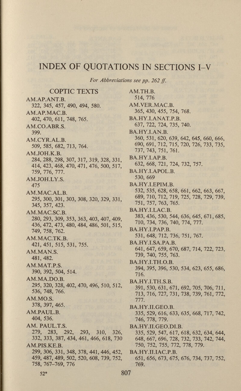 INDEX OF QUOTATIONS IN SECTIONS I-V For Abbreviations see pp. 262 ff. COPTIC TEXTS AM.AP.ANT.B. 322, 345, 457, 490, 494, 580. AM.AP.MAC.B. 402, 470, 611, 748, 765. AM.CO.ABR.S. 399. AM.CYR.AL.B. 509, 585, 682, 713, 764. AM.JOH.K.B. 284, 288, 298, 307, 317, 319, 328, 331, 414, 423, 468, 470, 471, 476, 500, 517, 759, 776, 777. AM.JOH.LY.S. 475 AM.MAC.AL.B. 295, 300, 301, 303, 308, 320, 329, 331, 345, 357, 423. AM.MAC.SC.B. 280, 293, 309, 353, 363, 403, 407, 409, 436, 472, 473, 480, 484, 486, 501, 515, 749, 758, 762. AM.MAC.TK.B. 421, 451, 515, 531, 755. AM.MAN.S. 481, 482. AM.MAT.P.S. 390, 392, 504, 514. AM.MA.DO.B. 295, 320, 328, 402, 470, 496, 510, 512, 536, 748, 766. AM.MO.S. 378, 397, 465. AM.PAUL.B. 404, 536. AM. PAUL.T.S. 279, 283, 292, 293, 310, 326, 332, 333, 387, 434, 461, 466, 618, 730 AM.PIS.KE.B. 299, 306, 331, 348, 378, 441, 446, 452, 459, 487, 489, 502, 520, 608, 739, 752, 758, 767-769, 776 AM.TH.B. 514, 776 AM.VER.MAC.B. 365, 430, 455, 754, 768. BA.HY.I.ANAT.P.B. 637, 722, 724, 735, 740. BA.HY.I.AN.B. 360, 531, 620, 639, 642, 645, 660, 666, 690, 691, 712, 715, 720, 726, 733, 735, 737, 743, 751, 761. BA.HY.I.AP.B. 632, 668, 721, 724, 732, 757. BA.HY.I.APOL.B. 530, 669 BA.HY.I.EP1M.B. 532, 535, 628, 658, 661, 662, 663, 667, 689, 710, 712, 719, 725, 728, 729, 739, 751, 757, 763, 765. BA.HY.I.LAC.B. 383, 436, 530, 544, 636, 645, 671, 685, 710, 734, 736, 740, 774, 777. BA.HY.I.PAP.B. 531, 648, 712, 736, 751, 767. BA.HY.I.SA.PA.B. 641, 647, 659, 670, 687, 714, 722, 723, 739, 740, 755, 763. BA.HY.I.TH.O.B. 394, 395, 396, 530, 534, 623, 655, 686, 716. BA.HY.I.TH.S.B. 391, 530, 631, 671, 692, 705, 706, 711, 713, 716, 727, 731, 738, 739, 761, 772, 777. BA.HY.II.GEO.B. 335, 529, 616, 633, 635, 668, 717, 742, 746, 778, 779. BA.HY.II.GEO.DI.B. 335, 529, 547, 617, 618, 632, 634, 644, 648, 667, 696, 728, 732, 733, 742, 744, 750, 752, 755, 772, 778, 779. BA.HY.II.IAC.P.B. 651, 656, 673, 675, 676, 734, 737, 752, 769. 52* 807