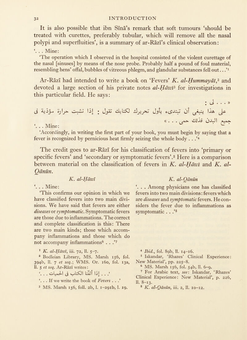 It is also possible that ibn Slnä's remark that soft tumours 'should be treated with curettes, preferably tubular, which will remove all the nasal polypi and superfluities', is a summary of ar-Râzï's clinical observation: . . Mine: 'The operation which I observed in the hospital consisted of the violent curettage of the nasal [sinuses] by means of the nose probe. Probably half a pound of foul material, resembling hens' offal, bubbles of vitreous phlegm, and glandular substances fell out.. .' r Ar-Râzï had intended to write a book on 'Fevers' K. al-Hummayät, 2 and devoted a large section of his private notes al-Hâwï 3 for investigations in this particular field. He says: : J ... » ¿J öj Ij,Ä IS| ♦ (JjjíJ ¿LlxSü j! I ÂA ^£. . . Mine: ' ~ 'Accordingly, in writing the first part of your book, you must begin by saying that a fever is recognized by pernicious heat firmly seizing the whole body . . .' 4 The credit goes to ar-Râzï for his classification of fevers into 'primary or specific fevers' and 'secondary or symptomatic fevers'. 5 Here is a comparison between material on the classification of fevers in K. al-Hâwï and K. al- Qänün. K. al-Hâwï K. al-Qänün . . Mine: '. . . Among physicians one has classified 'This confirms our opinion in which we fevers into two main divisions : fevers which have classified fevers into two main divi- are diseases and symptomatic fevers. He con- sions. We have said that fevers are either siders the fever due to inflammations as diseases or symptomatic. Symptomatic fevers symptomatic . . .' 8 are those due to inflammations. The correct and complete classification is this: There are two main kinds; those which accom pany inflammations and those which do not accompany inflammations 6 . . .' 7 1 K. al-Hâwï, iii. 72, 11. 5-7. 4 Ibid., fol. 89b, 11. 14-16. 2 Bodleian Library, MS. Marsh 156, fol. 5 Iskandar, 'Rhazes' Clinical Experience: 394b, 11. 7 et seq.-, WMS. Or. 160, fol. 13a, New Material', pp. 225-8. 11. S et seq. Ar-Râzï writes: 6 MS. Marsh 156, fol. 54b, 11. 6-9. . . oLJ-l <j í-jláCl bilí Iii . . .' \ For Arabic tex t, see\ Iskandar, 'Rhazes' * Clinical Experience: New Material', p. 226, '. . . If we write the book of Fevers ... jj 8-13 3 MS. Marsh 156, foil. 2b, 1. i-29ib, 1. 19. 8 K. al-Qänün, iii. 2, 11. 10-12.