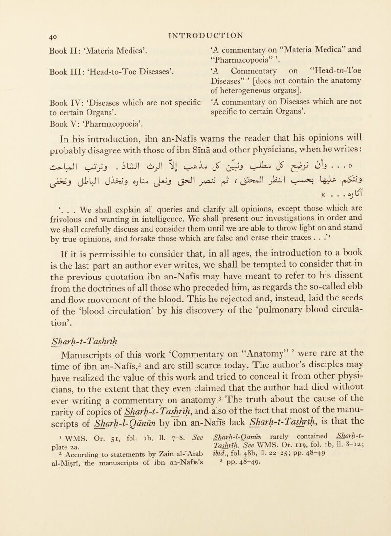 Book II: 'Materia Medica'. 'A commentary on Materia Medica and Pharmacopoeia Book III : 'Head-to-Toe Diseases'. 'A Commentary on Head-to-Toe Diseases ' [does not contain the anatomy of heterogeneous organs]. Book IV: 'Diseases which are not specific 'A commentary on Diseases which are not to certain Organs'. specific to certain Organs'. Book V: 'Pharmacopoeia'. In his introduction, ibn an-Nafls warns the reader that his opinions will probably disagree with those of ibn Sina and other physicians, when he writes : I JàJI l^lc- « . . . <SjU'l '. . . We shall explain all queries and clarify all opinions, except those which are frivolous and wanting in intelligence. We shall present our investigations in order and we shall carefully discuss and consider them until we are able to throw light on and stand by true opinions, and forsake those which are false and erase their traces . . Z 1 If it is permissible to consider that, in all ages, the introduction to a book is the last part an author ever writes, we shall be tempted to consider that in the previous quotation ibn an-Nafis may have meant to refer to his dissent from the doctrines of all those who preceded him, as regards the so-called ebb and flow movement of the blood. This he rejected and, instead, laid the seeds of the 'blood circulation' by his discovery of the 'pulmonary blood circula tion'. Sharh-t- Tashrih Manuscripts of this work 'Commentary on Anatomy ' were rare at the time of ibn an-Nafïs, 2 and are still scarce today. The author's disciples may have realized the value of this work and tried to conceal it from other physi cians, to the extent that they even claimed that the author had died without ever writing a commentary on anatomy. 3 The truth about the cause of the rarity of copies of Sharh-t-Tashrih, and also of the fact that most of the manu scripts of Sharh-1-Qänün by ibn an-Nafis lack Sharh-t-Tashrïh, is that the 1 WMS. Or. si, fol. ib, 11. 7-8. See Sharh-l- Qänün rarely contained Sharh-t- plate 2a. Tashrlh. See WMS. Or. 119, fol. ib, 11. 8-12; 2 According to statements by Zain al-'Arab ibid., fol. 48b, 11. 22-25; PP- 48-49. al-Misrï, the manuscripts of ibn an-Nafïs's 3 pp. 48-49.