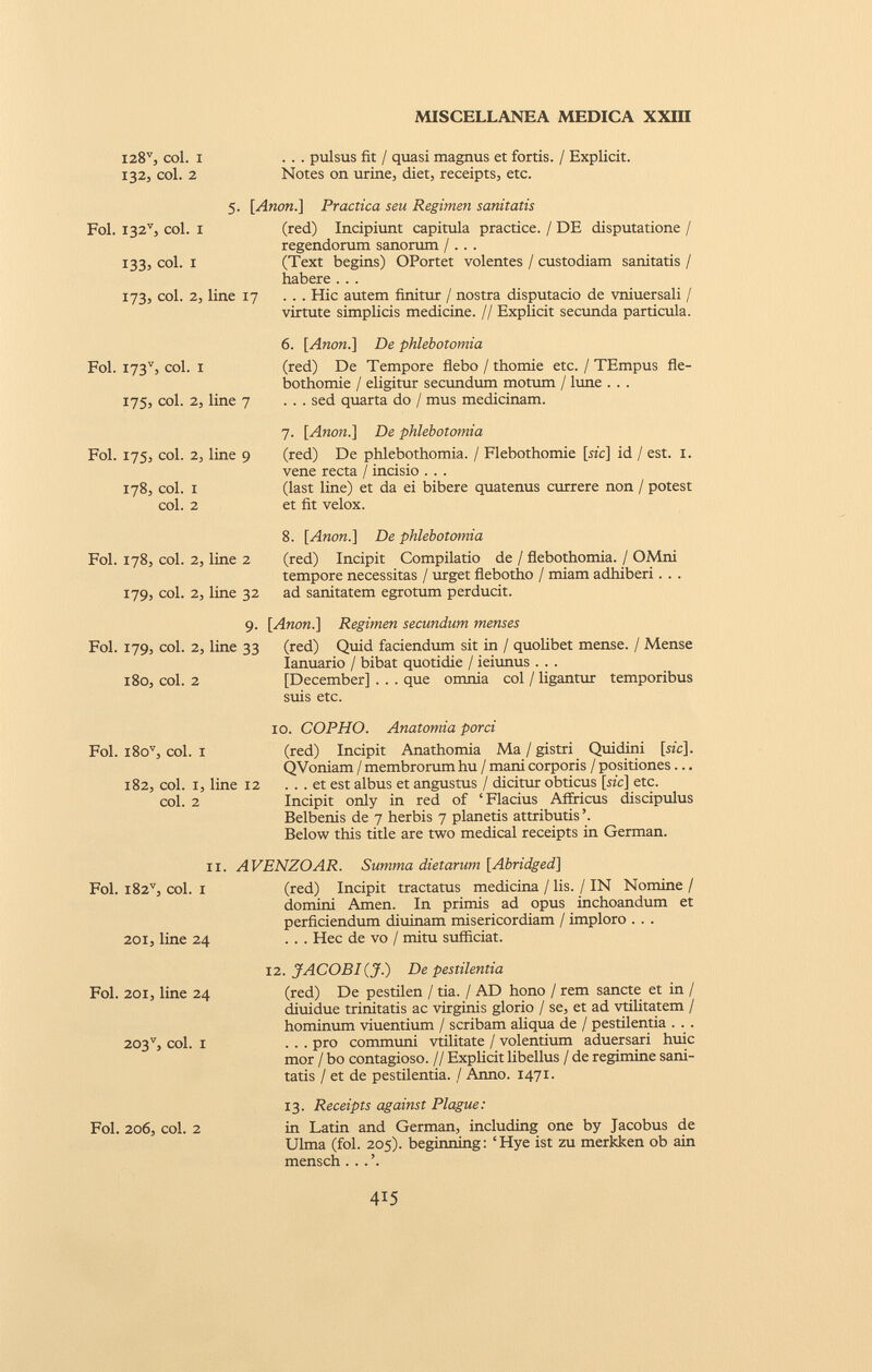 i 28 v , col. i ... pulsus fit / quasi magnus et fortis. / Explicit. 132, col. 2 Notes on urine, diet, receipts, etc. 5. [Anon.] Practica seu Regimen sanitatis Fol. I32 v , col. i 133, col. I 173, col. 2, line 17 (red) Incipiunt capitula practice. / DE disputatione / regendorum sanorum /.. . (Text begins) OPortet volentes / custodiam sanitatis / habere . . . . . . Hic autem finitur / nostra disputacio de vniuersali / virtute simplicis medicine. // Explicit secunda particula. 6. [Anon.] De phlebotomia Fol. I73 v , coi. 1 (red) De Tempore flebo / thomie etc. / TEmpus fle- bothomie / eligitur secundum motum / lune . . . 175, coi. 2, line 7 ... sed quarta do / mus medicinam. Fol. 175, coi. 2, line 9 178, coi. i coi. 2 7. [Anon.] De phlebotomia (red) De phlebothomia. / Flebothomie [mc] id / est. 1. vene recta / incisio . . . (last line) et da ei bibere quatenus currere non / potest et fit velox. 8. [Anon.] De phlebotomia Fol. 178, coi. 2, line 2 (red) Incipit Compilatio de / flebothomia. / OMni tempore necessitas / urget flebotho / miam adhiberi. . . 179, coi. 2, line 32 ad sanitatem egrotum perducit. 9. [Anon.] Regimen secundum menses Fol. 179, coi. 2, line 33 (red) Quid faciendum sit in / quolibet mense. / Mense Ianuario / bibat quotidie / ieiunus . . . 180, coi. 2 [December] . . . que omnia coi / ligantur temporibus suis etc. 10. COPHO. Anatomia porci Fol. i8o v , col. 1 (red) Incipit Anathomia Ma / gistri Quidini [mc]. QVoniam / membrorum hu / mani corporis / positiones ... 182, coi. 1, line 12 ... et est albus et angustus / dicitur obticus [sic] etc. coi. 2 Incipit only in red of ‘Flacius Affricus discipulus Belbenis de 7 herbis 7 planetis attributis ’. Below this title are two medical receipts in German. 11. AVENZOAR. Summa dietarum [Abridged] Fol. i 82 v , coi. 1 (red) Incipit tractatus medicina / lis. / IN Nomine/ domini Amen. In primis ad opus inchoandum et perficiendum diuinam misericordiam / imploro . . . 201, line 24 ... Hec de vo / mi tu sufficiat. Fol. 201, line 24 203 v , coi. i Fol. 206, coi. 2 12. JACOBI (J.) De pestilentia (red) De pestilen / tia. / AD hono / rem sancte et in / diuidue trinitatis ac virginis glorio / se, et ad vtilitatem / hominum viuentium / scribam aliqua de / pestilentia . . . . . . pro communi vtilitate / volentium aduersari huic mor / bo contagioso. // Explicit libellus / de regimine sani tatis / et de pestilentia. / Anno. 1471. 13. Receipts against Plague: in Latin and German, including one by Jacobus de Ulma (fol. 205). beginning: ‘ Hye ist zu merkken ob ain mensch . . . ’.