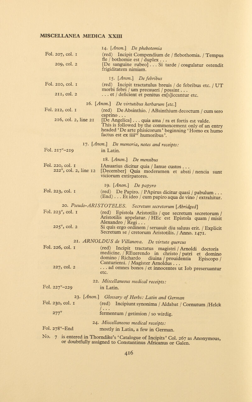 Fol. 207, col. I 14. [Anon.] De phebotomia (red) Incipit Compendium de / flebothomia. / Tempus fle / bothomie est / duplex . . . 209, col. 2 [De sanguine rubeo] ... Si tarde / coagulatur ostendit frigiditatem nimiam. Fol. 210, col. I 15. [Anon.] De febribus (red) Incipit tractatulus breuis / de febribus etc. / UT 211, col. 2 morbi febri / um precaueri / possint. . . ... et / deficient et penitus ex[s]iccantur etc. Fol. 2x2, col. I 16. [Anon.] De virtutibus herbarum [etc.] (red) De Absinthio. / ABsinthium decoctum / cum sero caprino . . . 216, col. 2, line 2i [De Angelica] .. . quia ama / ra et fortis est valde. This is followed by the commencement only of an entry headed ‘ De arte phisicorum ’ beginning ‘ Homo ex humo factus est ex iiii or humoribus ’. 17. [Anon.] De memoria, notes and receipts: Fol. 2I7 V -2I9 in Latin. 18. [Anon.] De mensibus Fol. 220, coi. 1 IAnuarius dicitur quia / Ianue custos . .. 222 v , coi. 2, line 12 [December] Quia moderamen et absti / nencia sunt Fol. 223, col. i viciorum extirpatores. 19. [Anón.] De papyro (red) De Papiro. / PApirus dicitur quasi / pabulum . . . (End) ... Et ideo / cum papiro aqua de vino / extrahitur. 20. Pseudo-ARISTOTELES. Secretum secretorum [Abridged ] Fol. 223 v , col. i (red) Epistola Aristotilis / que secretum secretorum / Aristotilis appelatur. / HEc est Epistola quam / misit Alexandro / Regi. . . 225 v 3 coi. 2 Si quis ergo ordinem / seruauit diu saluus erit. / Explicit Secretum se / cretorum Aristotilis. / Anno. 1471. 21. ARNOLDUS de Villanova. De virtute quercus Fol. 226, col. i (red) Incipit tractatus magistri / Arnoldi doctoris medicine. / REuerendo in christo / patri et domino domino / Richardo diuina / prouidentia Episcopo / Canturiensi. / Magister Arnoldus . . . 227, coi. 2 ... ad omnes bonos / et innocentes ut Iob preseruantur etc. 22. Miscellaneous medical receipts: Fol. 227 v -229 in Latin. 23. [Anon.] Glossary of Herbs: Latin and German Fol. 230, col. i (red) Incipiunt synonima / Aldabat / Cornutum /Helck /... 277 v fermentum / getimion / so wirdig. Fol. 278 V -End 24. Miscellaneous medical receipts: mostly in Latin, a few in German. No. 7 is entered in Thorndike’s ‘ Catalogue of Incipits ’ Col. 267 as Anonymous, or doubtfully assigned to Constantinus Africanus or Galen.