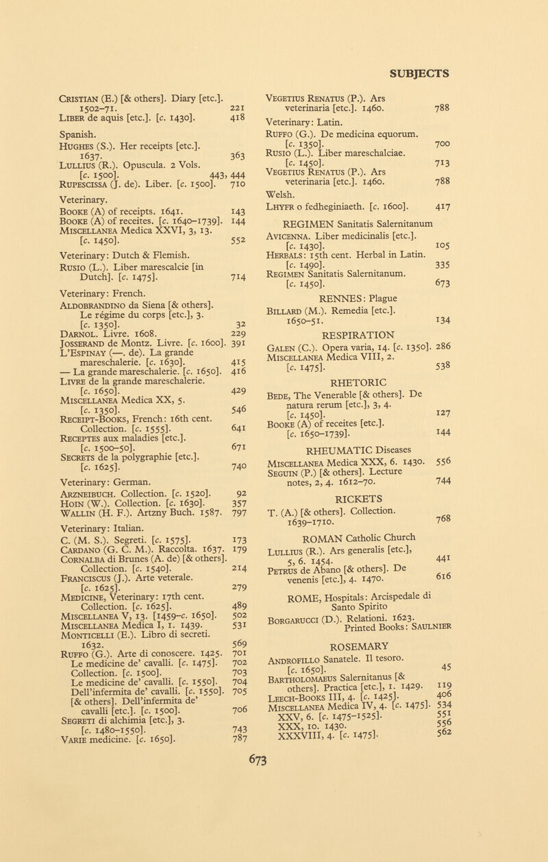 Cristian (E.) [& others]. Diary [etc.]. 1502-71. 221 Liber de aquis [etc.], [c. 1430]. 418 Spanish. Hughes (S.). Her receipts [etc.]. 1637. 363 Lullius (R.). Opuscula. 2 Vols. [c. 1500]. 443, 444 Rupescissa (J. de). Liber, [c. 1500]. 710 Veterinary. Booke (A) of receipts. 1641. 143 Booke (A) of receites. [c. 1640-1739]. 144 Miscellanea Medica XXVI, 3, 13. [c. 1450]. 552 Veterinary: Dutch & Flemish. Rusio (L.). Liber marescalcie [in Dutch], [c. 1475]. 714 Veterinary: French. Aldobrandino da Siena [& others]. Le régime du corps [etc.], 3. [c. 1350]. 32 Darnol. Livre. 1608. 229 Josserand de Montz. Livre. [c. 1600]. 391 L’Espinay (—. de). La grande mareschalerie. [c. 1630]. 415 — La grande mareschalerie. [c. 1650]. 416 Livre de la grande mareschalerie. [c. 1650]. 429 Miscellanea Medica XX, 5. [c. 1350]. 546 Receipt-Books, French: 16th cent. Collection, [c. 1555]. 641 Receptes aux maladies [etc.]. [c. 1500-50]. 671 Secrets de la polygraphie [etc.]. [c. 1625]. 740 Veterinary: German. Arzneibuch. Collection, [c. 1520]. 92 Hoin (W.). Collection, [c. 1630]. 357 Wallin (H. F.). Artzny Buch. 1587. 797 Veterinary: Italian. C. (M. S.). Segreti, [c. 1575]. 173 Cardano (G. C. M.). Raccolta. 1637. 179 Cornalba di Brunes (A. de) [& others]. Collection, [c. 1540]. 214 Franciscus (J.). Arte veterale. [c. 1625]. 279 Medicine, Veterinary: 17th cent. Collection, [c. 1625]. 489 Miscellanea V, 13. [1459-c. 1650]. 502 Miscellanea Medica I, 1. 1439. 531 Monticelli (E.). Libro di secreti. 1632. 569 Ruffo (G.). Arte di conoscere. 1425. 701 Le medicine de’ cavalli, [c. 1475]. 702 Collection, [c. 1500]. 703 Le medicine de’ cavalli, [c. 1550]. 704 Dell’infermità de’ cavalli, [c. 1550]. 705 [& others]. Dell’infermità de’ cavalli [etc.], [c. 1500]. 706 Segreti di alchimia [etc.], 3. [c. 1480-1550]. 743 Varie medicine, [c. 1650]. 787 Vegetius Renatus (P.). Ars veterinaria [etc.]. 1460. 788 Veterinary: Latin. Ruffo (G.). De medicina equorum. [c. 1350]. 700 Rusio (L.). Liber mareschalciae. [c. 1450]. 713 Vegetius Renatus (P.). Ars veterinaria [etc.]. 1460. 788 Welsh. Lhyfr o fedheginiaeth. [c. 1600]. 417 REGIMEN Sanitatis Salernitanum Avicenna. Liber medicinalis [etc.]. [c. 1430]. 105 Herbals: 15th cent. Herbal in Latin. [c. 1490]. 335 Regimen Sanitatis Salernitanum. [c. 1450]. 673 RENNES: Plague Billard (M.). Remedia [etc.]. 1650-51. 134 RESPIRATION Galen (C.). Opera varia, 14. [c. 1350]. 286 Miscellanea Medica VIII, 2. [c. 1475 ]- 538 RHETORIC Bede, The Venerable [& others]. De natura rerum [etc.], 3, 4. [c. 1450]. 127 Booke (A) of receites [etc.]. [c. 1650-1739]. 144 RHEUMATIC Diseases Miscellanea Medica XXX, 6. 1430. 556 Seguin (P.) [& others]. Lecture notes, 2, 4. 1612-70. 744 RICKETS T. (A.) [& others]. Collection. 1639-1710. 768 ROMAN Catholic Church Lullius (R.). Ars generalis [etc.], 5, 6. 1454 - 441 Petrus de Abano [& others]. De venenis [etc.], 4. 147°' 616 ROME, Hospitals : Arcispedale di Santo Spirito Borgarucci (D.). Relationi. 1623. Printed Books : Saulnier ROSEMARY Androfillo Sanatele. II tesoro. [c. 1650]. Bartholomaeus Salernitanus [& others]. Practica [etc.], 1. 1429. Leech-Books III, 4. [c. 1425]. Miscellanea Medica IV, 4. [c. 1475 ] • XXV, 6. [c. 1475-1525]- XXX, 10. 1430. XXXVIII, 4- [c- 1475]. 45 119 406 534 551 556 562