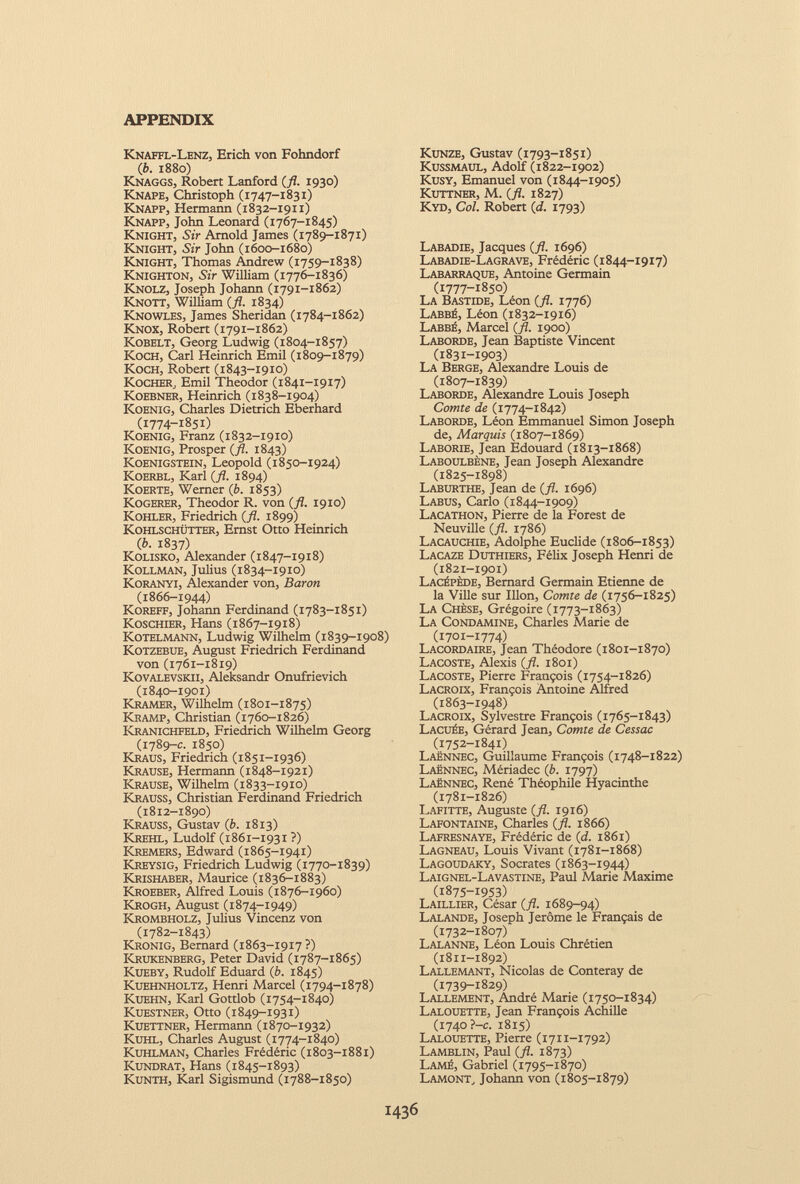 Knaffl-Lenz, Erich von Fohndorf (b. 1880) Knaggs, Robert Lanford (fl. 1930) Knape, Christoph (1747-1831) Knapp, Hermann (1832-1911) Knapp, John Leonard (1767-1845) Knight, Sir Arnold James (1789-1871) Knight, Sir John (1600-1680) Knight, Thomas Andrew (1759-1838) Knighton, Sir William (1776-1836) Knolz, Joseph Johann (1791-1862) Knott, William (fl. 1834) Knowles, James Sheridan (1784-1862) Knox, Robert (1791-1862) Kobelt, Georg Ludwig (1804-1857) Koch, Carl Heinrich Emil (1809-1879) Koch, Robert (1843-1910) Kocher, Emil Theodor (1841-1917) Koebner, Heinrich (1838-1904) Koenig, Charles Dietrich Eberhard (1774-1851) Koenig, Franz (1832-1910) Koenig, Prosper (fl. 1843) Koenigstein, Leopold (1850-1924) Koerbl, Karl (fl. 1894) Koerte, Werner (b. 1853) Kogerer, Theodor R. von (fl. 1910) Kohler, Friedrich (fl. 1899) Kohlschütter, Ernst Otto Heinrich (b. 1837) Kolisko, Alexander (1847-1918) Kollman, Julius (1834-1910) KoRANYi, Alexander von, Baron (1866-1944) Koreff, Johann Ferdinand (1783-1851) KosCHiER, Hans (1867-1918) Kotelmann, Ludwig Wilhelm (1839-1908) Kotzebue, August Friedrich Ferdinand von (1761-1819) Kovalevskii, Aleksandr Onufrievich (1840-1901) Kramer, Wilhelm (1801-1875) Kramp, Christian (1760-1826) Kranichfeld, Friedrich Wilhelm Georg (1789-с. 1850) Kraus, Friedrich (1851-1936) Krause, Hermann (1848-1921) Krause, Wilhelm (1833-1910) Krauss, Christian Ferdinand Friedrich (1812-1890) Krauss, Gustav (b. 1813) Krehl, Ludolf (1861-1931 ?) Kremers, Edward (1865-1941) Kreysig, Friedrich Ludwig (1770-1839) Krishaber, Maurice (1836-1883) Kroeber, Alfred Louis (1876-1960) Krogh, August (1874-1949) Krombholz, Julius Vincenz von (1782-1843) Kronig, Bernard (1863-1917?) Krukenberg, Peter David (1787-1865) Kueby, Rudolf Eduard (b. 1845) Kuehnholtz, Henri Marcel (1794-1878) Kuehn, Karl Gottlob (1754-1840) KUESTNER, Otto (1849-1931) Kuettner, Hermann (1870-1932) Kuhl, Charles August (1774-1840) Kuhlman, Charles Frédéric (1803-1881) Kundrat, Hans (1845-1893) Kunth, Karl Sigismund (1788-1850) Kunze, Gustav (1793-1851) Kussmaul, Adolf (1822-1902) Kusy, Emanuel von (1844-1905) Kuttner, M. (fl. 1827) Kyd, Col. Robert (d. 1793) Labadie, Jacques (fl. 1696) Labadie-Lagrave, Frédéric (1844-1917) Labarraque, Antoine Germain (1777-1850) La Bastide, Léon (fl. 1776) Labbé, Léon (1832-1916) Labbé, Marcel (fl. 1900) Laborde, Jean Baptiste Vincent (1831-1903) La Berge, Alexandre Louis de (1807-1839) Laborde, Alexandre Louis Joseph Comte de (1774-1842) Laborde, Léon Emmanuel Simon Joseph de, Marquis (1807-1869) Laborie, Jean Edouard (1813-1868) Laboulbène, Jean Joseph Alexandre (1825-1898) Laburthe, Jean de (fl. 1696) Labus, Carlo (1844-1909) Lacathon, Pierre de la Forest de Neuville (fl. 1786) Lacauchie, Adolphe Euclide (1806-1853) Lacaze Duthiers, Félix Joseph Henri de (1821-1901) Lacépède, Bernard Germain Etienne de la Ville sur Mon, Comte de (1756-1825) La Chèse, Grégoire (1773-1863) La Condamine, Charles Marie de (1701-1774) Lacordaire, Jean Théodore (1801-1870) Lacoste, Alexis (fl. 1801) Lacoste, Pierre François (1754-1826) Lacroix, François Antoine Alfred (1863-1948) Lacroix, Sylvestre François (1765-1843) Lâchée, Gérard Jean, Comte de Cessac (1752-1841) Laënnec, Guillaume François (1748-1822) Laënnec, Mériadec (b. 1797) Laënnec, René Théophile Hyacinthe (1781-1826) Lafitte, Auguste (fl. 1916) Lafontaine, Charles (fl. 1866) Lafresnaye, Frédéric de (d. 1861) Lagneau, Louis Vivant (1781-1868) Lagoudaky, Socrates (1863-1944) Laignel-Lavastine, Paul Marie Maxime (1875-1953) Laillier, César (fl. 1689-94) Lalande, Joseph Jerome le Français de (1732-1807) Lalanne, Léon Louis Chrétien (1811-1892) Lallemant, Nicolas de Conteray de (1739-1829) Lallement, André Marie (1750-1834) L alouette, Jean François Achille (1740 ?-c. 1815) Laloubtte, Pierre (1711-1792) Lamblin, Paul (fl. 1873) Lamé, Gabriel (1795-1870) Lamont, Johann von (1805-1879)