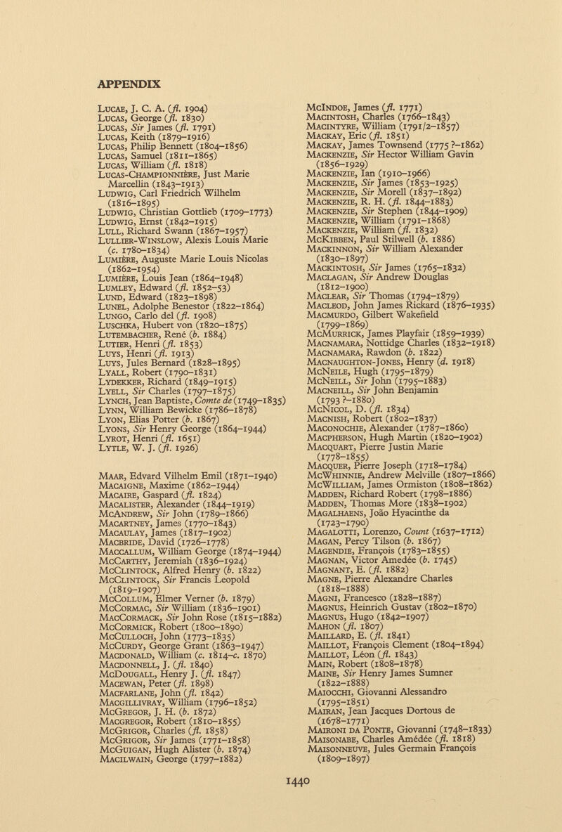 Lucae, J. C. A. (fl. 1904) Lucas, George (fl. 1830) Lucas, Sir James (fl. 1791) Lucas, Keith (1879-1916) Lucas, Philip Bennett (1804-1856) Lucas, Samuel (1811-1865) Lucas, William (fl. 1818) Lucas-Championnière, Just Marie Marcellin (1843-1913) Ludwig, Cari Friedrich Wilhelm (1816-1895) Ludwig, Christian Gottlieb (1709-1773) Ludwig, Ernst (1842-1915) Lull, Richard Swann (1867-1957) Lullier-Winslow, Alexis Louis Marie (c. 1780-1834) Lumière, Auguste Marie Louis Nicolas (1862-1954) Lumière, Louis Jean (1864-1948) Lumley, Edward (fl. 1852-53) Lund, Edward (1823-1898) Lunel, Adolphe Benestor (1822-1864) Lungo, Carlo del (fl. 1908) Luschka, Hubert von (1820-1875) Lutembacher, René (b. 1884) Lutier, Henri (fl. 1853) Luys, Henri (fl. 1913) Luys, Jules Bernard (1828-1895) Lyall, Robert (1790-1831) Lydekker, Richard (1849-1915) Lyell, Sir Charles (1797-1875) Lynch, Jean Baptiste, Comte de (1749-1835) Lynn, William Bewicke (1786-1878) Lyon, Elias Potter (b. 1867) Lyons, Sir Henry George (1864-1944) Lyrot, Henri (fl. 1651) Lytle, W. J. (fl. 1926) Maar, Edvard Vilhelm Emil (1871-1940) Macaigne, Maxime (1862-1944) Macaire, Gaspard (fl. 1824) Macalister, Alexander (1844-1919) McAndrew, Sir John (1789-1866) Macartney, James (1770-1843) Macaulay, James (1817-1902) Macbride, David (1726-1778) Maccallum, William George (1874-1944) McCarthy, Jeremiah (1836-1924) McClintock, Alfred Henry (b. 1822) McClintock, Sir Francis Leopold (1819-1907) McCollum, Elmer Vemer (b. 1879) McCormac, Sir William (1836-1901) MacCormack, Sir John Rose (1815-1882) McCormick, Robert (1800-1890) McCulloch, John (1773-1835) McCurdy, George Grant (1863-1947) Macdonald, William (c. 1814-c. 1870) Macdonnell, J. (fl. 1840) McDougall, Henry J. (fl. 1847) Macewan, Peter (fl. 1898) Macfarlane, John (fl. 1842) Macgillivray, William (1796-1852) McGregor, J. H. (b. 1872) Macgregor, Robert (1810-1855) McGrigor, Charles (fl. 1858) McGrigor, Sir James (1771-1858) McGuigan, Hugh Alister (b. 1874) Macilwain, George (1797-1882) McIndoe, James (fl. 1771) Macintosh, Charles (1766-1843) Macintyre, William (1791/2-1857) Mackay, Eric (fl. 1851) Mackay, James Townsend (1775 ?-i862) Mackenzie, Sir Hector William Gavin (1856-1929) Mackenzie, Ian (1910-1966) Mackenzie, Sir James (1853-1925) Mackenzie, Sir Morell (1837-1892) Mackenzie, R. H. (fl. 1844-1883) Mackenzie, Sir Stephen (1844-1909) Mackenzie, William (1791-1868) Mackenzie, William (fl. 1832) McKibben, Paul Stilwell (b. 1886) Mackinnon, Sir William Alexander (1830-1897) Mackintosh, Sir James (1765-1832) Maclagan, Sir Andrew Douglas (1812-1900) Maclear, Sir Thomas (1794-1879) Macleod, John James Rickard (1876-1935) Macmurdo, Gilbert Wakefield (1799-1869) McMurrick, James Playfair (1859-1939) Macnamara, Nottidge Charles (1832-1918) Macnamara, Rawdon (b. 1822) Macnaughton-Jones, Henry (d. 1918) McNeile, Hugh (1795-1879) McNeill, Sir John (1795-1883) Macneill, Sir John Benjamin (1793 ?-i88o) McNicol, D. (fl. 1834) Macnish, Robert (1802-1837) Maconochie, Alexander (1787-1860) Macpherson, Hugh Martin (1820-1902) Macquart, Pierre Justin Marie (1778-1855) Macquer, Pierre Joseph (1718-1784) McWhinnie, Andrew Melville (1807-1866) McWilliam, James Ormiston (1808-1862) Madden, Richard Robert (1798-1886) Madden, Thomas More (1838-1902) Magalhaens, Joào Hyacinthe da (1723-1790) Magalotti, Lorenzo, Count (1637-1712) Magan, Percy Tilson (b. 1867) Magendie, François (1783-1855) Magnan, Victor Amedée (b. 1745) Magnant, E. (fl. 1882) Magne, Pierre Alexandre Charles (1818-1888) Magni, Francesco (1828-1887) Magnus, Heinrich Gustav (1802-1870) Magnus, Hugo (1842-1907) Mahon (fl. 1807) Maillard, E. (fl. 1841) Maillot, François Clement (1804-1894) Maillot, Léon (fl. 1843) Main, Robert (1808-1878) Maine, Sir Henry James Sumner (1822-1888) Maiocchi, Giovanni Alessandro (1795-1851) Mairan, Jean Jacques Dortous de (1678-1771) Maironi da Ponte, Giovanni (1748-1833) Maisonabe, Charles Amédée (fl. 1818) Maisonneuve, Jules Germain François (1809-1897)