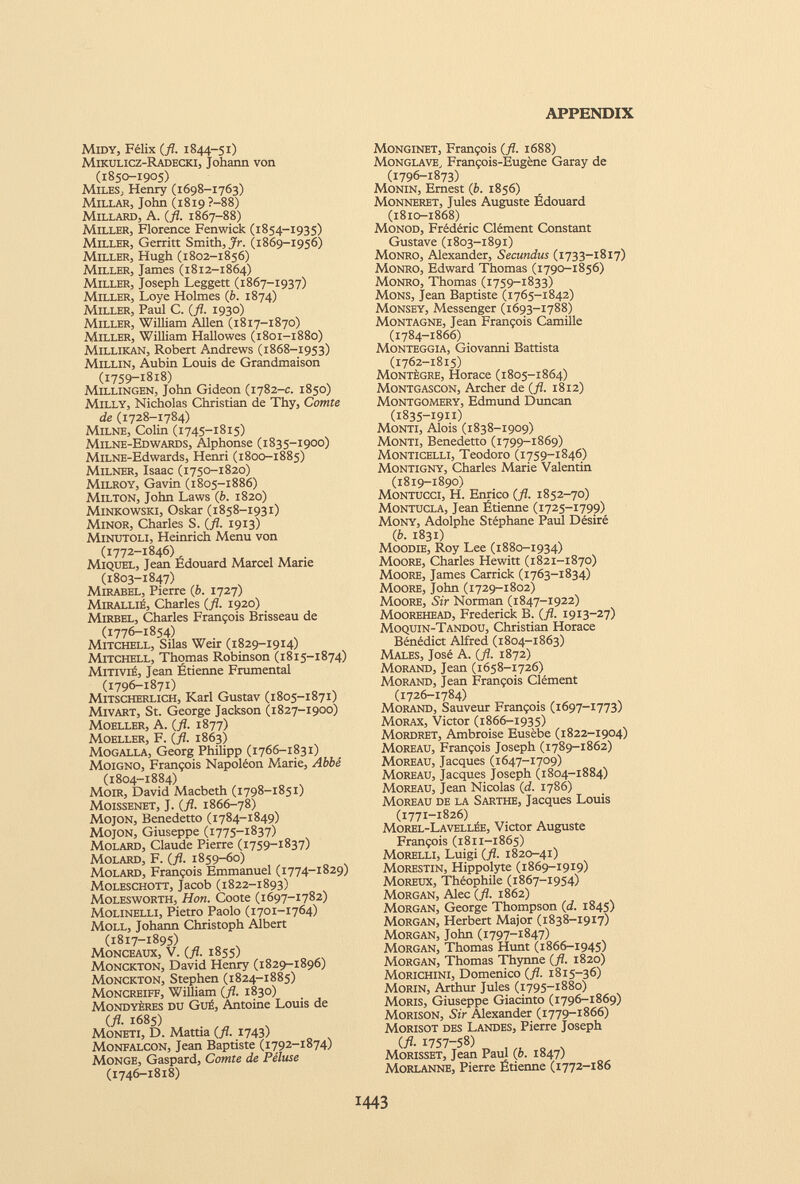 MlDY, Félix (fl. 1844-51) Mikulicz-Radecki, Johann von (1850-1905) MileSj Henry (1698-1763) Millar, John (1819 ?-88) Millard, A. (fl. 1867-88) Miller, Florence Fenwick (1854-1935) Miller, Gerritt Smith, Jr. (1869-1956) Miller, Hugh (1802-1856) Miller, James (1812-1864) Miller, Joseph Leggett (1867-1937) Miller, Loye Holmes (b. 1874) Miller, Paul C. (fl. 1930) Miller, William Allen (1817-1870) Miller, William Hallowes (1801-1880) Millikan, Robert Andrews (1868-1953) MiLLlN, Aubin Louis de Grandmaison (1759-1818) Millingen, John Gideon (1782-c. 1850) Milly, Nicholas Christian de Thy, Comte de (1728-1784) Milne, Colin (1745-1815) Milne-Edwards, Alphonse (1835-1900) MiLNE-Edwards, Henri (1800-1885) Milner, Isaac (1750-1820) Milroy, Gavin (1805-1886) Milton, John Laws (b. 1820) Minkowski, Oskar (1858-1931) Minor, Charles S. (fl. 1913) Minutoli, Heinrich Menu von (1772-1846). Miquel, Jean Edouard Marcel Marie (1803-1847) Mirabel, Pierre (b. 1727) MiRALLiÉ, Charles (fl. 1920) Mirbel, Charles François Brisseau de (1776-1854) Mitchell, Silas Weir (1829-1914) Mitchell, Thomas Robinson (1815-1874) Mitivié, Jean Étienne Frumental (1796-1871) Mitscherlich, Karl Gustav (1805-1871) Mivart, St. George Jackson (1827-1900) Moeller, A. (fl. 1877) Moeller, F. (fl. 1863) Mogalla, Georg Philipp (1766-1831) Moigno, François Napoléon Marie, Abbé (1804-1884) Morn, David Macbeth (1798-1851) MOISSENET, J. (fl. 1866-78) Mojon, Benedetto (1784-1849) Mojon, Giuseppe (1775-1837) Molard, Claude Pierre (1759-1837) Molard, F. (fl. 1859-60) Molard, François Emmanuel (1774-1829) Moleschott, Jacob (1822-1893) Molesworth, Hon. Coote (1697-1782) Molinelli, Pietro Paolo (1701-1764) Moll, Johann Christoph Albert (1817-1895) Monceaux, V. (fl. 1855) Monckton, David Henry (1829-1896) Monckton, Stephen (1824-1885) Moncreiff, William (fl. 1830) Mondyères du Gué, Antoine Louis de (fl. 1685) Moneti, D. Mattia (fl. 1743) Monfalcon, Jean Baptiste (1792-1874) Monge, Gaspard, Comte de Péluse (1746-1818) Monginet, François (fl. 1688) Monglave, François-Eugène Garay de (1796-1873) Monin, Ernest (b. 1856) Monneret, Jules Auguste Édouard (1810-1868) Monod, Frédéric Clément Constant Gustave (1803-1891) Monro, Alexander, Secundus (1733-1817) Monro, Edward Thomas (1790-1856) Monro, Thomas (1759-1833) Mons, Jean Baptiste (1765-1842) Monsey, Messenger (1693-1788) Montagne, Jean François Camille (1784-1866) Monteggia, Giovanni Battista (1762-1815) Montègre, Horace (1805-1864) Montgascon, Archer de (fl. 1812) Montgomery, Edmund Duncan (1835-1911) Monti, Alois (1838-1909) Monti, Benedetto (1799-1869) Monticelli, Teodoro (1759-1846) Montigny, Charles Marie Valentin (1819-1890) MoNTUCCi, H. Enrico (fl. 1852-70) Montucla, Jean Étienne (1725-1799) Mony, Adolphe Stéphane Paul Désiré (b. 1831) Moodie, Roy Lee (1880-1934) Moore, Charles Hewitt (1821-1870) Moore, James Carrick (1763-1834) Moore, John (1729-1802) Moore, Sir Norman (1847-1922) MOOREHEAD, Frederick B. (ft. 1913-27) Moquin-Tandou, Christian Horace Bénédict Alfred (1804-1863) Males, José A. (fl. 1872) Morand, Jean (1658-1726) Morand, Jean François Clément (1726-1784) Morand, Sauveur François (1697-1773) Morax, Victor (1866-1935) Mordret, Ambroise Eusèbe (1822-1904) Moreau, François Joseph (1789-1862) Moreau, Jacques (1647-1709) Moreau, Jacques Joseph (1804-1884) Moreau, Jean Nicolas (d. 1786) Moreau de la Sarthe, Jacques Louis (1771-1826) Morel-Lavellée, Victor Auguste François (1811-1865) MORELLI, Luigi (fl. 1820-41) Morestin, Hippolyte (1869-1919) Moreux, Théophile (1867-1954) Morgan, Alec (fl. 1862) Morgan, George Thompson (d. 1845) Morgan, Herbert Major (1838-1917) Morgan, John (1797-1847) Morgan, Thomas Hunt (1866-1945) Morgan, Thomas Thynne (fl. 1820) MoRiCHlNi, Domenico (fl. 1815-36) Morin, Arthur Jules (1795-1880) Moris, Giuseppe Giacinto (1796-1869) Morison, Sir Alexander (1779-1866) Morisot des Landes, Pierre Joseph (fl- 1757-58) ^ o v Morisset, Jean Paul (b. 1847) Morlanne, Pierre Étienne (1772-186