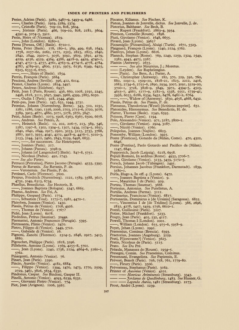 Perier, Adrien (Paris). 3280, 5487-9, 5493-4, 6486. , Charles (Paris). 1919, 5289, 5374. , Cristofle (Paris). 709-10, 808, 3604. , Jérémie (Paris). 466, 709-10, 808, 2181, 3604, 4592 - 4 , 5074 - 5 , 5911 - Perin, Heirs of (Vicenza). 2819. , John (London). 6580-1. Perna [Pernea, Off.] (Basle). 6710-1. Perna, Peter (Basle). 178, 180-1, 389, 499, 638, 1643, 1758, 2057-60, 2062, 2171, 2503, 2823, 2825, 2840, 2842, 2844, 2920-1, 3056, 3092, 3609, 3891, 4179, 4229, 4236, 4359, 4364, 4386, 4418-9, 4429, 4740-1, 4747 , 4751 - 3 , 4757 , 4761, 4763-9, 4774 - 6 , 4778, 4784, 4787, 4789-91, 4800, 5131, 5975, 6136, 6349, 6425, 6525, 6535-6, 6705. , , Heirs of (Basle). 1854. Perrin, François (Paris). 3684. Pescioni, Andrea (Seville). 396, 412, 6014. Pesnot, Charles (Lyons). 2824, 3497. Peters, Andreas (Eisleben). 6957. Petit, Jean I (Paris, Rouen). 436, 660, 1008, 2191, 2245, 2498, 2818, 3111, 3697, 3940, 3968, 4399, 5885, 6050. , Oudin I (Paris). 918, 2544, 4649. Petit-pas, Jean (Paris). 147, 635, 1944, 3731. Petreius, Johann (Nuremberg, Berne). 343, 510, 1031, 1281, 1286, 1290, 1356, 2006, 2703, 2715-6, 2720, 3076, 3589, 3903, 4671, 4860, 5071, 5278, 5670, 5847. Petri, Adam (Basle). 1073, 5908, 6363, 6367, 6500, 6678. , Andreas. See Peters, A. , Heinrich (Basle). 12, 202, 206-7, 213, 389, 546, 1287, 1297-8, 1302, 1304-5, 1307, 1434, 1574-5, 1651, 2840, 2842, 2844, 2917, 2920, 3053, 3125, 3735, 3768, 3887, 3917, 3935, 4041, 4272, 4418-9, 4476-7, 5010-3, 5153, 5244, 5412, 5460, 5843, 6259, 6498, 6835. , , for successors. See Henricpetri. , Joannes (Paris). 217. , Johann (Passau). 3098-9. , Johann [of Langendorf] (Basle). 847-8, 5751. , Nicolaus (Padua). 492, 2743. See also Pietro. Pétrucci [Petrutius], Pietro Jacomo (Perugia). 4533, 5395. Petrus de Ravanis. See Ravanis, P. de. Veronensis. See Piasiis, P. de. Pettinari, Carlo (Florence). 5600. Peypus, Friedrich (Nuremberg). 1121, 1589, 3588, 3617, 4732, 5049 , 6313, 6734. Phaellus, Benedictus. See Hectoris, B. , Joannes Baptista (Bologna). 5247, 6865. Phaeus, Andreas. See Fei, A. Philippe, Gaspard (Paris). 1774. , Sébastien (Toul). 1175-7, 2981, 4470-1. Phiroben, Joannes (Venice). 1430. Piasiis, Petrus de (Venice). 1708, 4926. , Thomas de (Venice). 1767? Pidié, Jean (Lyons). 6078. Piededius, Petrus (Saumur). 5044a. Piermattei, Antonio Francesco (Perugia). 5395. Pietrasanta, Plinio (Venice). 2470. Pietro, Filippo di (Venice). 5449, 5722. , Gabriele di (Venice). 16. Pignoni, Zanobi (Florence). 2314-5, 2848, 2927, 5415, 6880. Pigouchet, Philippe (Paris). 2818, 3296. Pillehotte, Antoine (Lyons). 1569, 4255-8, 5701. , Jean (Lyons). 1240, 1738, 2124, 4664-6, 5160-1, 5762 . Pinargenti, Antonio (Venice). 76. Pinart, Jean (Paris). 5590. Pincio, Aurelio (Venice). 4182, 6884. , Filippo (Venice). 1394, 1470, 1473, 1770, 2509, 2729, 3461, 3826, 5654, 6332. Pindonus, Caspar. See Bindoni, Gaspar II. Pinelli, Antonio (Venice). 4093, 6239, 6531. , Giovanni Pietro (Venice). 774. Piot, Jean (Avignon). 1006, 3567. Piscator, Kilianus. See Fischer, K. Piston, Joannes de Jonvelle, dictus. See Jonvelle, J. de. Pistorius, Balthasar. See Beck, B. , Rupert (Frankfort). 2863-4, 3954 - Pitreson, Corneille (Rouen). 1898. Piuti, Girolamo (Venice). 1648, 6655. Pivard, Jean (Lyons). 3965? Pizzamiglio [Pizzamilius], Aluigi (Turin). 1671, 5523. Plaignard, François (Lyons). 1240, 2124, 5762. Planfoys, Jehan (Lyons). 6616. Plannck, Stephan (Rome). 769, 1249, 1259, 1324, 1549, 2382, 4943, 4975, 5567. Plantin (Antwerp). 2655. . See also Meursius, J.j Moretus. (Leyden). See Raphelengius. (Paris). See Beys, A.; Perier, A. , Christopher (Antwerp). 182, 370, 529, 592, 760, 880, 1091-2, 1509-10, 1818-21, 1823, 2212, 2416, 2683, 2734-6, 2755-6, 2890, 2934, 3007, 3091, 3519-20, 3700-1, 3728, 3828-9, 3849, 3972, 4394-5, 4523, 4655 - 7 , 4667, 5177 - 9 , 5181-3, 5338 , 5551 , 5739 - 41 , 5956, 6055, 6186, 6334, 6431, 6478, 6481-2, 6764. , , Widow of (Antwerp). 3830, 4658, 4668, 6432. Piasiis, Petrus de. See Piasiis, P. de. Plateanus, Theodoricus (Wesel) [fictitious imprint]. 651. Platonides, Hieronymus. See Benedictis, H. de. Platter, Thomas (Basle). 2540, 6595. Poisson, Pierre (Caen). 1194. Polo, Alessandro (Venice). 971, 3187, 5800-1. , Girolamo (Venice). 2924, 3187. , Nicolô (Venice). 5760. Polopolus, Joannes (Naples). 6823. Ponsonby, William (London). 3925. Ponte [Ponticus], Gotardo da (Milan, Como). 470, 4322, 6646. Ponte [Pontius], Paolo Gotardo and Pacifico da (Milan). 1147, 6842. Popporeich, Jacob (Leipzig). 6218, 6958. Populi Romani, In aedibus (Rome). 4935, 5706-7. Porro, Girolamo (Venice). 3133, 3459, 5172-3. Porsch, Johann Jacob (Tübingen). 2491. Porsius, Johannes Jacobus (Frankfort, Darmstadt). 1839, 3580-1. Porta, Hugo a, In off. q. (Lyons). 6472. , Joannes Baptista a (Venice). 9. , Mauricius I de (Paris). 929. Portau, Thomas (Saumur). 3668. Portesius, Antonius. See Putelletus, A. Portilia, Andreas (Parma). 5111. Portinarius, Francisais (Venice). 6817. Portonariis, Dominicus a [de Ursinis] (Saragossa). 6825. * , Vincentius I de [de Tridino] (Lyons). 386, 2696, 2832, 4278, 5457, 5459, 5756, 6610-1. Postel, Guillaume (Paris). 5227. Potier, Michael (Frankfort). 5233. Poupy, Jean (Paris). 405, 532, 4117. Powell, Thomas I (London). 2001. , William (London). 655, 975-6, 5958-9. Poyet, Jehan (Lyons). 2992. Praesenius, Cominus (Brescia). 6393. Praetorius, Joannes (Augsburg). 3259. Prati, F[ioravante?] (Venice). 5625. Pratis, Nicolaus de (Paris). 51x5. Prato. See Du Pré. Préaulx, Manassez de (Rouen). 1954-5. Presegni, Comin. See Praesenius, Cominus. Presenzani, Evangelista. See Papiensis, E. Prévost, Benoit (Paris). 756, 758, 761, 1779-80. , Fleury (Paris). 3500. Prévosteau, Stephanus (Paris). 3162. Printer of Ausonius (Venice). 4101. Henricus Ariminensis (Strassburg). 3343. Jordanus de Quedlinburg , 1483. See Husner, G. Legenda Aurea, 1481 (Strassburg). 2175. Prost, André (Lyons). 1239.