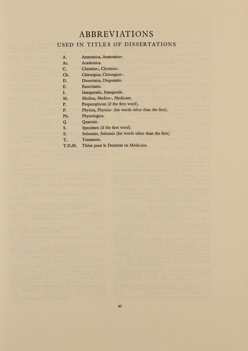 ABBREVIATIONS USED IN TITLES OF DISSERTATIONS A. Anatomica, Anatomico-. Ac. Academica. C. Chemico-, Chymico-, Ch. Chirurgica, Chirurgico-. D. Dissertatio, Disputatio. E. Exercitatio. I. Inaugurali, Inaugurale. M. Medica, Medico-, Medicum. P. Propempticon (if the first word). P. Physica, Physico- (for words other than the first). Ph. Physiologica. Q Quaestio. s. Specimen (if the first word). s. Solemnis, Solennis (for words other than the first). T. Tentamen. T.D.M. Thèse pour le Doctorat en Médecine.