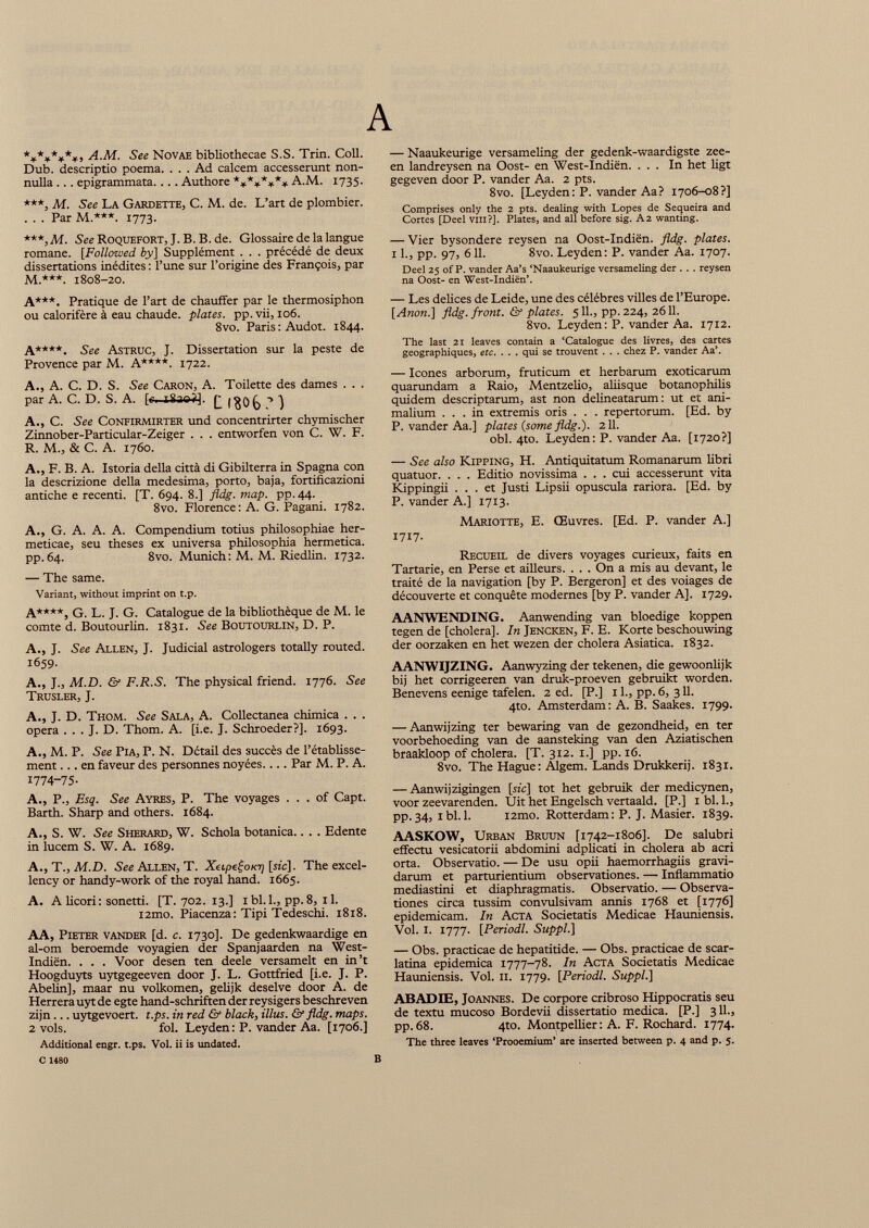 A ********, A.M. See Novae bibliothecae S.S. Trin. Coll. Dub. descriptio poema. . . . Ad calcem accesserunt non nulla ... epigrammata.... Authore ******** A.M. 1735. ***, M. See La Gardette, C. M. de. L’art de plombier. . . . Par M.***. 1773. See Roquefort, J. B. B. de. Glossaire de la langue romane. [Followed by] Supplément . . . précédé de deux dissertations inédites : l’une sur l’origine des François, par M.***. 1808-20. A***. Pratique de l’art de chauffer par le thermosiphon ou calorifère à eau chaude, plates, pp. vii, 106. 8vo. Paris : Audot. 1844. A****. See Astruc, J. Dissertation sur la peste de Provence par M. A****. 1722. A., A. C. D. S. See Caron, A. Toilette des dames . . . par A. C. D. S. A. [<•■ i8ao?]. Q ! $0 (> A., C. See Confirmirter und concentrirter chymischer Zinnober-Particular-Zeiger . . . entworfen von C. W. F. R. M., & C. A. 1760. A., F. B. A. Istoria della città di Gibilterra in Spagna con la descrizione della medesima, porto, baja, fortificazioni antiche e recenti. [T. 694. 8.] fldg. map. pp.44. 8vo. Florence: A. G. Pagani. 1782. A., G. A. A. A. Compendium totius philosophiae her- meticae, seu theses ex universa philosophia hermetica. pp.64. 8vo. Munich: M. M. Riedlin. 1732. — The same. Variant, without imprint on t.p. A****, G. L. J. G. Catalogue de la bibliothèque de M. le comte d. Boutourlin. 1831. See Boutourlin, D. P. A., J. See Allen, J. Judicial astrologers totally routed. 1659. A., J., M.D. & F.R.S. The physical friend. 1776. See Trusler, J. A., J. D. Thom. See Sala, A. Collectanea chimica . . . opera . . . J. D. Thom. A. [i.e. J. Schroeder?]. 1693. A., M. P. See Pia, P. N. Détail des succès de l’établisse ment ... en faveur des personnes noyées.... Par M. P. A. 1774-75- A., P., Esq. See Ayres, P. The voyages ... of Capi. Barth. Sharp and others. 1684. A., S. W. See Sherard, W. Schola botanica.. . . Edente in lucem S. W. A. 1689. A., T., M.D. See Allen, T. XeipeÇoKrj [sic]. The excel lency or handy-work of the royal hand. 1665. A. A licori : sonetti. [T. 702. 13.] i bl. 1., pp. 8, 11. i2mo. Piacenza: Tipi Tedeschi. 1818. AA, Pieter vander [d. c. 1730]. De gedenkwaardige en al-om beroemde voyagien der Spanjaarden na West- Indiën. . . . Voor desen ten deele versamelt en in’t Hoogduyts uytgegeeven door J. L. Gottfried [i.e. J. P. Abelin], maar nu volkomen, gelijk deselve door A. de Herrera uyt de egte hand-schriften der reysigers beschreven zijn... uytgevoert. t.ps. in red & black, illus. & fldg. maps. 2 vols. fol. Leyden : P. vander Aa. [1706.] Additional engr. t.ps. Voi. ii is undated. C 1480 — Naaukeurige versameling der gedenk-waardigste zee- en landreysen na Oost- en West-Indiën. ... In het ligt gegeven door P. vander Aa. 2 pts. 8vo. [Leyden : P. vander Aa ? 1706-08?] Comprises only the 2 pts. dealing with Lopes de Sequeira and Cortes [Deel vni?]. Plates, and all before sig. A2 wanting. — Vier bysondere reysen na Oost-Indiën. fldg. plates. 1 1., pp. 97, 611. 8vo. Leyden: P. vander Aa. 1707. Deel 25 of P. vander Aa’s ‘Naaukeurige versameling der . . . reysen na Oost- en West-Indiën’. — Les delices de Leide, une des célébrés villes de l’Europe. [ Anon .] fldg. front. & plates. 5 IL, pp. 224, 2611. 8vo. Leyden: P. vander Aa. 1712. The last 21 leaves contain a ‘Catalogue des livres, des cartes géographiques, etc. . . . qui se trouvent . . . chez P. vander Aa’. — Icones arborum, fruticum et herbarum exoticarum quarundam a Raio, Mentzelio, aliisque botanophilis quidem descriptarum, ast non delineatarum : ut et ani malium ... in extremis oris . . . repertorum. [Ed. by P. vander Aa.] plates (some fldg.). 211. obi. 4to. Leyden: P. vander Aa. [1720?] — See also Kipping, H. Antiquitatum Romanarum libri quatuor. . . . Editio novissima . . . cui accesserunt vita Kippingii ... et Justi Lipsii opuscula rariora. [Ed. by P. vander A.] 1713. Mariotte, E. Œuvres. [Ed. P. vander A.] 1717. Recueil de divers voyages curieux, faits en Tartarie, en Perse et ailleurs. . . . On a mis au devant, le traité de la navigation [by P. Bergeron] et des voiages de découverte et conquête modernes [by P. vander A], 1729. AANWENDING. Aanwending van bloedige koppen tegen de [choiera]. In Jencken, F. E. Korte beschouwing der oorzaken en het wezen der choiera Asiatica. 1832. AANWIJZING. Aanwyzing der tekenen, die gewoonlijk bij het corrigeeren van druk-proeven gebruikt worden. Benevens eenige tafelen. 2 ed. [P.] il., pp.6, 311. 4to. Amsterdam: A. B. Saakes. 1799. — Aanwijzing ter bewaring van de gezondheid, en ter voorbehoeding van de aansteking van den Aziatischen braakloop of cholera. [T. 312. 1.] pp. 16. 8vo. The Hague: Algem. Lands Drukkerij. 1831. — Aanwijzigingen [sic] tôt het gebruik der medicynen, voor zeevarenden. Uit het Engelsch vertaald. [P.] 1 bl. 1., pp.34, 1 bl. 1. i2mo. Rotterdam: P. J. Masier. 1839. AASKOW, Urban Bruun [1742-1806]. De salubri effectu vesicatorii abdomini adplicati in cholera ab acri orta. Observatio. — De usu opii haemorrhagiis gravi darum et parturientium observationes. — Inflammatio mediastini et diaphragmatis. Observatio. — Observa tiones circa tussim convulsivam annis 1768 et [1776] epidemicam. In Acta Societatis Medicae Hauniensis. Vol. 1. 1777. [Periodi. Suppi.] — Obs. practicae de hepatitide. — Obs. practicae de scar latina epidemica 1777-78. In Acta Societatis Medicae Hauniensis. Vol. 11. 1779. [Periodi. Suppi.] ABADIE, Joannes. De corpore cribroso Hippocratis seu de textu mucoso Bordevii dissertatio medica. [P.] 3IL, pp.68. 4to. Montpellier: A. F. Rochard. 1774. The three leaves ‘Prooemium’ are inserted between p. 4 and p. 5. B