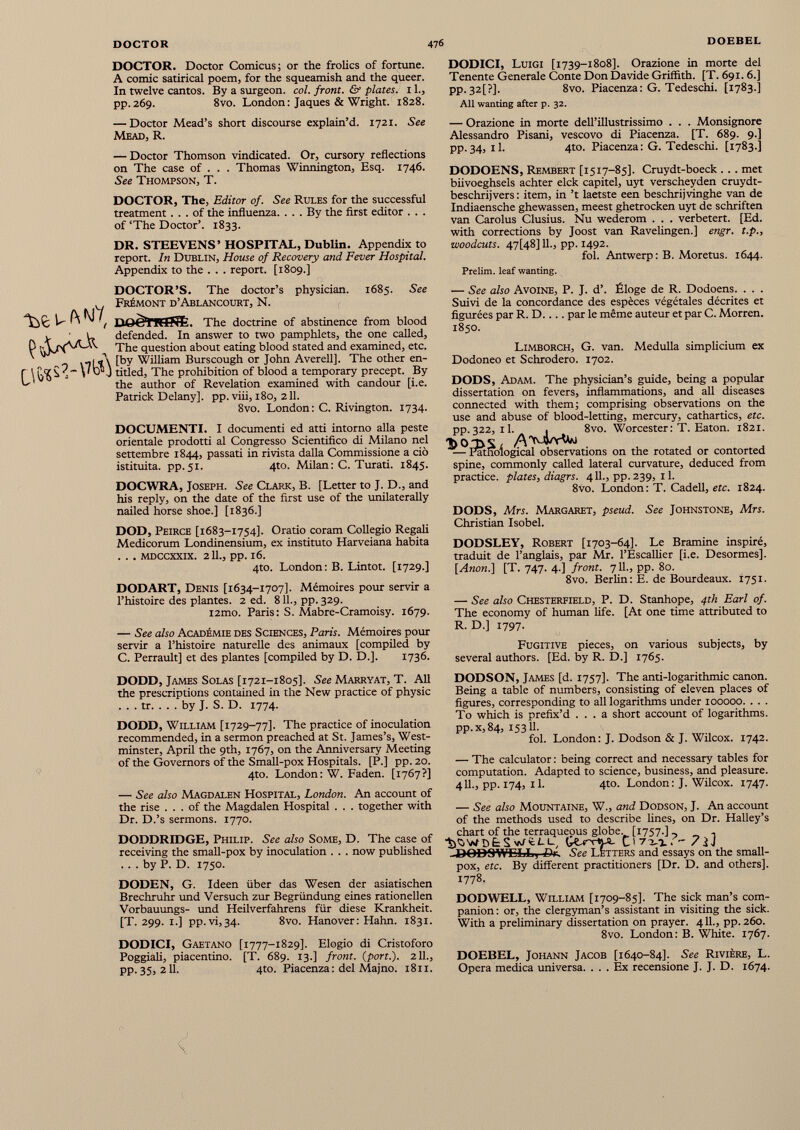 DOCTOR. Doctor Comicus; or the frolics of fortune. A comic satirical poem, for the squeamish and the queer. In twelve cantos. By a surgeon, col. front. & plates. 11., pp. 269. 8vo. London: Jaques & Wright. 1828. DODICI, Luigi [1739-1808]. Orazione in morte del Tenente Generale Conte Don Davide Griffith. [T. 691. 6.] pp.32[?]. 8vo. Piacenza: G. Tedeschi. [1783.] All wanting after p. 32. — Doctor Mead’s short discourse explain’d. 1721. See Mead, R. — Doctor Thomson vindicated. Or, cursory reflections on The case of . . . Thomas Winnington, Esq. 1746. See Thompson, T. DOCTOR, The, Editor of. See Rules for the successful treatment... of the influenza. ... By the first editor . . . of ‘The Doctor’. 1833. DR. STEEVENS’ HOSPITAL, Dublin. Appendix to report. In Dublin, House of Recovery and Fever Hospital. Appendix to the . . . report. [1809.] — Orazione in morte dell’illustrissimo . . . Monsignore Alessandro Pisani, vescovo di Piacenza. [T. 689. 9.] pp.34, il. 4to. Piacenza: G. Tedeschi. [1783.] DODOENS, Rembert [1517—85]. Cruydt-boeck . .. met biivoeghsels achter elck capitei, uyt verscheyden cruydt- beschrijvers : item, in ’t laetste een beschrijvinghe van de Indiaensche ghewassen, meest ghetrocken uyt de Schriften van Carolus Clusius. Nu wederom . . . verbetert. [Ed. with corrections by Joost van Ravelingen.] engr. t.p., woodcuts. 47[48]1L, pp. 1492. fol. Antwerp: B. Moretus. 1644. Prelim, leaf wanting. ttô u ft DOCTOR’S. The doctor’s physician. 1685. See Frémont d’Ablancourt, N. DoèïRIÎÎE. The doctrine of abstinence from blood defended. In answer to two pamphlets, the one called, The question about eating blood stated and examined, etc. [by William Burscough or John Averell]. The other en titled, The prohibition of blood a temporary precept. By the author of Revelation examined with candour [i.e. Patrick Delany]. pp. viii, 180, 211. 8vo. London: C. Rivington. 1734. DOCUMENTI. I documenti ed atti intorno alla peste orientale prodotti al Congresso Scientifico di Milano nel settembre 1844, passati in rivista dalla Commissione a ciò istituita, pp.51. 4to. Milan: C. Turati. 1845. DOCWRA, Joseph. See Clark, B. [Letter to J. D., and his reply, on the date of the first use of the unilaterally nailed horse shoe.] [1836.] DOD, Peirce [1683-1754]. Oratio coram Collegio Regali Medicorum Londinensium, ex instituto Harveiana habita . . . mdccxxix. 211., pp. 16. 4to. London: B. Lintot. [1729.] DOD ART, Denis [1634-1707]. Mémoires pour servir a l’histoire des plantes. 2 ed. 811., pp. 329. i2mo. Paris: S. Mabre-Cramoisy. 1679. — See also Académie des Sciences, Paris. Mémoires pour servir a l’histoire naturelle des animaux [compiled by C. Perrault] et des plantes [compiled by D. D.]. 1736. — See also Avoine, P. J. d’. Éloge de R. Dodoens. . . . Suivi de la concordance des espèces végétales décrites et figurées par R. D.... par le même auteur et par C. Morren. 1850. Limborch, G. van. Medulla simplicium ex Dodoneo et Schrodero. 1702. DODS, Adam. The physician’s guide, being a popular dissertation on fevers, inflammations, and all diseases connected with them; comprising observations on the use and abuse of blood-letting, mercury, cathartics, etc. pp.322, il. . 8vo. Worcester: T. Eaton. 1821. — Pathological observations on the rotated or contorted spine, commonly called lateral curvature, deduced from practice, plates, diagrs. 411., pp. 239, 11. 8 vo. London : T. Cadell, etc. 1824. DODS, Mrs. Margaret, pseud. See Johnstone, Mrs. Christian Isobel. DODSLEY, Robert [1703-64]. Le Bramine inspiré, traduit de l’anglais, par Mr. l’Éscallier [i.e. Desormes]. [Anon.] [T. 747. 4.] front. 711., pp. 80. 8vo. Berlin: E. de Bourdeaux. 1751. — See also Chesterfield, P. D. Stanhope, 4th Earl of. The economy of human life. [At one time attributed to R. D.] 1797. Fugitive pieces, on various subjects, by several authors. [Ed. by R. D.] 1765. DODD, James Solas [1721-1805]. See Marryat, T. All the prescriptions contained in the New practice of physic . . . tr. . . . by J. S. D. 1774. DODD, William [1729-77]. The practice of inoculation recommended, in a sermon preached at St. James’s, West minster, April the 9th, 1767, on the Anniversary Meeting of the Governors of the Small-pox Hospitals. [P.] pp. 20. 4to. London: W. Faden. [1767?] — See also Magdalen Hospital, London. An account of the rise ... of the Magdalen Hospital . . . together with Dr. D.’s sermons. 1770. DODDRIDGE, Philip. See also Some, D. The case of receiving the small-pox by inoculation . . . now published . . . by P. D. 1750. DODEN, G. Ideen über das Wesen der asiatischen Brechruhr und Versuch zur Begründung eines rationellen Vorbauungs- und Heilverfahrens für diese Krankheit. [T. 299. 1.] pp.vi,34. 8vo. Hanover: Hahn. 1831. DODICI, Gaetano [1777-1829]. Elogio di Cristoforo Poggiali, piacentino. [T. 689. 13.] front, (port.). 211., PP-35, 211. 410. Piacenza: del Majno. 1811. < DODSON, James [d. 1757]. The anti-logarithmic canon. Being a table of numbers, consisting of eleven places of figures, corresponding to all logarithms under 100000. . . . To which is prefix’d ... a short account of logarithms. PP- x, 84, 15311. fol. London: J. Dodson & J. Wilcox. 1742. — The calculator: being correct and necessary tables for computation. Adapted to science, business, and pleasure. 411., pp. 174, il. 4to. London: J. Wilcox. 1747. — See also Mountaine, W., and Dodson, J. An account of the methods used to describe fines, on Dr. Halley’s chart of the terraqueous globe. [1757.] , 't'lWDfcSwIti.L GUv'rhJL  -DOD9WELL, fii. See Letters and essays on the small- pox, etc. By different practitioners [Dr. D. and others]. 1778. DODWELL, William [1709-85]. The sick man’s com panion: or, the clergyman’s assistant in visiting the sick. With a preliminary dissertation on prayer. 411., pp.260. 8vo. London: B. White. 1767. DOEBEL, Johann Jacob [1640-84]. See Rivière, L. Opera medica universa. ... Ex recensione J. J. D. 1674.