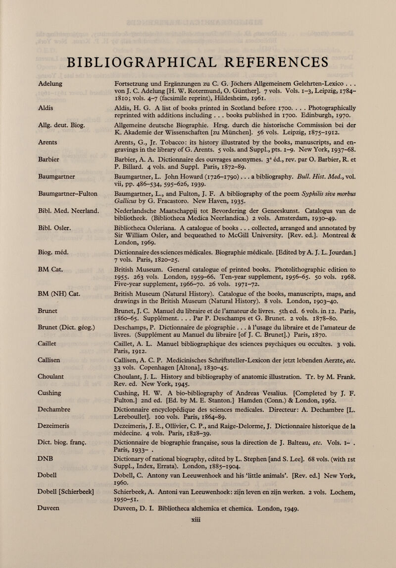 BIBLIOGRAPHICAL REFERENCES Adelung Fortsetzung und Ergänzungen zu C. G. Jöchers Allgemeinem Gelehrten-Lexico . . . von J. C. Adelung [H. W. Rotermund, O. Günther]. 7 vols. Vols. 1-3, Leipzig, 1784- 1810; vols. 4-7 (facsimile reprint), Hildesheim, 1961. Aldis Aldis, H. G. A list of books printed in Scotland before 1700. . . . Photographically reprinted with additions including . . . books published in 1700. Edinburgh, 1970. Allg. deut. Biog. Allgemeine deutsche Biographie. Hrsg, durch die historische Commission bei der K. Akademie der Wissenschaften [zu München], 56 vols. Leipzig, 1875-19x2. Arents Arents, G., Jr. Tobacco: its history illustrated by the books, manuscripts, and en gravings in the library of G. Arents. 5 vols, and Suppl., pts. 1-9. New York, 1937-68. Barbier Barbier, A. A. Dictionnaire des ouvrages anonymes. 3 e éd., rev. par O. Barbier, R. et P. Billard. 4 vols, and Suppl. Paris, 1872-89. Baumgartner Baumgartner, L. John Howard (1726-1790)... a bibliography. Bull. Hist. Med., vol. vii, pp. 486-534, 595-626, 1939. Baumgartner-Fulton Baumgartner, L., and Fulton, J. F. A bibliography of the poem Syphilis sive morbus Galliens by G. Fracastoro. New Haven, 1935. Bibi. Med. Neerland. Nederlandsche Maatschappij tot Bevordering der Geneeskunst. Catalogus van de bibliotheek. (Bibliotheca Medica Neerlandica.) 2 vols. Amsterdam, 1930-49. Bibl. Osier. Bibliotheca Osleriana. A catalogue of books . . . collected, arranged and annotated by Sir William Osier, and bequeathed to McGill University. [Rev. ed.]. Montreal & London, 1969. Biog. méd. Dictionnaire des sciences médicales. Biographie médicale. [Edited by A. J. L. Jourdan.] 7 vols. Paris, 1820-25. BM Cat. British Museum. General catalogue of printed books. Photolithographic edition to 1955. 263 vols. London, 1959-66. Ten-year supplement, 1956-65. 50 vols. 1968. Five-year supplement, 1966-70. 26 vols. 1971-72. BM (NH) Cat. British Museum (Natural History). Catalogue of the books, manuscripts, maps, and drawings in the British Museum (Natural History). 8 vols. London, 1903-40. Brunet Brunet, J. C. Manuel du libraire et de l’amateur de livres. 5th ed. 6 vols, in 12. Paris, 1860-65. Supplément. . . . Par P. Deschamps et G. Brunet. 2 vols. 1878-80. Brunet (Diet, géog.) Deschamps, P. Dictionnaire de géographie ... à l’usage du libraire et de l’amateur de livres. (Supplément au Manuel du libraire [of J. C. Brunet].) Paris, 1870. Caillet Caillet, A. L. Manuel bibliographique des sciences psychiques ou occultes. 3 vols. Paris, 1912. Callisen Callisen, A. C. P. Medicinisches Schriftsteller-Lexicon der jetzt lebenden Aerzte, etc. 33 vols. Copenhagen [Altona], 1830-45. Choulant Choulant, J. L. History and bibliography of anatomic illustration. Tr. by M. Frank. Rev. ed. New York, 1945. Cushing Cushing, H. W. A bio-bibliography of Andreas Vesalius. [Completed by J. F. Fulton.] 2nd ed. [Ed. by M. E. Stanton.] Hamden (Conn.) & London, 1962. Dechambre Dictionnaire encyclopédique des sciences medicales. Directeur: A. Dechambre [L. Lereboullet], 100 vols. Paris, 1864-89. Dezeimeris Dezeimeris, J. E., Ollivier, C. P., and Raige-Delorme, J. Dictionnaire historique de la médecine. 4 vols. Paris, 1828-39. Diet. biog. franç. Dictionnaire de biographie française, sous la direction de J. Balteau, etc. Vols. 1- . Paris, 1933- . DNB Dictionary of national biography, edited by L. Stephen [and S. Lee]. 68 vols, (with ist Suppl., Index, Errata). London, 1885-1904. Dobell Dobell, C. Antony van Leeuwenhoek and his ‘little animals’. [Rev. ed.] New York, i960. Dobell [Schierbeek] Schierbeek, A. Antoni van Leeuwenhoek: zijnleven en zijn werken. 2 vols. Lochern, 1950-51. Duveen Duveen, D. I. Bibliotheca alchemica et chemica. London, 1949. xiii