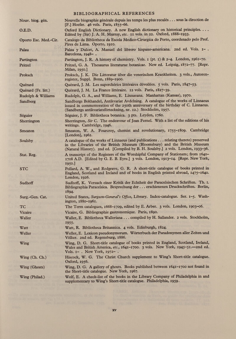 Nouv. biog. gen. Nouvelle biographie générale depuis les temps les plus reculés . .. sous la direction de [F.] Hoefer. 46 vols. Paris, 1855-66. O.E.D. Oxford English Dictionary. A new English dictionary on historical principles. . . . Edited by (Sir) J. A. H. Murray, etc. 11 vols, in 22. Oxford, 1888-1933. Oporto Esc. Med.-Cir. Catalogo da Bibliotheca da Escola Medico-Cirurgica do Porto, coordenado pelo Prof. Pires de Lima. Oporto, 1910. Palau Palau y Dulcet, A. Manuel del librero hispano-americana. 2nd ed. Vols. 1- . Barcelona, 1948- . Partington Pritzel Partington, J. R. A history of chemistry. Vols. 1 (pt. 1) & 2-4. London, 1961-70. Pritzel, G. A. Thesaurus literaturae botanicae. New ed. Leipzig, 1872-77. [Repr. Milan, 1950.] Proksch Proksch, J. K. Die Litteratur über die venerischen Krankheiten. 3 vols., Autoren register, Suppl. Bonn, 1889-1900. Querard Querard (Fr. litt.) Rudolph & Williams Sandberg Quérard, J. M. Les superchéries littéraires dévoilées. 5 vols. Paris, 1847-53. Quérard, J. M. La France littéraire. 12 vols. Paris, 1827-39. Rudolph, G. A., and Williams, E. Linnaeana. Manhattan (Kansas), 1970. Sandbergs Bokhandel, Antikvariat Avdelning. A catalogue of the works of Linnaeus issued in commemoration of the 250th anniversary of the birthday of C. Linnaeus. (Sandbergs antikvariatsförteckning, nr. 12.) Stockholm, 1957. Seguier Sherrington Séguier, J. F. Bibliotheca botanica. 3 pts. Leyden, 1760. Sherrington, Sir C. The endeavour of Jean Fernel. With a list of the editions of his writings. Cambridge, 1946. Smeaton Smeaton, W. A. Fourcroy, chemist and revolutionary, 1755-1809. Cambridge [London], 1962. Soulsby A catalogue of the works of Linnaeus (and publications . . . relating thereto) preserved in the Libraries of the British Museum (Bloomsbury) and the British Museum (Natural History). 2nd ed. [Compiled by B. H. Soulsby.] 2 vols. London, 1933-36. Stat. Reg. A transcript of the Registers of the Worshipful Company of Stationers; from 1640- 1708 A.D. [Edited by G. E. B. Eyre.] 3 vols. London, 1913-14. [Repr. New York, 1950.] STC Pollard, A. W., and Redgrave, G. R. A short-title catalogue of books printed in England, Scotland and Ireland and of books in English printed abroad, 1475-1640. London, 1926. Sudlioff Sudhoff, K. Versuch einer Kritik der Echtheit der Paracelsischen Schriften. Th. I. Bibliographia Paracelsica. Besprechung der . . . erschienenen Druckschriften. Berlin, 1894. Surg.-Gen. Cat. United States, Surgeon-General’s Office, Library. Index-catalogue. Ser. 1-5. Wash ington, 1880-1961. TC Vicaire Waller The Term catalogues, 1668-1709, edited by E. Arber. 3 vols. London, 1903-06. Vicaire, G. Bibliographie gastronomique. Paris, 1890. Waller, E. Bibliotheca Walleriana . . . compiled by H. Sallander. 2 vols. Stockholm, 1955- Watt Weller Watt, R. Bibliotheca Britannica. 4 vols. Edinburgh, 1824. Weller, E. Lexicon pseudonymorum. Wörterbuch der Pseudonymen aller Zeiten und Völker. 2nd ed. Regensburg, 1886. Wing Wing, D. G. Short-title catalogue of books printed in England, Scotland, Ireland, Wales and British America, etc., 1641-1700. 3 vols. New York, 1945-51.—2nd ed. Vols, i- . New York, 1972- . Wing (Ch. Ch.) Hiscock, W. G. The Christ Church supplement to Wing’s Short-title catalogue. Oxford, 1956. Wing (Ghosts) Wing, D. G. A gallery of ghosts. Books published between 1641-1700 not found in the Short-title catalogue. New York, 1967. Wing (Philad.) Wolf, E. A check-list of the books in the Library Company of Philadelphia in and supplementary to Wing’s Short-title catalogue. Philadelphia, 1959.