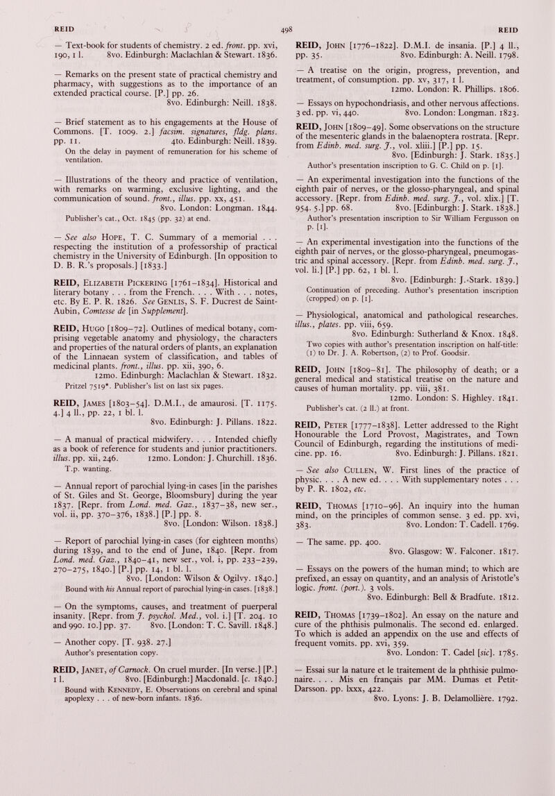 — Text-book for students of chemistry. 2 ed. front, pp. xvi, 190, 1 1 . 8vo. Edinburgh: Maclachlan & Stewart. 1836. — Remarks on the present state of practical chemistry and pharmacy, with suggestions as to the importance of an extended practical course. [P.] pp. 26. 8vo. Edinburgh: Neill. 1838. — Brief statement as to his engagements at the House of Commons. [T. 1009. 2.] facsim. signatures, fldg. plans. pp. 11. 4to. Edinburgh: Neill. 1839. On the delay in payment of remuneration for his scheme of ventilation. — Illustrations of the theory and practice of ventilation, with remarks on warming, exclusive lighting, and the communication of sound, front., illus. pp. xx, 451. 8vo. London: Longman. 1844. Publisher’s cat., Oct. 1845 (pp. 32) at end. — See also Hope, T. C. Summary of a memorial . . . respecting the institution of a professorship of practical chemistry in the University of Edinburgh. [In opposition to D. B. R.’s proposals.] [1833.] REID, Elizabeth Pickering [1761-1834]. Historical and literary botany . . . from the French. . . . With . . . notes, etc. By E. P. R. 1826. See Genlis, S. F. Ducrest de Saint- Aubin, Comtesse de [in Supplement], REID, Hugo [1809-72]. Outlines of medical botany, com prising vegetable anatomy and physiology, the characters and properties of the natural orders of plants, an explanation of the Linnaean system of classification, and tables of medicinal plants, front., illus. pp. xii, 390, 6. i2mo. Edinburgh: Maclachlan & Stewart. 1832. Pritzel 7519*. Publisher’s list on last six pages. REID, James [1803-54]. D.M.I., de amaurosi. [T. 1175. 4.] 4 11., pp. 22, 1 bl. 1. 8vo. Edinburgh: J. Pillans. 1822. — A manual of practical midwifery. . . . Intended chiefly as a book of reference for students and junior practitioners. illus. pp. xii, 246. i2mo. London: J. Churchill. 1836. T.p. wanting. — Annual report of parochial lying-in cases [in the parishes of St. Giles and St. George, Bloomsbury] during the year 1837. [Repr. from Lond. med. Gas., 1837-38, new ser., vol. ii, pp. 370-376, 1838.] [P.] pp. 8. 8vo. [London: Wilson. 1838.] — Report of parochial lying-in cases (for eighteen months) during 1839, and to the end of June, 1840. [Repr. from Lond. med. Gaz., 1840-41, new ser., vol. i, pp. 233-239, 270-275, 1840.] [P.] pp. 14, 1 bl. 1 . 8vo. [London: Wilson & Ogilvy. 1840.] Bound with his Annual report of parochial lying-in cases. [1838.] — On the symptoms, causes, and treatment of puerperal insanity. [Repr. from J. psychol. Med., vol. i.] [T. 204. 10 and 990. 10.] pp. 37. 8vo. [London: T. C. Savill. 1848.] — Another copy. [T. 938. 27.] Author’s presentation copy. REID, Janet, of Camock. On cruel murder. [In verse.] [P.] 1 1 . 8vo. [Edinburgh:] Macdonald, [c. 1840.] Bound with Kennedy, E. Observations on cerebral and spinal apoplexy ... of new-born infants. 1836. REID, John [1776-1822]. D.M.I. de insania. [P.] 4 11., pp. 35. 8vo. Edinburgh: A. Neill. 1798. — A treatise on the origin, progress, prevention, and treatment, of consumption, pp. xv, 317, 1 1. i2mo. London: R. Phillips. 1806. — Essays on hypochondriasis, and other nervous affections. 3 ed. pp. vi, 440. 8vo. London: Longman. 1823. REID, John [1809-49]. Some observations on the structure of the mesenteric glands in the balaenoptera rostrata. [Repr. from Edinb. med. surg. J., vol. xliii.] [P.] pp. 15. 8vo. [Edinburgh: J. Stark. 1835.] Author’s presentation inscription to G. C. Child on p. [1]. — An experimental investigation into the functions of the eighth pair of nerves, or the glosso-pharyngeal, and spinal accessory. [Repr. from Edinb. med. surg. J., vol. xlix.] [T. 954- 5-] PP- 68. 8vo. [Edinburgh: J. Stark. 1838.] Author’s presentation inscription to Sir William Fergusson on p. [1]. — An experimental investigation into the functions of the eighth pair of nerves, or the glosso-pharyngeal, pneumogas- tric and spinal accessory. [Repr. from Edinb. med. surg. J., vol. IL] [P.] pp. 62, 1 bl. 1. 8vo. [Edinburgh: J. Stark. 1839.] Continuation of preceding. Author’s presentation inscription (cropped) on p. [1]. — Physiological, anatomical and pathological researches. illus., plates, pp. viii, 659. 8vo. Edinburgh: Sutherland & Knox. 1848. Two copies with author’s presentation inscription on half-title: (1) to Dr. J. A. Robertson, (2) to Prof. Goodsir. REID, John [1809-81]. The philosophy of death; or a general medical and statistical treatise on the nature and causes of human mortality, pp. viii, 381. i2mo. London: S. Highley. 1841. Publisher’s cat. (2 11 .) at front. REID, Peter [1777-1838]. Letter addressed to the Right Honourable the Lord Provost, Magistrates, and Town Council of Edinburgh, regarding the institutions of medi cine. pp. 16. 8vo. Edinburgh: J. Pillans. 1821. — See also Cullen, W. First lines of the practice of physic. ... A new ed. . . . With supplementary notes . . . by P. R. 1802, etc. REID, Thomas [1710-96]. An inquiry into the human mind, on the principles of common sense. 3 ed. pp. xvi, 383. 8vo. London: T. Cadell. 1769. — The same. pp. 400. 8vo. Glasgow: W. Falconer. 1817. — Essays on the powers of the human mind; to which are prefixed, an essay on quantity, and an analysis of Aristotle’s logic, front, (port.). 3 vols. 8vo. Edinburgh: Bell & Bradfute. 1812. REID, Thomas [1739-1802]. An essay on the nature and cure of the phthisis pulmonalis. The second ed. enlarged. To which is added an appendix on the use and effects of frequent vomits, pp. xvi, 359. 8vo. London: T. Cadel [sic]. 1785. — Essai sur la nature et le traitement de la phthisie pulmo naire. . . . Mis en français par MM. Dumas et Petit- Darsson. pp. lxxx, 422. 8vo. Lyons: J. B. Delamollière. 1792.