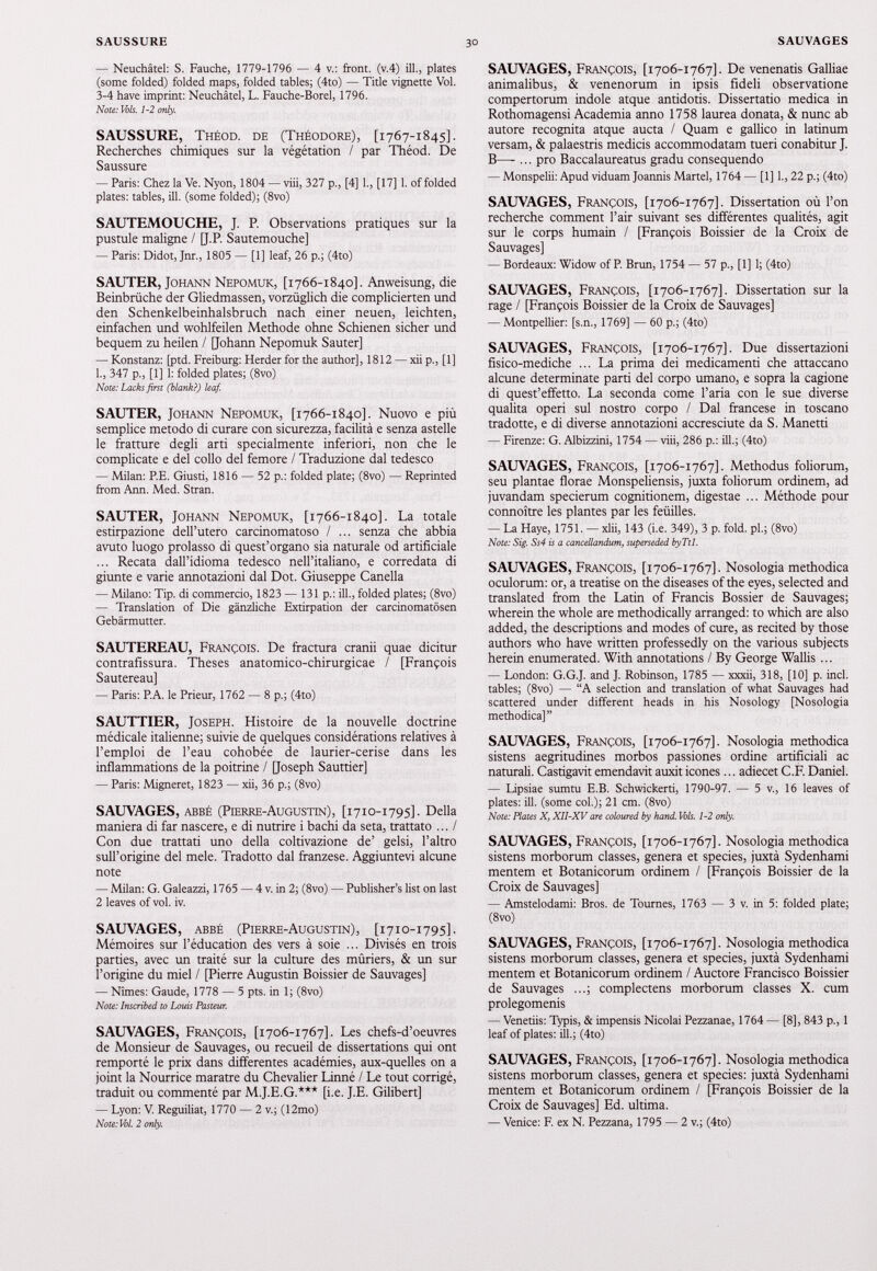 — Neuchâtel: S. Fauche, 1779-1796 — 4 v.: front, (v.4) ili., plates (some folded) folded maps, folded tables; (4to) — Title vignette Vol. 3-4 hâve imprint: Neuchâtel, L. Fauche-Borel, 1796. Note: Vols. 1-2 only. SAUSSURE, Théod. de (Théodore), [ 1767-1845]. Recherches chimiques sur la végétation / par Théod. De Saussure — Paris: Chez la Ve. Nyon, 1804 — viii, 327 p., [4] L, [17] 1. of folded plates: tables, ili. (some folded); (8vo) SAUTEMOUCHE, J. R Observations pratiques sur la pustule maligne / [J.P. Sautemouche] — Paris: Didot, Jnr., 1805 — [1] leaf, 26 p.; (4to) SAUTER, Johann Nepomuk, [1766-1840]. Anweisung, die Beinbrüche der Gliedmassen, vorzüglich die complicierten und den Schenkelbeinhalsbruch nach einer neuen, leichten, einfachen und wohlfeilen Methode ohne Schienen sicher und bequem zu heilen / [Johann Nepomuk Sauter] — Konstanz: [ptd. Freiburg: Herder for the author], 1812 — xii p., [1] 1., 347 p., [1] 1: folded plates; (8vo) Note: Lacks first (blank?) leaf. SAUTER, Johann Nepomuk, [1766-1840]. Nuovo e più semplice metodo di curare con sicurezza, facilità e senza astelle le fratture degli arti specialmente inferiori, non che le complicate e del collo del femore / Traduzione dal tedesco — Milan: P.E. Giusti, 1816 — 52 p.: folded piate; (8vo) — Reprinted ffom Ann. Med. Stran. SAUTER, Johann Nepomuk, [1766-1840]. La totale estirpazione dell’utero carcinomatoso / ... senza che abbia avuto luogo prolasso di quest’organo sia naturale od artificiale ... Recata dall’idioma tedesco nell’italiano, e corredata di giunte e varie annotazioni dal Dot. Giuseppe Canella — Milano: Tip. di commercio, 1823 — 131 p.: ili., folded plates; (8vo) — Translation of Die gänzliche Extirpation der carcinomatösen Gebärmutter. SAUTEREAU, François. De fractura cranii quae dicitur contrafissura. Theses anatomico-chirurgicae / [François Sautereau] — Paris: P.A. le Prieur, 1762 — 8 p.; (4to) SAUTTIER, Joseph. Histoire de la nouvelle doctrine médicale italienne; suivie de quelques considérations relatives à l’emploi de l’eau cohobée de laurier-cerise dans les inflammations de la poitrine / [Joseph Sauttier] — Paris: Migneret, 1823 — xii, 36 p.; (8vo) SAUVAGES, abbé (Pierre-Augustin), [1710-1795]. Della maniera di far nascere, e di nutrire i bachi da seta, tranato ... / Con due trattati uno della coltivazione de’ gelsi, l’altro sull’origine del mele. Tradotto dal franzese. Aggiuntevi alcune note — Milan: G. Galeazzi, 1765 — 4 v. in 2; (8vo) — Publisher’s list on last 2 leaves of voi. iv. SAUVAGES, abbé (Pierre-Augustin), [1710-1795]. Mémoires sur l’éducation des vers à soie ... Divisés en trois parties, avec un traité sur la culture des mûriers, & un sur l’origine du miel / [Pierre Augustin Boissier de Sauvages] — Nîmes: Gaude, 1778 — 5 pts. in 1; (8vo) Note: Inscribed to Louis Pasteur. SAUVAGES, François, [1706-1767]. Les chefs-d’oeuvres de Monsieur de Sauvages, ou recueil de dissertations qui ont remporté le prix dans differentes académies, aux-quelles on a joint la Nourrice maratre du Chevalier Linné / Le tout corrigé, traduit ou commenté par M.J.E.G.*** [i.e. J.E. Gilibert] — Lyon: V. Reguiliat, 1770 — 2 v.; (12mo) Note: Vol. 2 only. SAUVAGES, François, [1706-1767]. De venenatis Galliae animalibus, & venenorum in ipsis fideli observatione compertorum indole atque antidotis. Dissertatio medica in Rothomagensi Academia anno 1758 laurea donata, & nunc ab autore recognita atque aucta / Quam e gallico in latinum versam, & palaestris medicis accommodatam tueri conabitur J. B— ... pro Baccalaureatus gradu consequendo — Monspelii: Apud viduam Joannis Martel, 1764 — [1] 1., 22 p.; (4to) SAUVAGES, François, [1706-1767]. Dissertation où l’on recherche comment l’air suivant ses différentes qualités, agit sur le corps humain / [François Boissier de la Croix de Sauvages] — Bordeaux: Widow of P. Brim, 1754 — 57 p., [1] 1; (4to) SAUVAGES, François, [1706-1767]. Dissertation sur la rage / [François Boissier de la Croix de Sauvages] — Montpellier: [s.n., 1769] — 60 p.; (4to) SAUVAGES, François, [1706-1767]. Due dissertazioni fisico-mediche ... La prima dei medicamenti che attaccano alcune determinate parti dei corpo umano, e sopra la cagione di quest’effetto. La seconda corne l’aria con le sue diverse qualita operi sui nostro corpo / Dal francese in toscano tradotte, e di diverse annotazioni accresciute da S. Manetti — Firenze: G. Albizzini, 1754 — viii, 286 p.: ill.; (4to) SAUVAGES, François, [1706-1767]. Methodus foliorum, seu plantae florae Monspeliensis, juxta foliorum ordinem, ad juvandam specierum cognitionem, digestae ... Méthode pour connoître les plantes par les feüilles. — La Haye, 1751. — xlii, 143 (i.e. 349), 3 p. fold, pl.; (8vo) Note: Sig. Ss4 is a cancellandum, superseded byTtl. SAUVAGES, François, [1706-1767]. Nosologia methodica oculorum: or, a treatise on the diseases of the eyes, selected and translated ffom the Latin of Francis Bossier de Sauvages; wherein the whole are methodically arranged: to which are also added, the descriptions and modes of cure, as recited by those authors who have written professedly on the various subjects herein enumerated. With annotations / By George Wallis ... — London: G.G.J. and J. Robinson, 1785 — xxxii, 318, [10] p. inch tables; (8vo) — “A selection and translation of what Sauvages had scattered under different heads in his Nosology [Nosologia methodica]” SAUVAGES, François, [1706-1767]. Nosologia methodica sistens aegritudines morbos passiones ordine artificiali ac naturali. Castigavit emendavit auxit icones... adiecet C.F. Daniel. — Lipsiae sumtu E.B. Schwickerti, 1790-97. — 5 v., 16 leaves of plates: ill. (some col.); 21 cm. (8vo) Note: Plates X, XII-XV are coloured by hand. Vols. 1-2 only. SAUVAGES, François, [1706-1767]. Nosologia methodica sistens morborum classes, genera et species, juxtà Sydenhami mentem et Botanicorum ordinem / [François Boissier de la Croix de Sauvages] — Amstelodami: Bros, de Tournes, 1763 — 3 v. in 5: folded plate; (8vo) SAUVAGES, François, [1706-1767]. Nosologia methodica sistens morborum classes, genera et species, juxtà Sydenhami mentem et Botanicorum ordinem / Auctore Francisco Boissier de Sauvages ...; complectens morborum classes X. cum prolegomenis — Venetiis: Typis, & impensis Nicolai Pezzanae, 1764 — [8], 843 p., 1 leaf of plates: ill.; (4to) SAUVAGES, François, [1706-1767]. Nosologia methodica sistens morborum classes, genera et species: juxtà Sydenhami mentem et Botanicorum ordinem / [François Boissier de la Croix de Sauvages] Ed. ultima. — Venice: F. ex N. Pezzana, 1795 — 2 v.; (4to)