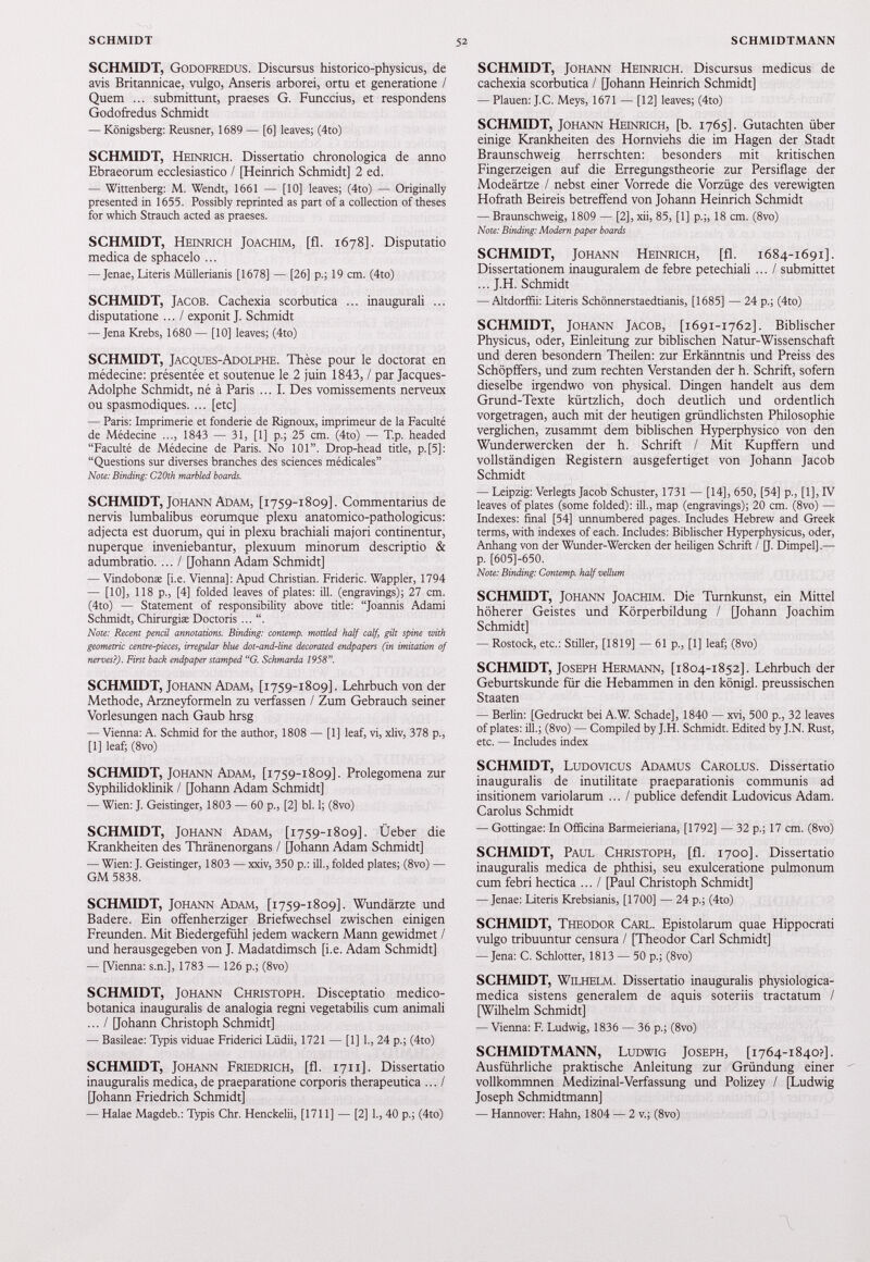 SCHMIDT, Godofredus. Discursus historico-physicus, de avis Britannicae, vulgo, Anseris arborei, ortu et generatione / Quem ... submittunt, praeses G. Funccius, et respondens Godofredus Schmidt — Königsberg: Reusner, 1689 — [6] leaves; (4to) SCHMIDT, Heinrich. Dissertatio chronologica de anno Ebraeorum ecclesiastico / [Heinrich Schmidt] 2 ed. — Wittenberg: M. Wendt, 1661 — [10] leaves; (4to) — Originally presented in 1655. Possibly reprinted as part of a collection of theses for which Strauch acted as praeses. SCHMIDT, Heinrich Joachim, [fl. 1678]. Disputatio medica de sphacelo ... — Jenae, Literis Müllerianis [1678] — [26] p.; 19 cm. (4to) SCHMIDT, Jacob. Cachexia scorbutica ... inaugurali ... disputatione ... / exponit J. Schmidt — Jena Krebs, 1680 — [10] leaves; (4to) SCHMIDT, Jacques-Adolphe. Thèse pour le doctorat en médecine: présentée et soutenue le 2 juin 1843 , / par Jacques- Adolphe Schmidt, né à Paris ... I. Des vomissements nerveux ou spasmodiques. ... [etc] — Paris: Imprimerie et fonderie de Rignoux, imprimeur de la Faculté de Médecine ..., 1843 — 31, [1] p.; 25 cm. (4to) — T.p. headed “Faculté de Médecine de Paris. N0 101”. Drop-head title, p.[5]: “Questions sur diverses branches des sciences médicales” Note: Binding: C20th marbled boards. SCHMIDT, Johann Adam, [1759-1809]. Commentarius de nervis lumbalibus eorumque plexu anatomico-pathologicus: adjecta est duorum, qui in plexu brachiali majori continentur, nuperque inveniebantur, plexuum minorum descriptio & adumbratio. ... I [Johann Adam Schmidt] — Vindobonæ [i.e. Vienna]: Apud Christian. Frideric. Wappler, 1794 — [10], 118 p., [4] folded leaves of plates: ill. (engravings); 27 cm. (4to) — Statement of responsibility above title: “Joannis Adami Schmidt, Chirurgiae Doctoris ... “. Note: Recent pencil annotations. Binding: contemp. mottled half calf güt spine with geometric centre-pieces, irregular blue dot-and-line decorated endpapers (in imitation of nerves?). First back endpaper stamped “G. Schmarda 1958”. SCHMIDT, Johann Adam, [1759-1809]. Lehrbuch von der Methode, Arzneyformeln zu verfassen / Zum Gebrauch seiner Vorlesungen nach Gaub hrsg — Vienna: A. Schmid for the author, 1808 — [1] leaf, vi, xliv, 378 p., [1] leaf; (8vo) SCHMIDT, Johann Adam, [1759-1809]. Prolegomena zur Syphilidoklinik / [Johann Adam Schmidt] — Wien: J. Geistinger, 1803 — 60 p., [2] bl. 1; (8vo) SCHMIDT, Johann Adam, [1759-1809]. lieber die Krankheiten des Thränenorgans / [Johann Adam Schmidt] — Wien: J. Geistinger, 1803 — xxiv, 350 p.: ill., folded plates; (8vo) — GM 5838. SCHMIDT, Johann Adam, [1759-1809]. Wundärzte und Badere. Ein offenherziger Briefwechsel zwischen einigen Freunden. Mit Biedergefuhl jedem wackern Mann gewidmet / und herausgegeben von J. Madatdimsch [i.e. Adam Schmidt] — [Vienna: s.n.], 1783 — 126 p.; (8vo) SCHMIDT, Johann Christoph. Disceptatio medico- botanica inauguralis de analogia regni vegetabilis cum animali ... / [Johann Christoph Schmidt] — Basileae: Typis viduae Friderici Lüdii, 1721 — [1] 1., 24 p.; (4to) SCHMIDT, Johann Friedrich, [fl. 1711]. Dissertatio inauguralis medica, de praeparatione corporis therapeutica ... / [Johann Friedrich Schmidt] — Halae Magdeb.: Typis Chr. Henckelii, [1711] — [2] 1., 40 p.; (4to) SCHMIDT, Johann Heinrich. Discursus medicus de cachexia scorbutica / [Johann Heinrich Schmidt] — Plauen: J.C. Meys, 1671 — [12] leaves; (4to) SCHMIDT, Johann Heinrich, [b. 1765]. Gutachten über einige Krankheiten des Hornviehs die im Hagen der Stadt Braunschweig herrschten: besonders mit kritischen Fingerzeigen auf die Erregungstheorie zur Persiflage der Modeärtze / nebst einer Vorrede die Vorzüge des verewigten Hoffath Beireis betreffend von Johann Heinrich Schmidt — Braunschweig, 1809 — [2], xii, 85, [1] p.;, 18 cm. (8vo) Note: Binding: Modern paper boards SCHMIDT, Johann Heinrich, [fl. 1684-1691]. Dissertationen! inauguralem de febre petechiali ... I submittet ... J.H. Schmidt — Altdorffii: Literis Schönnerstaedtianis, [1685] — 24 p.; (4to) SCHMIDT, Johann Jacob, [ 1691-1762]. Biblischer Physicus, oder, Einleitung zur biblischen Natur-Wissenschaft und deren besondern Theilen: zur Erkännmis und Preiss des Schöpffers, und zum rechten Verstanden der h. Schrift, sofern dieselbe irgendwo von physical. Dingen handelt aus dem Grund-Texte kürtzlich, doch deutlich und ordentlich vorgetragen, auch mit der heutigen gründlichsten Philosophie verglichen, zusammt dem biblischen Hyperphysico von den Wunderwercken der h. Schrift / Mit Kupffern und vollständigen Registern ausgefertiget von Johann Jacob Schmidt — Leipzig: Verlegts Jacob Schuster, 1731 — [14], 650, [54] p., [1], IV leaves of plates (some folded): ill., map (engravings); 20 cm. (8vo) — Indexes: final [54] unnumbered pages. Includes Hebrew and Greek terms, with indexes of each. Includes: Biblischer Hyperphysicus, oder, Anhang von der Wunder-Wercken der heiligen Schrift / [J. Dimpel].— p. [605]-650. Note: Binding: Contemp. half vellum SCHMIDT, Johann Joachim. Die Turnkunst, ein Mittel höherer Geistes und Körperbildung / [Johann Joachim Schmidt] — Rostock, etc.: Stiller, [1819] — 61 p., [1] leaf; (8vo) SCHMIDT, Joseph Hermann, [ 1804-1852]. Lehrbuch der Geburtskunde für die Hebammen in den königl. preussischen Staaten — Berlin: [Gedruckt bei A.W. Schade], 1840 — xvi, 500 p., 32 leaves of plates: ill.; (8vo) — Compiled by J.H. Schmidt. Edited by J.N. Rust, etc. — Includes index SCHMIDT, Ludovicus Adamus Carolus. Dissertatio inauguralis de inutilitate praeparationis communis ad insitionem variolarum ... / publice defendit Ludovicus Adam. Carolus Schmidt — Gottingae: In Officina Barmeieriana, [1792] — 32 p.; 17 cm. (8vo) SCHMIDT, Paul Christoph, [fl. 1700]. Dissertatio inauguralis medica de phthisi, seu exulceratione pulmonum cum febri hectica ... / [Paul Christoph Schmidt] — Jenae: Literis Krebsianis, [1700] — 24 p.; (4to) SCHMIDT, Theodor Carl. Epistolarum quae Hippocrati vulgo tribuuntur censura / [Theodor Carl Schmidt] — Jena: C. Schlotter, 1813 — 50 p.; (8vo) SCHMIDT, Wilhelm. Dissertatio inauguralis physiologica- medica sistens generalem de aquis soteriis tractatum / [Wilhelm Schmidt] — Vienna: F. Ludwig, 1836 — 36 p.; (8vo) SCHMIDTMANN, Ludwig Joseph, [ 1764-1840?]. Ausführliche praktische Anleitung zur Gründung einer vollkommnen Medizinal-Verfassung und Polizey / [Ludwig Joseph Schmidtmann] — Hannover: Hahn, 1804 — 2 v.; (8vo)