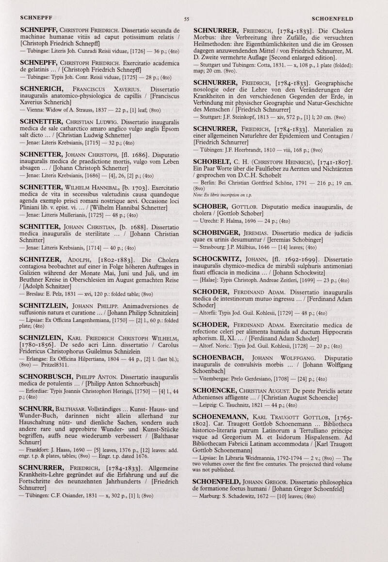 SCHNEPFF, Christoph Friedrich. Dissertatio secunda de machinae humanae vitiis ad caput potissimum relatis / [Christoph Friedrich Schnepfí] — Tubingae: Literis Joh. Cunradi Reisii viduae, [1726] — 36 p.; (4to) SCHNEPFF, Christoph Friedrich. Exercitatio académica de gelatinis ... / [Christoph Friedrich Schnepfí] — Tubingae: Typis Joh. Conr. Reisii viduae, [1725] — 28 p.; (4to) SCHNERICH, Franciscus Xaverius. Dissertatio inauguralis anatomico-physiologica de capillis / [Franciscus Xaverius Schnerich] — Vienna: Widow of A. Strauss, 1837 — 22 p., [1] leaf; (8vo) SCHNETTER, Christian Ludwig. Dissertatio inauguralis medica de sale catharctico amaro anglico vulgo anglis Epsom salt dicto ... / [Christian Ludwig Schnetter] — Jenae: Literis Krebsianis, [1715] — 32 p.; (4to) SCHNETTER, Johann Christoph, [fl. 1686]. Disputatio inauguralis medica de praedictione mortis, vulgo vom Leben absagen ... / [Johann Christoph Schnetter] — Jenae: Literis Krebsianis, [1686] — [4], 26, [2] p.; (4to) SCHNETTER, Wilhelm Hannibal, [b. 1703]. Exercitatio medica de vita in secessibus valetudinis causa quandoque agenda exemplo prisci romani nostrique aevi. Occasione loci Pliniani lib. v. epist. vi. ... / [Wilhelm Hannibal Schnetter] — Jenae: Litteris Mullerianis, [1725] — 48 p.; (4to) SCHNITTER, Johann Christian, [b. 1688]. Dissertatio medica inauguralis de sterilitate ... / [Johann Christian Schnitter] — Jenae: Litteris Krebsianis, [1714] — 40 p.; (4to) SCHNITZER, Adolph, [ 1802-1883]. Die Cholera contagiosa beobachtet auf einer in Folge höheren Auftrages in Galizien während der Monate Mai, Juni und Juli, und im Beuthner Kreise in Oberschlesien im August gemachten Reise / [Adolph Schnitzer] — Breslau: E. Pelz, 1831 — xvi, 120 p.: folded table; (8vo) SCHNITZLEIN, Johann Philipp. Animadversiones de suffusionis natura et curatione ... I [Johann Philipp Schnitzlein] — Lipsiae: Ex Officina Langenhemiana, [1750] — [2] 1., 60 p.: folded píate; (4to) SCHNIZLEIN, Karl Friedrich Christoph Wilhelm, [ 1780-1856]. De sedo acri Linn. dissertatio / Carolus Fridericus Christophorus Guilelmus Schnizlein — Erlangae: Ex Officina Hilpertiana, 1804 — 44 p., [2] 1. (last bl.); (8vo)— Pritzel8311. SCHNORBUSCH, Philipp Anton. Dissertatio inauguralis medica de potulentis ... I [Philipp Anton Schnorbusch] — Erfordiae: Typis Joannis Christophori Heringii, [1750] — [4] 1., 44 p.; (4to) SCHNURR, Balthasar. Vollständiges ... Kunst- Hauss- und Wunder-Buch, darinnen nicht allein allerhand zur Hauschaltung nütz- und dienliche Sachen, sondern auch andere rare und approbirte Wunder- und Kunst-Stücke begriffen, auffs neue wiederumb verbessert / [Balthasar Schnurr] — Frankfort: J. Haass, 1690 — [5] leaves, 1376 p., [12] leaves: add. engr. t.p. & plates, tables; (8vo) — Engr. t.p. dated 1676. SCHNURRER, Friedrich, [ 1784-1833]. Allgemeine Krankheits-Lehre gegründet auf die Erfahrung und auf die Fortschritte des neunzehnten Jahrhunderts / [Friedrich Schnurrer] — Tübingen: C.F. Osiander, 1831 —x, 302 p., [1] 1; (8vo) SCHNURRER, Friedrich, [ 1784-1833]. Die Cholera Morbus: ihre Verbreitung ihre Zufälle, die versuchten Heilmethoden: ihre Eigenthümlichkeiten und die im Grossen dagegen anzuwendenden Mittel / von Friedrich Schnurrer, M. D. Zweite vermehrte Auflage [Second enlarged edition]. — Stuttgart und Tübingen: Cotta, 1831. — x, 108 p., 1 píate (folded): map; 20 cm. (8vo). SCHNURRER, Friedrich, [ 1784-1833]. Geographische nosologie oder die Lehre von den Veränderungen der Krankheiten in den verschiedenen Gegenden der Erde, in Verbindung mit physischer Geographie und Natur-Geschichte des Menschen / [Friedrich Schnurrer] — Stuttgart: J.F. Steinkopf, 1813 — xiv, 572 p., [1] 1; 20 cm. (8vo) SCHNURRER, Friedrich, [ 1784-1833]. Materialien zu einer allgemeinen Naturlehre der Epidemieen und Contagien / [Friedrich Schnurrer] — Tübingen: J.F. Heerbrandt, 1810 — viii, 168 p.; (8vo) SCHOBELT, C. H. (Christoph Heinrich), [ 1741-1807]. Ein Paar Worte über die Faulfieber zu Aerzten und Nichtärzten / gesprochen von D.C.H. Schobelt — Berlin: Bei Christian Gottfried Schöne, 1791 — 216 p.; 19 cm. (8vo) Note: Ex libris inscription on t.p. SCHOBER, Gottlob. Disputatio medica inauguralis, de cholera / [Gottlob Schober] — Utrecht: F. Halma, 1696 — 24 p.; (4to) SCHOBINGER, Jeremias. Dissertatio medica de judiciis quae ex urinis desumuntur / [Jeremias Schobinger] — Strasbourg: J.P. Mülbius, 1646 — [14] leaves; (4to) SCHOCKWITZ, Johann, [fl. 1692-1699]. Dissertatio inauguralis chymico-medica de mirabili sulphuris antimoniati fixati efficacia in medicina ... I [Johann Schockwitz] — [Halae]: Typis Christoph. Andreae Zeitleri, [1699] — 23 p.; (4to) SCHODER, Ferdinand Adam. Dissertatio inauguralis medica de intestinorum mutuo ingressu ... I [Ferdinand Adam Schoder] — Altorfii: Typis Jod. Guil. Kohlesii, [1729] — 48 p.; (4to) SCHODER, Ferdinand Adam. Exercitatio medica de refectione celeri per alimenta húmida ad ductum Hippocratis aphorism. II, XI. ... / [Ferdinand Adam Schoder] — Altorf. Noric.: Typis Jod. Guil. Kohlesii, [1728] — 20 p.; (4to) SCHOENBACH, Johann Wolffgang. Disputatio inauguralis de convulsivas morbis ... / [Johann Wolffgang Schoenbach] — Vitembergae: Prelo Gerdesiano, [1708] — [24] p.; (4to) SCHOENCKE, Christian August. De peste Periclis aetate Athenienses affligente ... I [Christian August Schoencke] — Leipzig: C. Tauchnitz, 1821 — 44 p.; (4to) SCHOENEMANN, Karl Traugott Gottlob, [ 1765- 1802]. Car. Traugott Gottlob Schoenemann ... Bibliotheca historico-literaria patrum Latinorum a Tertulliano principe vsque ad Gregorium M. et Isidorum Hispalensem. Ad Bibliothecam Fabricii Latinam accommodata / [Karl Traugott Gottlob Schoenemann] — Lipsiae: In Libraria Weidmannia, 1792-1794 — 2 v.; (8vo) — The two volumes cover the first five centuries. The projected third volume was not published. SCHOENFELD, Johann Gregor. Dissertatio philosophica de formatione foetus humani / [Johann Gregor Schoenfeld] — Marburg: S. Schadewitz, 1672 — [10] leaves; (4to)