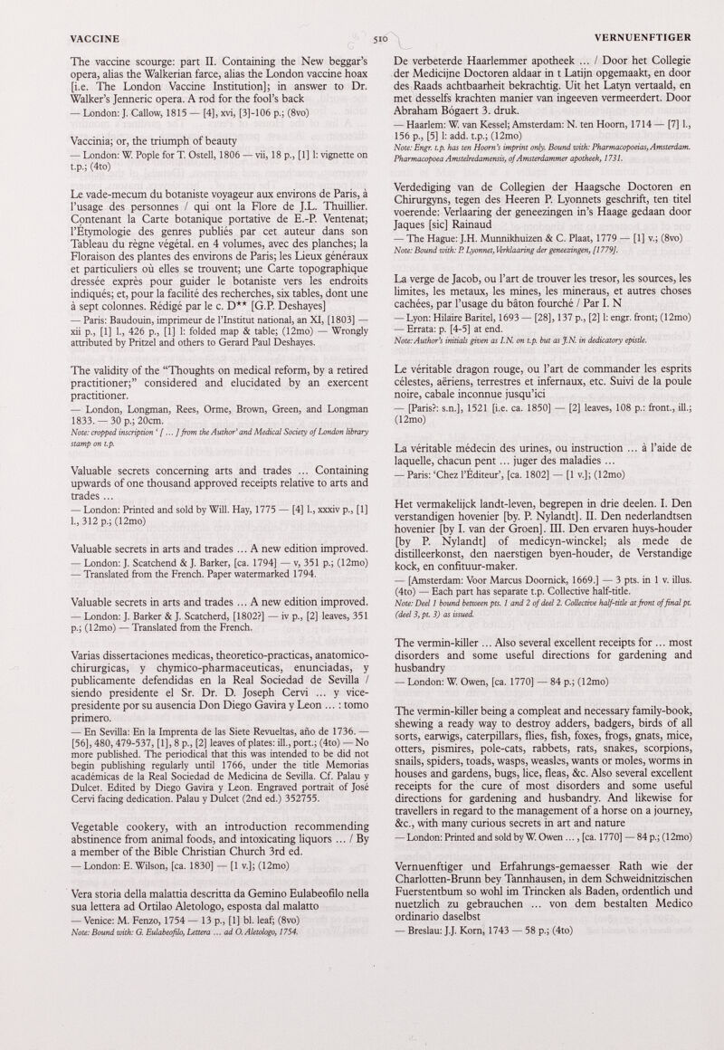 The vaccine scourge: part II. Containing the New beggar’s opera, alias the Walkerian farce, alias the London vaccine hoax [i.e. The London Vaccine Institution]; in answer to Dr. Walker’s Jenneric opera. A rod for the fool’s back — London: J. Callow, 1815 — [4], xvi, [3]-106 p.; (8vo) Vaccinia; or, the triumph of beauty — London: W. Pople for T. Ostell, 1806 — vii, 18 p., [1] 1: vignette on t.p.; (4to) Le vade-mecum du botaniste voyageur aux environs de Paris, à l’usage des personnes / qui ont la Flore de J.L. Thuillier. Contenant la Carte botanique portative de E.-P. Ventenat; l’Étymologie des genres publiés par cet auteur dans son Tableau du règne végétal, en 4 volumes, avec des planches; la Floraison des plantes des environs de Paris; les Lieux généraux et particuliers où elles se trouvent; une Carte topographique dressée exprès pour guider le botaniste vers les endroits indiqués; et, pour la facilité des recherches, six tables, dont une à sept colonnes. Rédigé par le c. D** [G.P. Deshayes] — Paris: Baudouin, imprimeur de l’Institut national, an XI, [1803] — xii p., [1] 1., 426 p., [1] 1: folded map & table; (12mo) — Wrongly attributed by Pritzel and others to Gerard Paul Deshayes. The validity of the “Thoughts on medical reform, by a retired practitioner;” considered and elucidated by an exercent practitioner. — London, Longman, Rees, Orme, Brown, Green, and Longman 1833. — 30 p.; 20cm. Note: cropped inscription ‘ [... ] from the Author’ and Medical Society of London library stamp on t.p. Valuable secrets concerning arts and trades ... Containing upwards of one thousand approved receipts relative to arts and trades ... — London: Printed and sold by Will. Hay, 1775 — [4] 1., xxxiv p., [1] 1., 312 p.; (12mo) Valuable secrets in arts and trades ... A new edition improved. — London: J. Scatchend & J. Barker, [ca. 1794] — v, 351 p.; (12mo) — Translated from the French. Paper watermarked 1794. Valuable secrets in arts and trades ... A new edition improved. — London: J. Barker & J. Scatcherd, [1802?] — iv p., [2] leaves, 351 p.; (12mo) — Translated from the French. Varias dissertaciones medicas, theoretico-practicas, anatomico- chirurgicas, y chymico-pharmaceuticas, enunciadas, y publicamente defendidas en la Real Sociedad de Sevilla / siendo presidente el Sr. Dr. D. Joseph Cervi ... y vice presidente por su ausencia Don Diego Gavira y León ... : tomo primero. — En Sevilla: En la Imprenta de las Siete Revueltas, año de 1736. - [56], 480,479-537, [1], 8 p., [2] leaves of plates: ill., port.; (4to) — No more published. The periodical that this was intended to be did not begin publishing regularly until 1766, under the title Memorias académicas de la Real Sociedad de Medicina de Sevilla. Cf. Palau y Dulcet. Edited by Diego Gavira y Leon. Engraved portrait of José Cervi facing dedication. Palau y Dulcet (2nd ed.) 352755. Vegetable cookery, with an introduction recommending abstinence from animal foods, and intoxicating liquors ... / By a member of the Bible Christian Church 3 rd ed. — London: E. Wilson, [ca. 1830] — [1 v.|: (12mo) Vera storia della malattia descritta da Gemino Eulabeofilo nella sua lettera ad Ortilao Aletologo, esposta dal malatto — Venice: M. Fenzo, 1754 — 13 p., [1] bl. leaf; (8vo) Note: Bound with: G. Eulabeofilo, Lettera ... ad O. Aletologo, 1754. De verbeterde Haarlemmer apotheek ... / Door het Collegie der Medicijne Doctoren aldaar in t Latijn opgemaakt, en door des Raads achtbaarheit bekrachtig. Uit het Latyn vertaald, en met desselfs krachten manier van ingeeven vermeerdert. Door Abraham Bôgaert 3 . druk. — Haarlem: W. van Kessel; Amsterdam: N. ten Hoorn, 1714 — [7] 1., 156 p., [5] 1: add. t.p.; (12mo) Note: Engr. t.p. has ten Hoorn’s imprint only. Bound with: Pharmacopoeias, Amsterdam. Pharmacopoea Amstelredamensis, of Amsterdammer apotheek, 1731. Verdediging van de Collégien der Haagsche Doctoren en Chirurgyns, tegen des Heeren P. Lyonnets geschrift, ten titel voerende: Verlaaring der geneezingen in’s Haage gedaan door Jaques [sic] Rainaud — The Hague: J.H. Munnikhuizen & C. Plaat, 1779 — [1] v.; (8vo) Note: Bound with: P Lyonnet, Verklaaring der geneezingen, [1779]. La verge de Jacob, ou l’art de trouver les trésor, les sources, les limites, les métaux, les mines, les mineraus, et autres choses cachées, par l’usage du bâton fourché / Par I. N — Lyon: Hilaire Baritel, 1693 — [28], 137 p., [2] 1: engr. front; (12mo) — Errata: p. [4-5] at end. Note: Author’s initials given as I.N. on t.p. but as J. N. in dedicatory epistle. Le véritable dragon rouge, ou l’art de commander les esprits célestes, aériens, terrestres et infernaux, etc. Suivi de la poule noire, cabale inconnue jusqu’ici — [Paris?: s.n.], 1521 [i.e. ca. 1850] — [2] leaves, 108 p.: front., ill.; (12mo) La véritable médecin des urines, ou instruction ... à l’aide de laquelle, chacun pent ... juger des maladies ... — Paris: ‘Chez l’Éditeur’, [ca. 1802] — [1 v.]; (12mo) Het vermakelijck landt-leven, begrepen in drie deelen. I. Den verständigen hovenier [by. P. Nylandt]. II. Den nederlandtsen hovenier [by I. van der Groen]. III. Den ervaren huys-houder [by P. Nylandt] of medicyn-winckel; als mede de distilleerkonst, den naerstigen byen-houder, de Verständige kock, en confituur-maker. — [Amsterdam: Voor Marcus Doornick, 1669.] — 3 pts. in 1 v. illus. (4to) — Each part has separate t.p. Collective half-title. Note: Deel 1 bound between pts. 1 and 2 of deel 2. Collective half-title at front of final pt. (deel 3, pt. 3) as issued. The vermin-killer ... Also several excellent receipts for ... most disorders and some useful directions for gardening and husbandry — London: W. Owen, [ca. 1770] — 84 p.; (12mo) The vermin-killer being a compleat and necessary family-book, shewing a ready way to destroy adders, badgers, birds of all sorts, earwigs, caterpillars, flies, fish, foxes, frogs, gnats, mice, otters, pismires, pole-cats, rabbets, rats, snakes, scorpions, snails, spiders, toads, wasps, weasles, wants or moles, worms in houses and gardens, bugs, lice, fleas, &c. Also several excellent receipts for the cure of most disorders and some useful directions for gardening and husbandry. And likewise for travellers in regard to the management of a horse on a journey, &c., with many curious secrets in art and nature — London: Printed and sold by W. Owen ..., [ca. 1770] — 84 p.; (12mo) Vernuenftiger und Erfahrungs-gemaesser Rath wie der Charlotten-Brunn bey Tannhausen, in dem Schweidnitzischen Fuerstentbum so wohl im Trincken als Baden, ordentlich und nuetzlich zu gebrauchen ... von dem bestalten Medico ordinario daselbst — Breslau: J.J. Korn, 1743 — 58 p.; (4to)